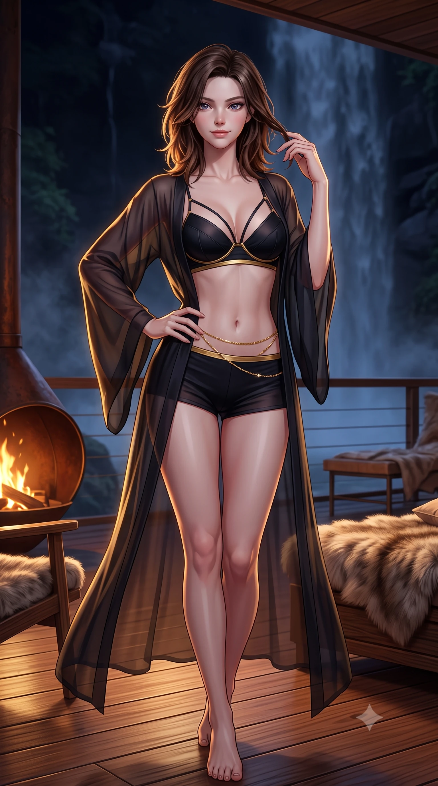 score_9, masterpiece, best quality, ultra-detailed, high-budget anime keyframe, semi-realistic 3D game render, editorial fashion photography, tasteful artistic composition, Korean woman. close-up cowboy shot from the waist and thighs up, the character dominates the composition, filling the frame with her large presence. twisting her slender torso in an alluring contrapposto stance, one hand resting on her sculpted hip while her fingers toy with her hair with effortless poise while standing poised on the cantilevered teak platform as midnight waterfall mist drifts around her silhouette, arching her spine with sovereign seductive grace. The surrounding environment is rendered in vivid detail and crisp panoramic clarity: sharp teak boardwalk grain, oxidized steel fireplace curves, and plush natural hide hair textures in deep focus. She has an exceptionally elegant, slender, and willowy female figure with an ultra-slim waist, flat toned midriff, narrow ribcage, and sculpted feminine hips creating an alluring, slim hourglass silhouette without bulk. sharp v-shaped jawline, high-bridge nose, intricate jewel-like sparkling eyes with depth, thick eyelashes, glossy parted lips with a natural peach sheen, bright cheerful beaming smile with an enchanting and coquettish sensual glint, exuding both youthful cute charm and seductive allure, flawlessly proportioned anatomical accuracy, strict slender model proportions, natural body alignment, perfectly sculpted long slender limbs, ultra-slim waistline, clean dynamic posture without body distortion. wearing an ethereal translucent silk chiffon yukata robe slipping off bare shoulders over a strappy underwire bralette and micro-shorts in Shanghai noir black and imperial 24k gold, made of sheer gossamer chiffon that drapes softly against skin with airy translucence, accented with a dainty gold belly chain resting across her flat midriff and curving hips, the form-contouring silhouette accentuating her sculpted flat midriff, narrow delicate ribcage, and gracefully curvy hips with intoxicating allure. illuminated by teak floor bounce and sharp flame-gold rim lights defining her razor-sharp jawline, narrow waist, and curvy hips. highly saturated vibrant anime colors, detailed shading with soft gradients, rich glossy textures, high-contrast stereoscopic depth, volumetric dynamic lighting, master piece, 9:16 ratio