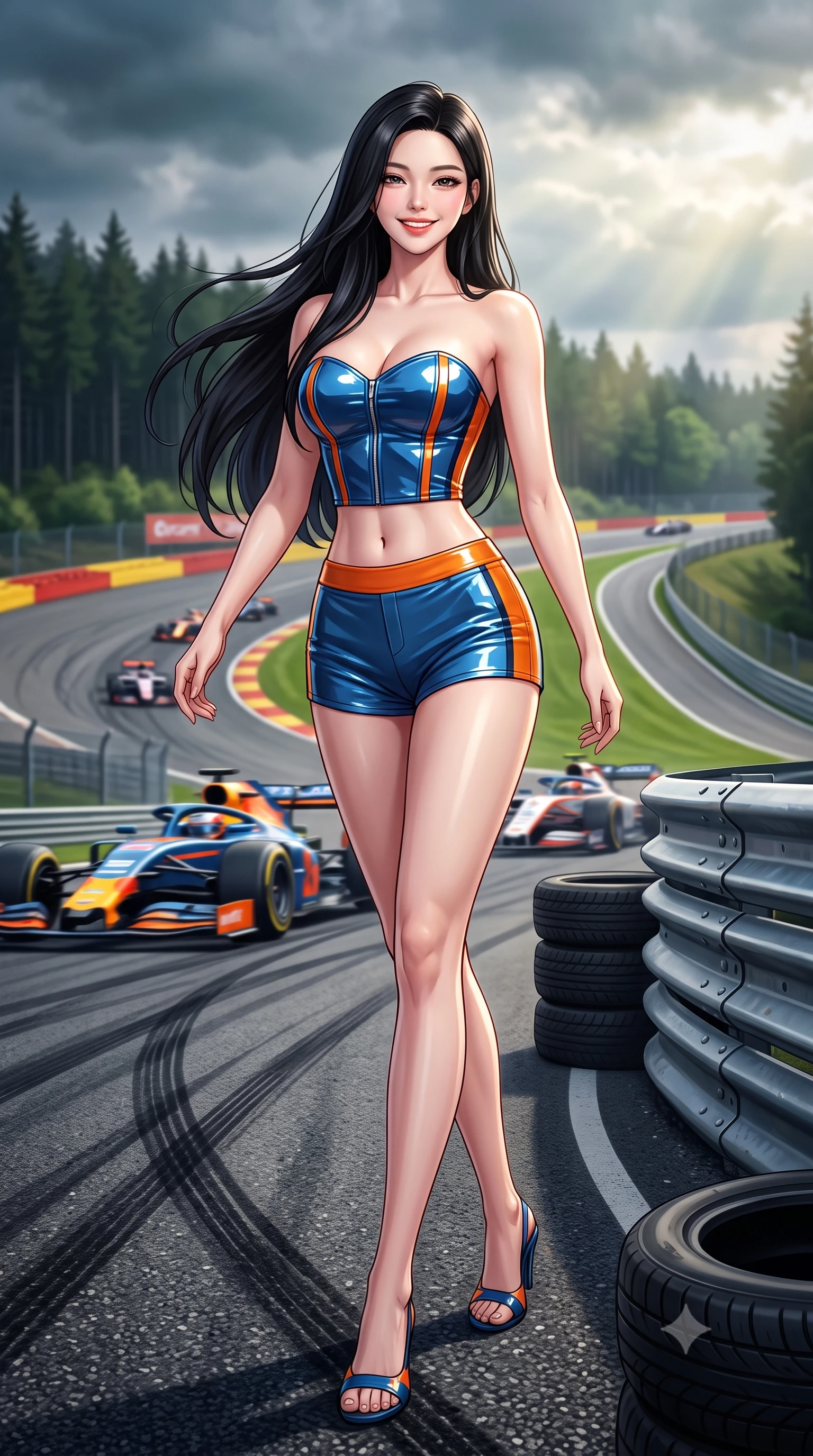 score_9, masterpiece, best quality, ultra-detailed, high-budget anime keyframe, semi-realistic 3D game render, editorial fashion photography, tasteful artistic composition, Korean woman. low angle full-body shot from head to toe showing her feet, filling the entire 9:16 vertical frame with her statuesque presence, stretching her vertical silhouette. stepping forward gracefully across the paddock tarmac in mid-motion with a radiant beaming smile, hips swaying in an alluring kinetic rhythm that accentuates her curvy hourglass silhouette and long slender legs while twisting her slender torso in an alluring S-curve as race cars compress through the legendary corner, wind sculpting her suit to her curves. The surrounding environment is rendered in vivid detail and crisp panoramic clarity: sharp rubber skid mark patterns on tarmac, tire stack texture, and steel safety barrier rivets in deep focus. She has an absolutely perfect, statuesque 8.5-heads proportion, an exceptionally tall and slender model-like female figure with impossibly long slender legs, an ultra-slim waist, a flat toned midriff, narrow delicate ribcage, and beautifully sculpted feminine hips creating a graceful, slim hourglass silhouette without any bulky heaviness. sharp v-shaped jawline, high-bridge nose, sparkling eyes with athletic focus and depth, thick curled eyelashes, glossy parted lips with a natural coral-peach sheen, bright confident and coquettish smile with alluring bedroom-eyes, exuding both youthful sporty vigor and sovereign high-society glamour, flawlessly proportioned anatomical accuracy, strict slender model proportions, natural body alignment, perfectly sculpted long slender limbs, ultra-slim waistline, clean dynamic posture without body distortion. wearing a strapless structured leather corset top with racing stripe accents paired with high-waisted track shorts in vintage Porsche Gulf blue and vibrant race orange, made of high-gloss reflective patent leather with mirror-like specular highlights, finished with contrasting racing stripe tape and subtle checkered flag embroidery, the liquid-tight tailored fabric clinging flawlessly to her narrow waist and rounded feminine hips, emphasizing every millimeter of her sculpted slim hourglass curves without any bulky heaviness. bathed in dynamic shifting Ardennes sunbeams breaking through moody forest clouds. highly saturated vibrant anime colors, detailed shading with soft gradients, rich glossy textures, high-contrast stereoscopic depth, volumetric dynamic lighting, master piece, 9:16 ratio