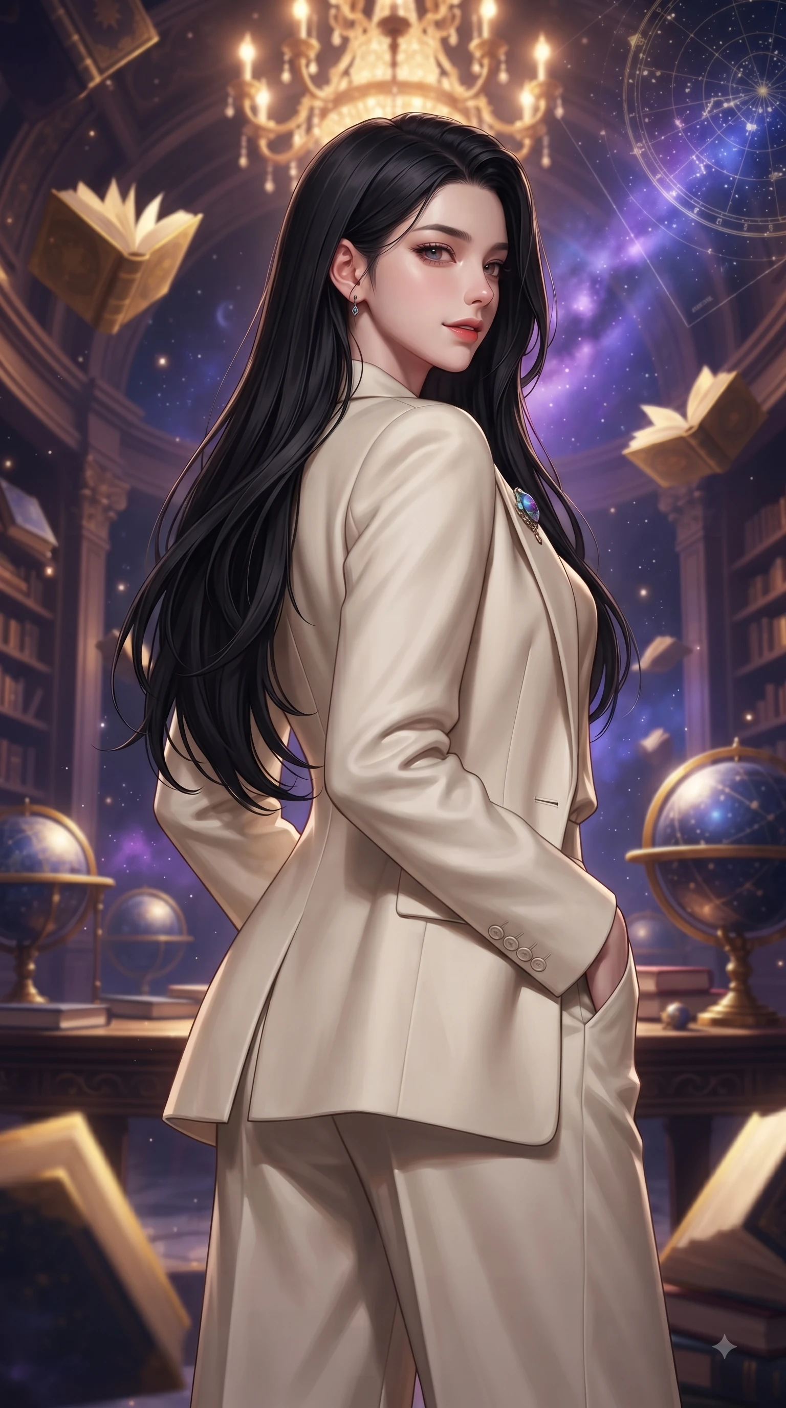 score_9, masterpiece, best quality, ultra-detailed, high-budget anime keyframe, editorial fashion photography, tasteful artistic composition, Korean woman woman. close-up cowboy shot from the waist and thighs up, the character dominates the composition, filling the frame with her large presence, background elements kept in soft focus. She has an exceptionally elegant, slender, and willowy female figure with an ultra-slim waist, a gracefully sculpted slender torso, and a refined silhouette. glancing sidelong over her shoulder with a smoldering, magnetic half-smile, flawlessly proportioned anatomical accuracy, natural body alignment, perfectly sculpted elegant limbs, clean dynamic posture without body distortion. set against a soft-focus background of a grand baroque library with floating golden books and star charts. wearing a tailored cream wool blazer over an oatmeal silk camisole and wide-leg trousers. bathed in warm ambient chandelier glow contrasting with deep space nebula purple light. ultra-reflective glossy finish, specular highlights, metallic sheen, high-contrast stereoscopic depth, volumetric dynamic lighting, 2k, ultra detail, master piece, 9:16 ratio