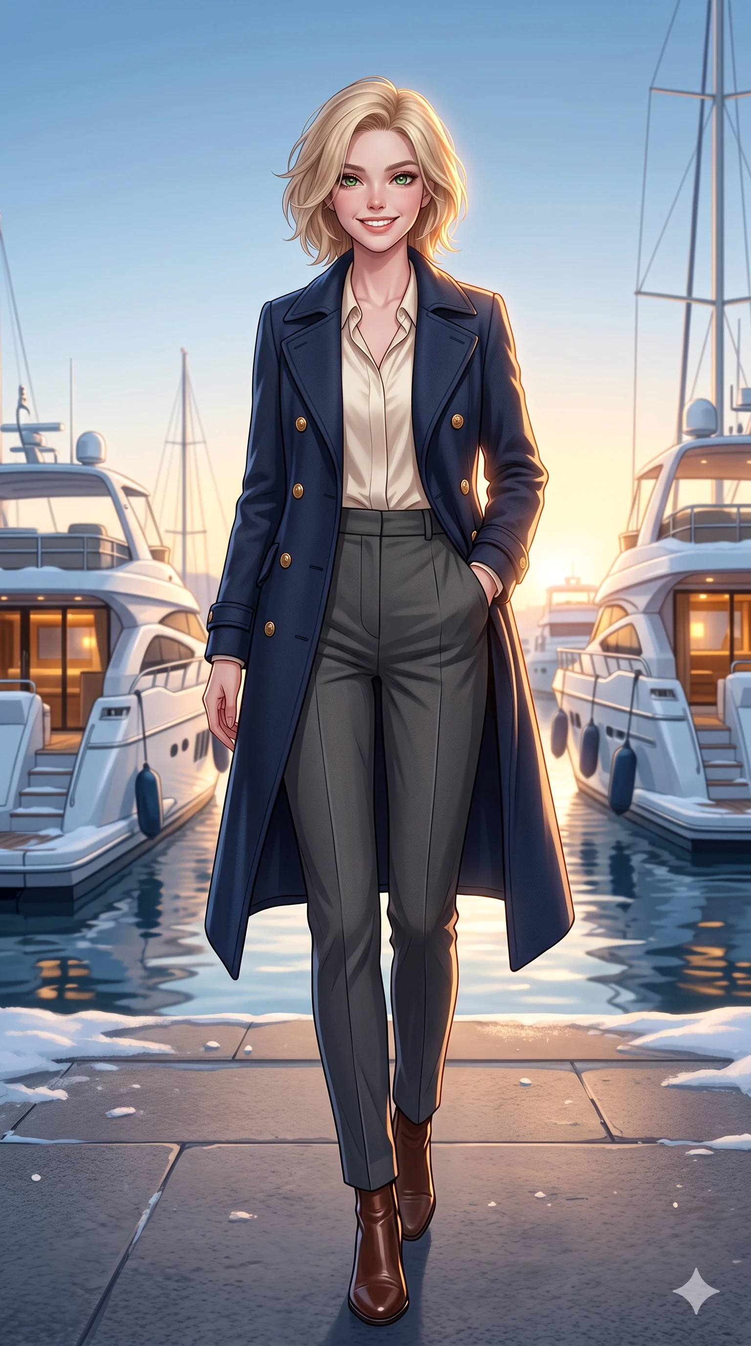 score_9, masterpiece, best quality, ultra-detailed, high-budget anime keyframe, vibrant anime aesthetic, Caucasian woman, strictly human ears. low angle full-body shot from head to toe showing her feet, filling the entire 9:16 vertical frame with her statuesque presence, stretching her vertical silhouette. She is standing proud in the winter sun, her lips curved in a warm, lively grin by a harbor promenade with white luxury yachts in the winter sun (Code-P21-036). She has an absolutely perfect 8-heads proportion, an exceptionally tall and slender female figure with impossibly long slender legs and an ultra-slim waist. V-shaped jawline, high-bridge nose, intricate jewel-like eyes with depth, thick eyelashes, glossy lips with a natural sheen. wearing a double-breasted wool coat over a blouse and tailored pants in winter. She is soft golden twilight glow mixed with warm cabin lights, tracing her eyelashes. 2k, ultra detail, master piece, 9:16 ratio