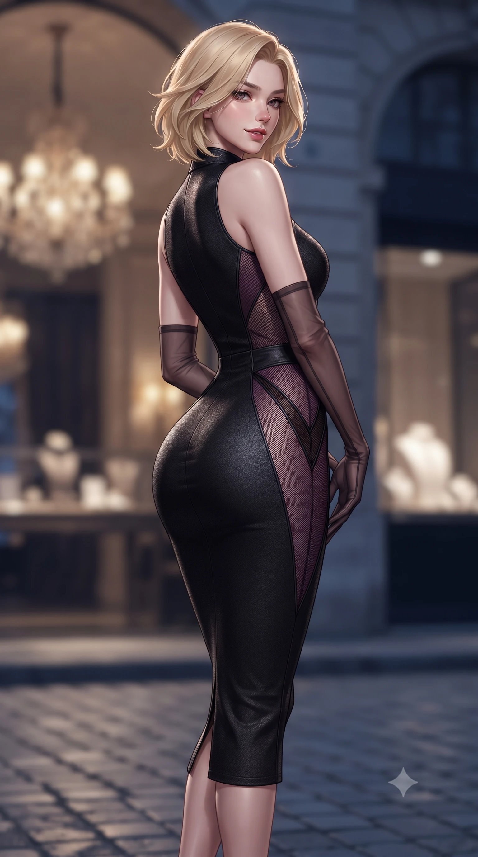 score_9, masterpiece, best quality, ultra-detailed, high-budget anime keyframe, editorial fashion photography, tasteful artistic composition, Caucasian woman. low angle full-body shot from head to toe showing her feet, filling the entire 9:16 vertical frame with her statuesque presence, stretching her vertical silhouette. posing with back turned slightly to the lens, glancing back with an intoxicating, dangerous smile as she arches her lower back to emphasize her sculpted feminine hips and slender waist while posing in an alluring rear three-quarter angle with back turned slightly to Paris night, glancing over her shoulder with an intoxicating, aristocratic gaze. The composition keeps background elements in soft focus with dreamy creamy bokeh. the historic square's quiet midnight cobblestones and luxury jewelry salon windows softened in romantic Parisian shallow focus. She has an exceptionally tall and slender model-like 8.5-heads proportion, an ultra-slim waist, a flat toned midriff, narrow delicate ribcage, and beautifully sculpted feminine hips creating a graceful, slim hourglass silhouette without any bulky heaviness, with impossibly long slender legs. sharp v-shaped jawline, high-bridge nose, intricate jewel-like dark sparkling eyes with dangerous depth, thick curled eyelashes, glossy parted lips with a rich wine sheen, smoldering seductive half-smile with bedroom-eyes, exuding effortless superiority and intoxicating dark allure, flawlessly proportioned anatomical accuracy, strict slender model proportions, natural body alignment, perfectly sculpted long slender limbs, ultra-slim waistline, clean dynamic posture without body distortion. wearing a high-neck sleeveless bodycon dress in textured matte obsidian with side-torso semi-sheer mesh inserts in rich plum violet and deep onyx black, tailored from fine lightweight midnight wool crepe with crisp architectural structure, complemented by sheer dark opera gloves reaching past her elbows, the high-waisted tailoring accentuating her ultra-slim waistline and the enchanting curve of her feminine hips with alluring dark charm. bathed in soft interior suite golden chandelier spill and cool midnight Parisian sky ambient fill. ultra-reflective glossy finish, specular highlights, rich textural contrasts, high-contrast stereoscopic depth, volumetric dynamic lighting, 2k, ultra detail, master piece, 9:16 ratio