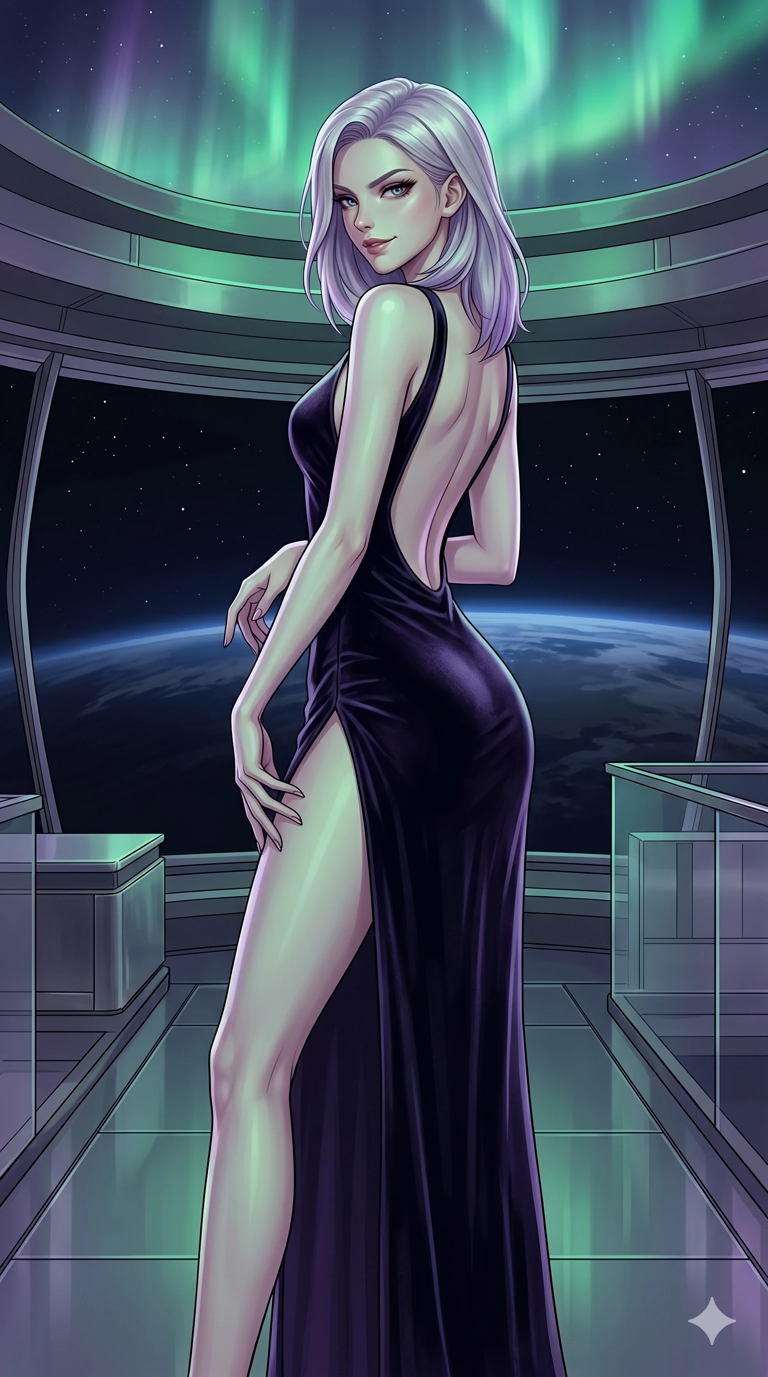 score_9, masterpiece, best quality, ultra-detailed, high-budget anime keyframe, editorial fashion photography, tasteful artistic composition, Caucasian woman, strictly human ears. cowboy shot from the thighs up, character and outfit filling the frame for maximum editorial presence. glancing sidelong over her shoulder with a sharp, venomous smirk, her posture radiating calculating malice at a VIP lounge of an orbital space station overlooking the dark Earth (Scenario Code H-47). She has an absolutely perfect 8-heads proportion, an exceptionally tall and slender female figure with impossibly long slender legs and an ultra-slim waist. V-shaped jawline, high-bridge nose, intricate jewel-like eyes with depth, thick eyelashes, glossy lips with a natural sheen. wearing a floor-length dark velvet gown with a daring high side slit to the hip and a completely scooped open-back. illuminated by a shifting aurora light from above, casting cold green and violet tones. 2k, ultra detail, master piece, 9:16 ratio