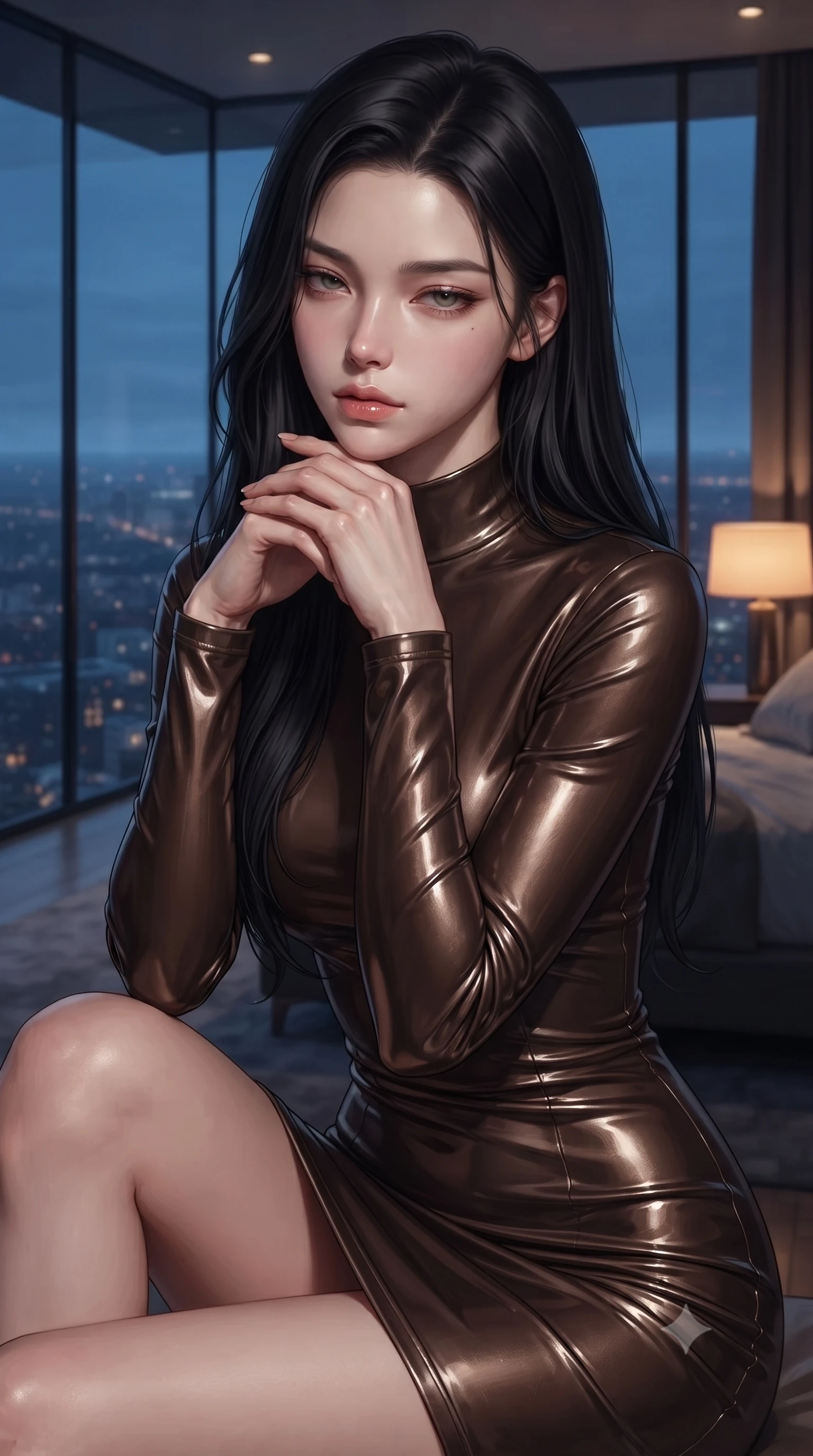 score_9, masterpiece, best quality, ultra-detailed, high-budget anime keyframe, editorial fashion photography, tasteful artistic composition, Korean woman woman. close-up cowboy shot from the waist and thighs up, the character dominates the composition, filling the frame with her large presence, background elements kept in soft focus. resting her chin on the backs of her fingers, casting a heavy-lidded, sultry look past the camera the background shows a soft-focus a private penthouse bedroom with floor-to-ceiling glass walls overlooking a distant city grid. She has an exceptionally elegant, slender, and willowy female figure with an ultra-slim waist, a gracefully sculpted slender torso, and a refined silhouette. sharp v-shaped jawline, high-bridge nose, intricate jewel-like eyes with depth, thick eyelashes, glossy lips with a natural sheen. wearing a tailored form-contouring long-sleeve mock-neck dress in rich espresso brown, detailed with a glove-like fit. cool blue city twilight key light contrasting with the warm amber glow of a bedside lamp. ultra-reflective glossy finish, specular highlights, metallic sheen, high-contrast stereoscopic depth, volumetric dynamic lighting, 2k, ultra detail, master piece, 9:16 ratio