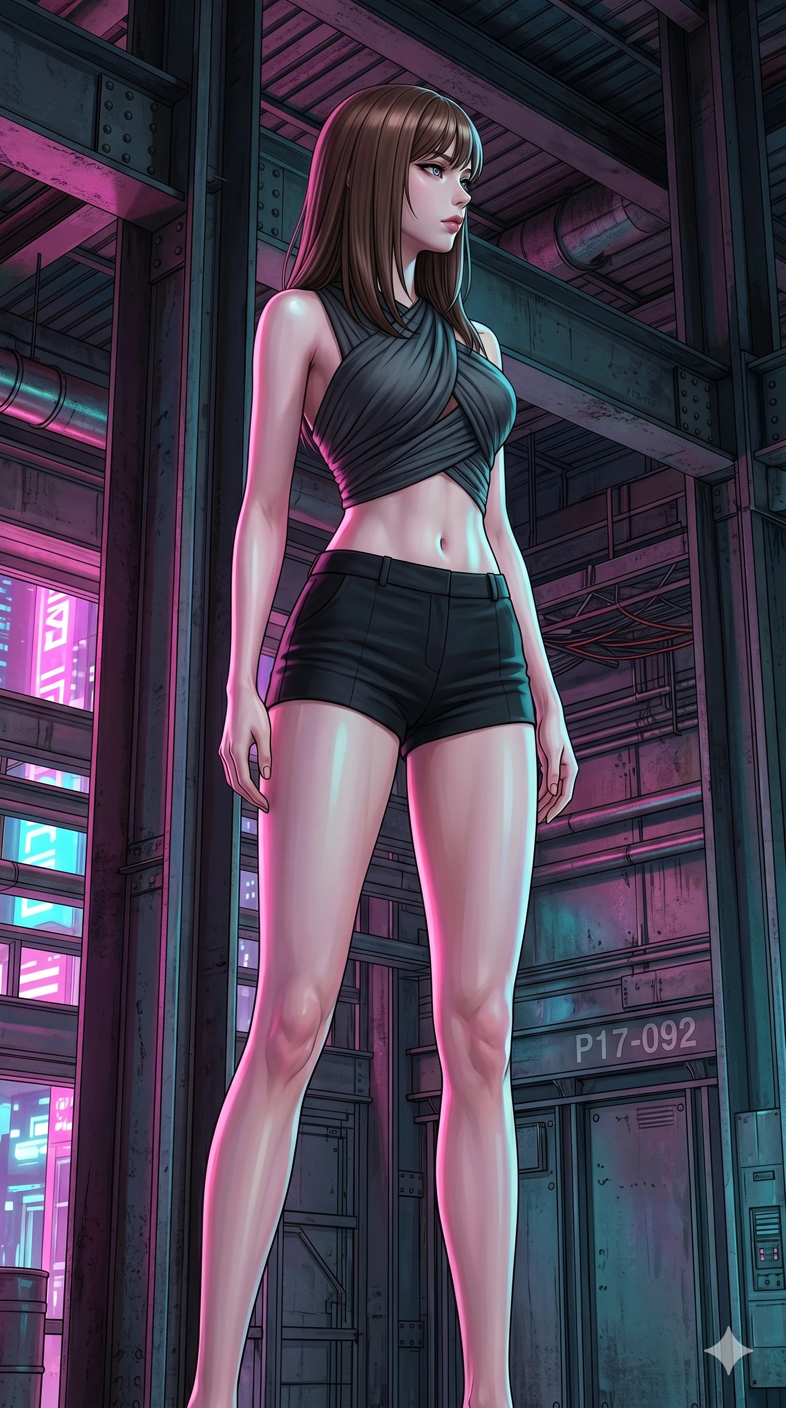 score_9, masterpiece, best quality, ultra-detailed, high-budget anime keyframe, editorial fashion photography, tasteful artistic composition, Korean woman. cowboy shot from the thighs up, character and outfit filling the frame for maximum editorial presence. standing proud, her face turned in sharp profile, casting a cold and mysterious gaze inside an industrial warehouse with steel beams (Code-P17-092). She has an absolutely perfect 8-heads proportion, an exceptionally tall and slender female figure with impossibly long slender legs and an ultra-slim waist. V-shaped jawline, high-bridge nose, intricate jewel-like eyes with depth, thick eyelashes, glossy lips with a natural sheen. wearing a wrap top showing her bare midriff paired with micro-shorts. vibrant magenta and cyan city lights casting colorful specular highlights on her skin. 2k, ultra detail, master piece, 9:16 ratio