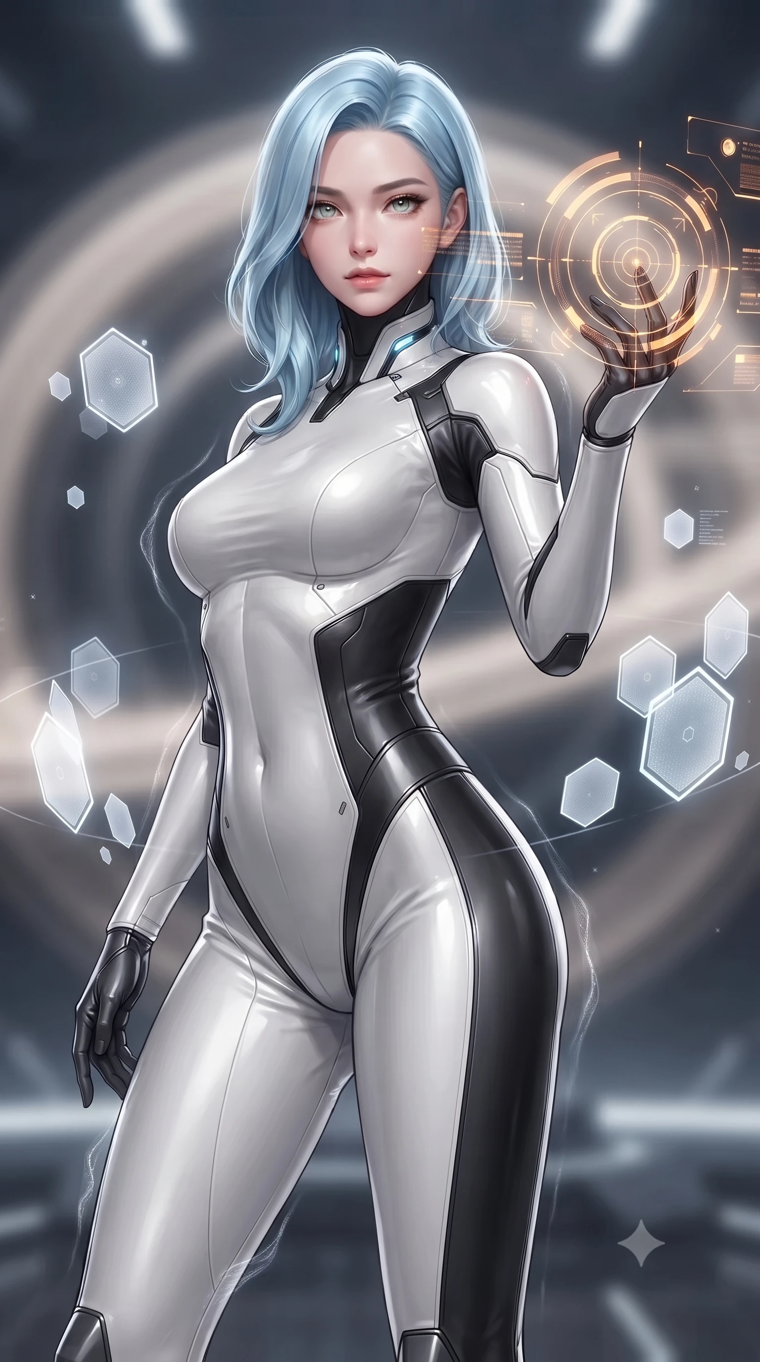 score_9, masterpiece, best quality, ultra-detailed, high-budget anime keyframe, editorial fashion photography, tasteful artistic composition, Korean woman. close-up cowboy shot from the waist and thighs up, the character dominates the composition, filling the frame with her large presence. extending one arm gracefully as glowing holographic targeting reticles and data streams orbit her fingertips with sovereign power while drifting gracefully through a field of orbiting micro-shields as gravitational distortion waves ripple around her contour. The composition keeps background elements in soft focus with creamy bokeh. gravitational containment rings and starship bridge architecture softened in smooth cosmic depth. She has an exceptionally elegant, slender, and willowy female figure with an ultra-slim waist, a gracefully sculpted slender torso, toned flat midriff, and a refined slim silhouette. sharp v-shaped jawline, high-bridge nose, intricate jewel-like eyes with depth, thick eyelashes, glossy lips with a natural sheen, flawlessly proportioned anatomical accuracy, strict slender model proportions, natural body alignment, perfectly sculpted long slender limbs, ultra-slim waistline, clean dynamic posture without body distortion. wearing a high-contrast monochrome white-and-black carbon-composite exoskeleton suit with glowing amber circuitry, deploying floating hexagonal holographic energy shields with sovereign grace in monochrome white enamel carbon with high-contrast black panels, crafted from ultra-strong woven carbon-fiber composite with a satin luster, featuring a sleek aerodynamic collar framed by subtle glowing cybernetic status LEDs, the form-contouring material adhering flawlessly to her sculpted flat midriff and slender torso, emphasizing her long leg lines and perfectly proportioned willowy build. illuminated by intense directional rim lights sharply defining her ultra-slim waist, long legs, and flat midriff. ultra-reflective glossy finish, specular highlights, dark metallic sheen, high-contrast stereoscopic depth, volumetric dynamic lighting, 2k, ultra detail, master piece, 9:16 ratio