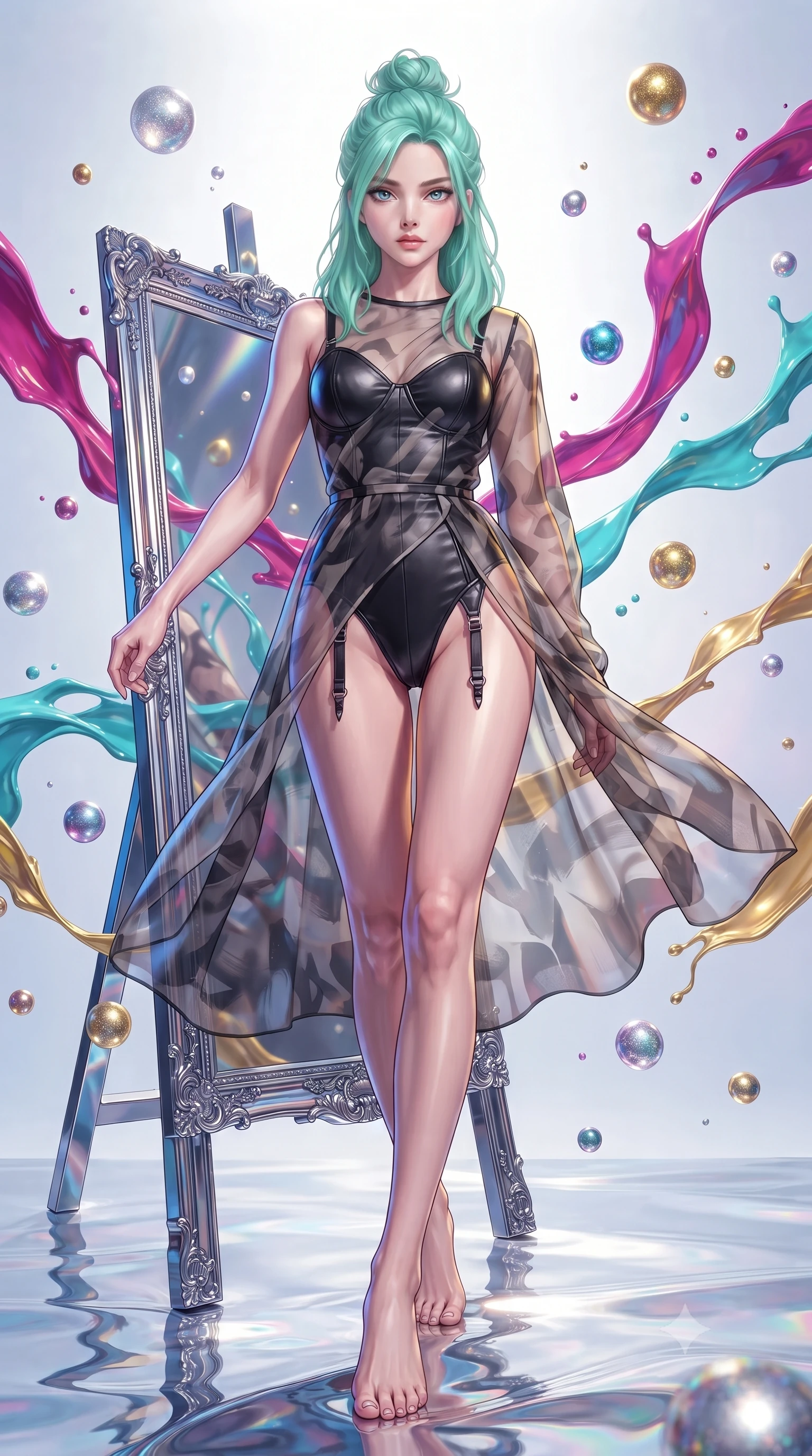 score_9, masterpiece, best quality, ultra-detailed, high-budget anime keyframe, editorial fashion photography, tasteful artistic composition, Japanese woman. low angle full-body shot from head to toe showing her feet, filling the entire 9:16 vertical frame with her statuesque presence, stretching her vertical silhouette. stepping forward with proud posture, filling the vertical frame with her magnetic presence leaning against a mirrored easel surrounded by suspended pigment spheres, swirling ribbons of magenta, turquoise, and gold liquid paint in zero-gravity. She has an absolutely perfect, statuesque 8.5-heads proportion, an exceptionally tall and slender model-like female figure with impossibly long slender legs and an ultra-slim waist. sharp v-shaped jawline, high-bridge nose, intricate jewel-like eyes with depth, thick eyelashes, glossy lips with a natural sheen. wearing a semi-opaque sheer overlay dress over a sleek leather micro-bodysuit with garter details, the tailored fabric tightly following every curve of her athletic build. drenched in bright white key light with colorful prismatic rim lighting. ultra-reflective glossy finish, specular highlights, metallic sheen, high-contrast stereoscopic depth, volumetric dynamic lighting, 2k, ultra detail, master piece, 9:16 ratio
