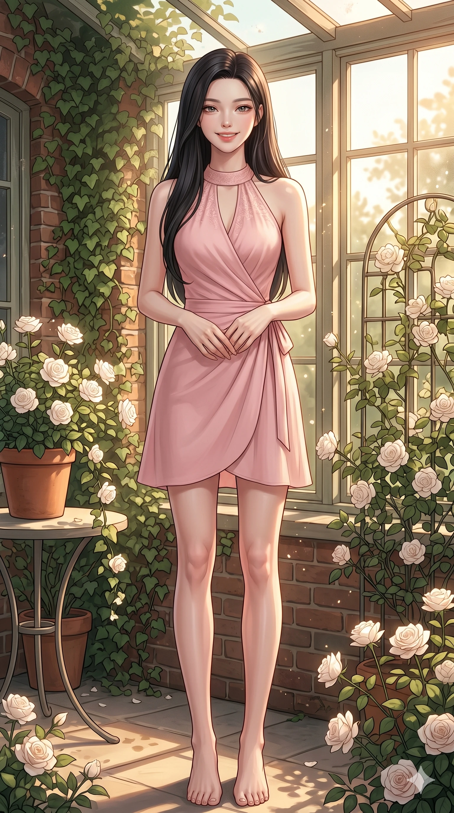 score_9, masterpiece, best quality, ultra-detailed, high-budget anime keyframe, editorial fashion photography, tasteful artistic composition, Korean woman. cowboy shot from the thighs up, character and outfit filling the frame for maximum editorial presence. smiling warmly with a serene and cheerful gaze, looking directly at the viewer inside a sun-drenched sunroom filled with climbing ivy and white roses. She has an absolutely perfect 8-heads proportion, an exceptionally tall and slender female figure with impossibly long slender legs and an ultra-slim waist. V-shaped jawline, high-bridge nose, intricate jewel-like eyes with depth, thick eyelashes, glossy lips with a natural sheen. wearing a soft pink wrap dress with a graceful halter neck and bare shoulders. bathed in warm golden hour light pouring through the windows, creating a soft glowing atmosphere. 2k, ultra detail, master piece, 9:16 ratio