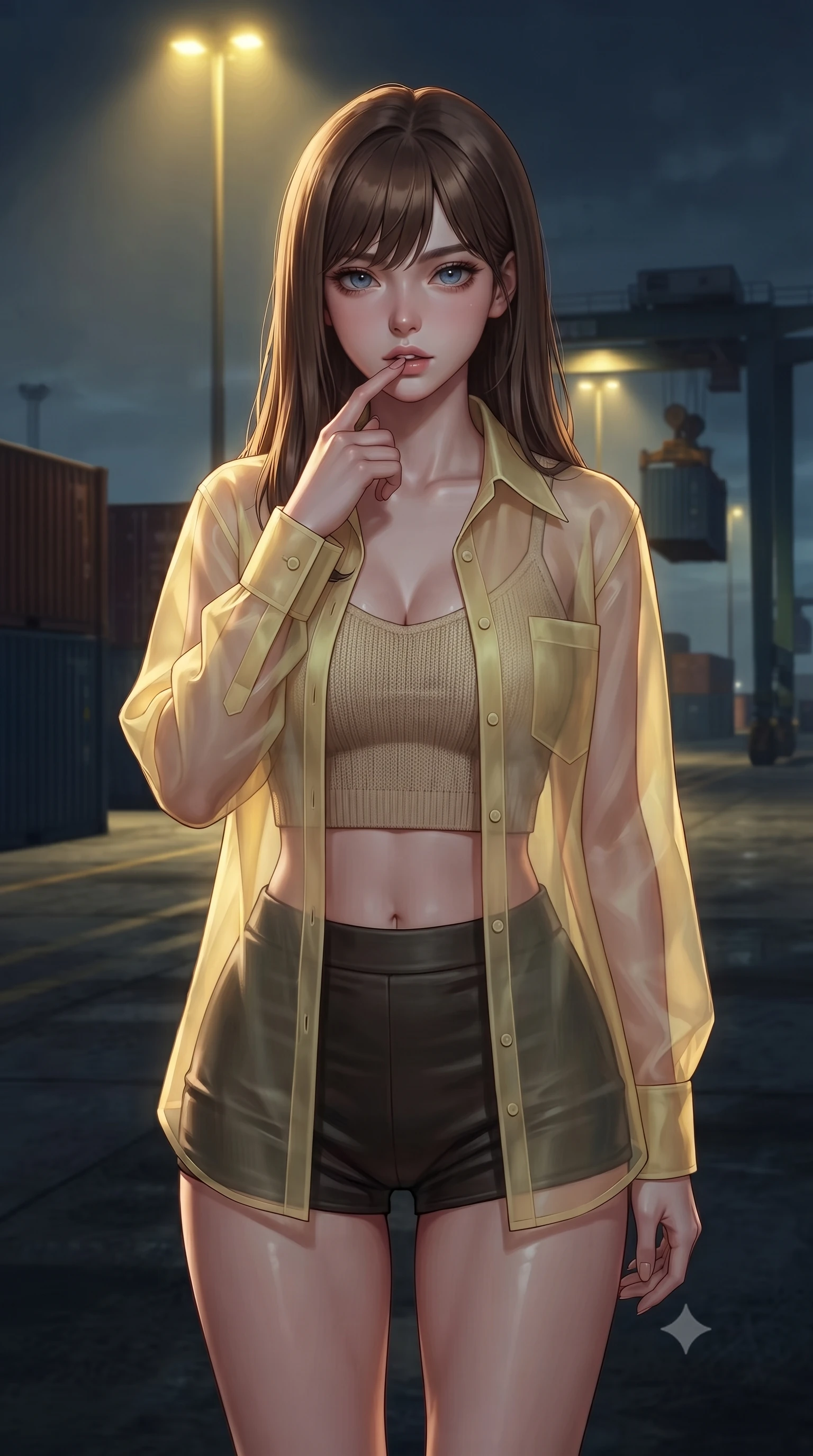 score_9, masterpiece, best quality, ultra-detailed, high-budget anime keyframe, editorial fashion photography, tasteful artistic composition, Korean woman. close-up cowboy shot from the waist and thighs up, the character dominates the composition, filling the frame with her large presence, background elements kept in soft focus. pressing one finger to her bottom lip in a thoughtful, seductive gesture under the warm sun the background shows a soft-focus a dark industrial docks area with shipping containers and automated cargo cranes. She has an exceptionally elegant, slender, and willowy female figure with an ultra-slim waist, a gracefully sculpted slender torso, and a refined silhouette. sharp v-shaped jawline, high-bridge nose, intricate jewel-like eyes with depth, thick eyelashes, glossy lips with a natural sheen. wearing a tailored sheer organza shirt in pale yellow worn open over a knit crop top and micro-shorts. harsh sodium yellow spotlights casting long dramatic industrial shadows. ultra-reflective glossy finish, specular highlights, metallic sheen, high-contrast stereoscopic depth, volumetric dynamic lighting, 2k, ultra detail, master piece, 9:16 ratio