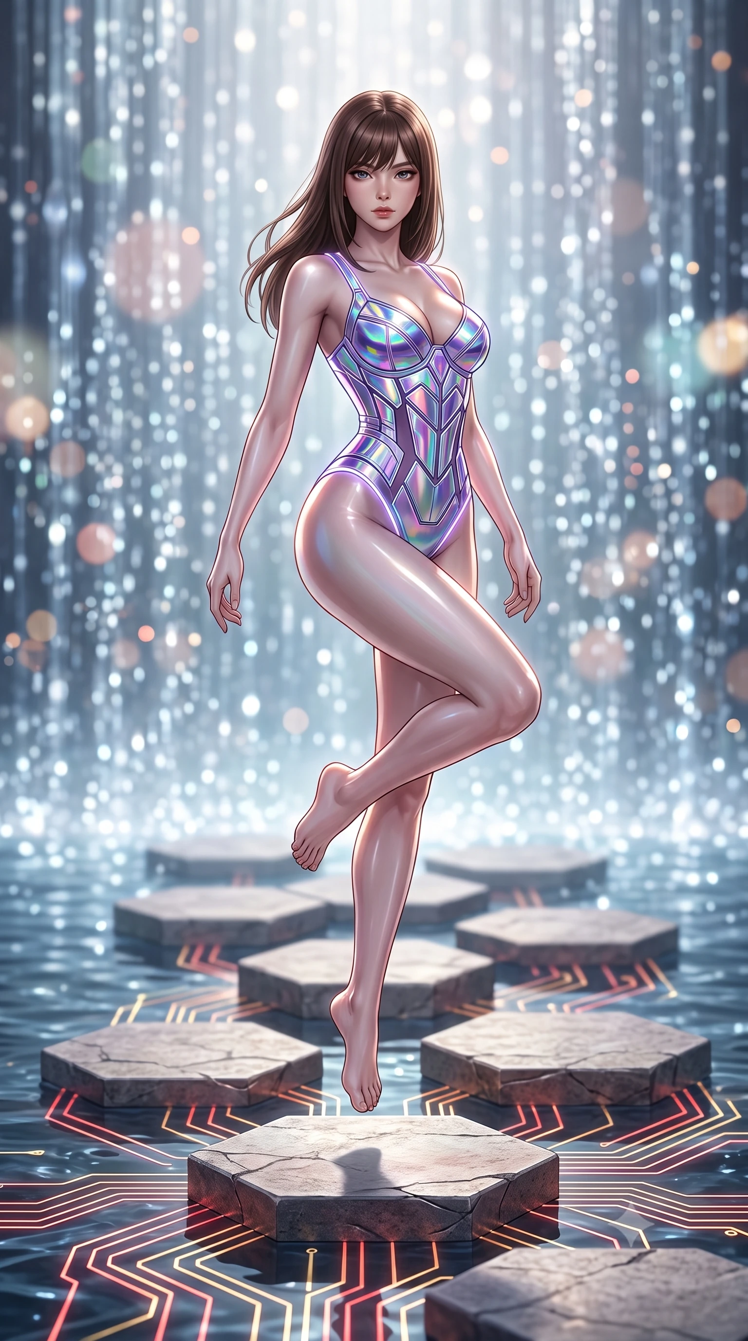 score_9, masterpiece, best quality, ultra-detailed, high-budget anime keyframe, editorial fashion photography, tasteful artistic composition, Korean woman. low angle full-body shot from head to toe showing her feet, filling the entire 9:16 vertical frame with her statuesque presence, stretching her vertical silhouette. performing an alluring mid-air vault with flawless poise, looking directly into the camera with regal, divine intensity while pivoting dynamically on a floating hexagonal stone platform as glowing red and gold circuit lines ripple through the water. The composition keeps background elements in soft focus with creamy bokeh. sparkling water matrix light motes creating a soft, luminous background curtain. She has an absolutely perfect, statuesque 8.5-heads proportion, an exceptionally tall and slender model-like female figure with impossibly long slender legs, a toned flat midriff, and an ultra-slim waist. sharp v-shaped jawline, high-bridge nose, intricate jewel-like eyes with depth, thick eyelashes, glossy lips with a natural sheen, flawlessly proportioned anatomical accuracy, strict slender model proportions, natural body alignment, perfectly sculpted long slender limbs, ultra-slim waistline, clean dynamic posture without body distortion. wearing a precision-tailored holographic cyber-corset with geometric iridescent plating and an ultra-slim waist-cinching silhouette in iridescent holographic chrome with prism violet highlights, made of liquid jersey fabric that clings flawlessly to every contour of her build, accented with glowing fiber-optic seams tracing her collarbones and hip curves, the sleek second-skin cut tightly hugging her graceful clavicle, narrow waist, and feminine curves with athletic precision. illuminated by crisp specular highlights tracing her sculpted flat midriff, waist, and long slender legs. ultra-reflective glossy finish, specular highlights, dark metallic sheen, high-contrast stereoscopic depth, volumetric dynamic lighting, 2k, ultra detail, master piece, 9:16 ratio