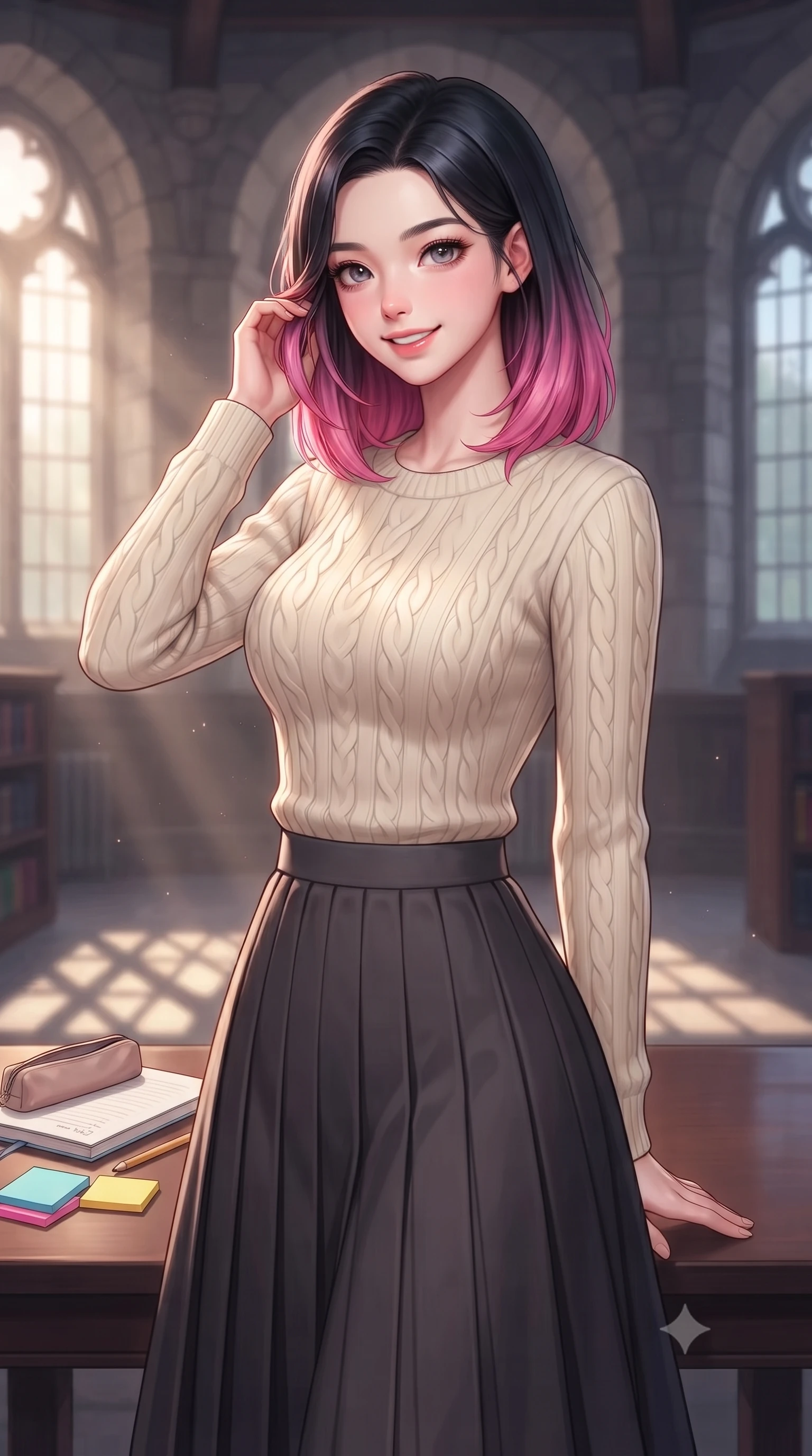 score_9, masterpiece, best quality, ultra-detailed, high-budget anime keyframe, editorial fashion photography, tasteful artistic composition, Korean woman. close-up cowboy shot from the waist and thighs up, the character dominates the composition, filling the frame with her large presence, background elements kept in soft focus. smiling cutely while gently brushing a strand of hair behind her ear set against a soft-focus background of inside a historic municipal library room with arched stone windows with a cute notebook, a pencil case, and colorful sticky notes on the table. She has an exceptionally elegant, slender, and willowy female figure with an ultra-slim waist, a gracefully sculpted slender torso, and a refined silhouette. sharp v-shaped jawline, high-bridge nose, intricate jewel-like eyes with depth, thick eyelashes, glossy lips with a natural sheen. wearing form-contouring preppy cable-knit sweater in cream, paired with a pleated midi skirt in charcoal. soft morning sunbeams casting long shadows of window frames on the floor. highly saturated vibrant anime colors, detailed shading with soft gradients, rich glossy textures, high-contrast stereoscopic depth, volumetric dynamic lighting, master piece, 9:16 ratio