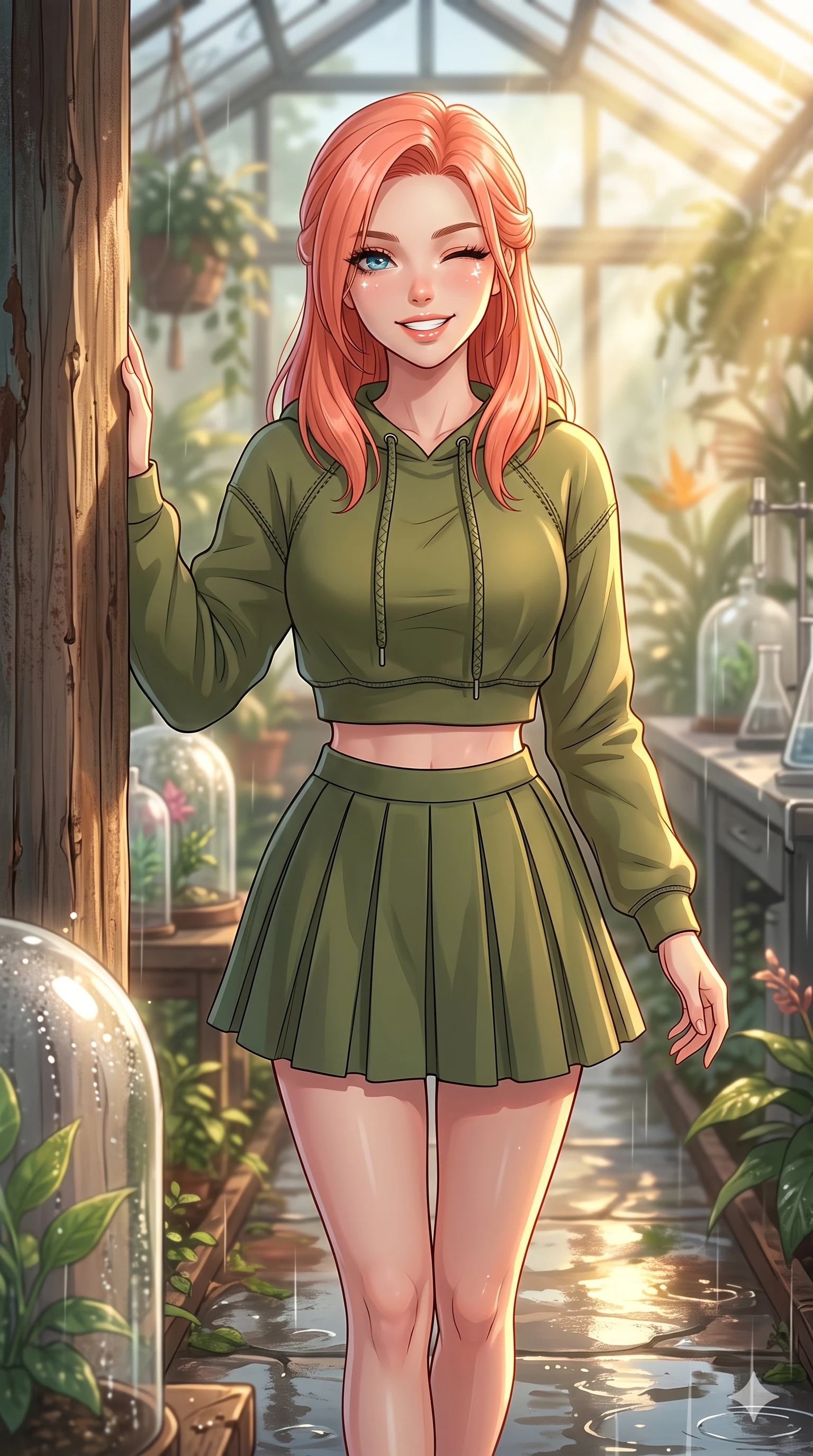 score_9, masterpiece, best quality, ultra-detailed, high-budget anime keyframe, vibrant anime aesthetic, Japanese woman. close-up cowboy shot from the waist and thighs up, the character dominates the composition, filling the frame with her large presence, background elements kept in soft focus. She is walking down a rain-slicked path, winking and smiling cheerfully, gazing at the camera with sparkling eyes leaning against a rustic wooden column. the background shows a soft-focus sunny greenhouse laboratory filled with rare botanical specimens and golden volumetric sunbeams (Code-P22-116). She has an absolutely perfect proportion, an exceptionally elegant and slender female figure with an ultra-slim waist. V-shaped jawline, high-bridge nose, intricate jewel-like eyes with depth, thick eyelashes, glossy lips with a natural sheen. wearing a cropped hoodie paired with a high-waisted pleated tennis skirt in olive green. She is drenched in brilliant morning sunshine reflecting off wet glass domes, highlighting her winking face and glossy lips during the twilight rain. 2k, ultra detail, master piece, 9:16 ratio