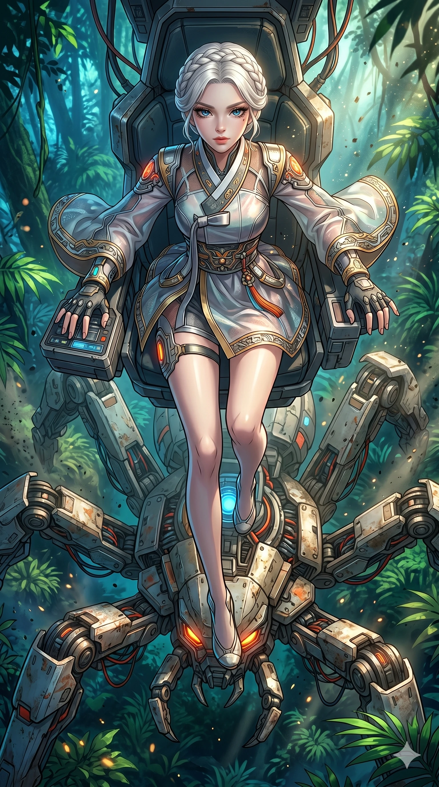score_9, masterpiece, best quality, ultra-detailed, high-budget anime movie keyframe, cinematic anime lighting, intricate line art, Korean anime girl. Extreme high angle shot as she leaps towards the camera, filling the frame. piloting a giant mechanical spider through a dense jungle. She has an absolutely perfect 8-heads proportion, an exceptionally tall and slender female figure with an ultra-slim waist and impossibly long slender legs. strictly human anatomy, two legs only, no extra limbs, clearly defined legs and arms, perfect anatomy, perfect hands and fingers. sharp v-shaped jawline, high-bridge nose, intricate jewel-like eyes, thick eyelashes, glossy lips. Wearing Modern Traditional: Shortened cyber-hanbok with fusion silk robes and transparent panels. The scene is illuminated by dramatic atmospheric lighting and vibrant color palettes. , 2k, ultra detail, master piece, 9:16 ratio