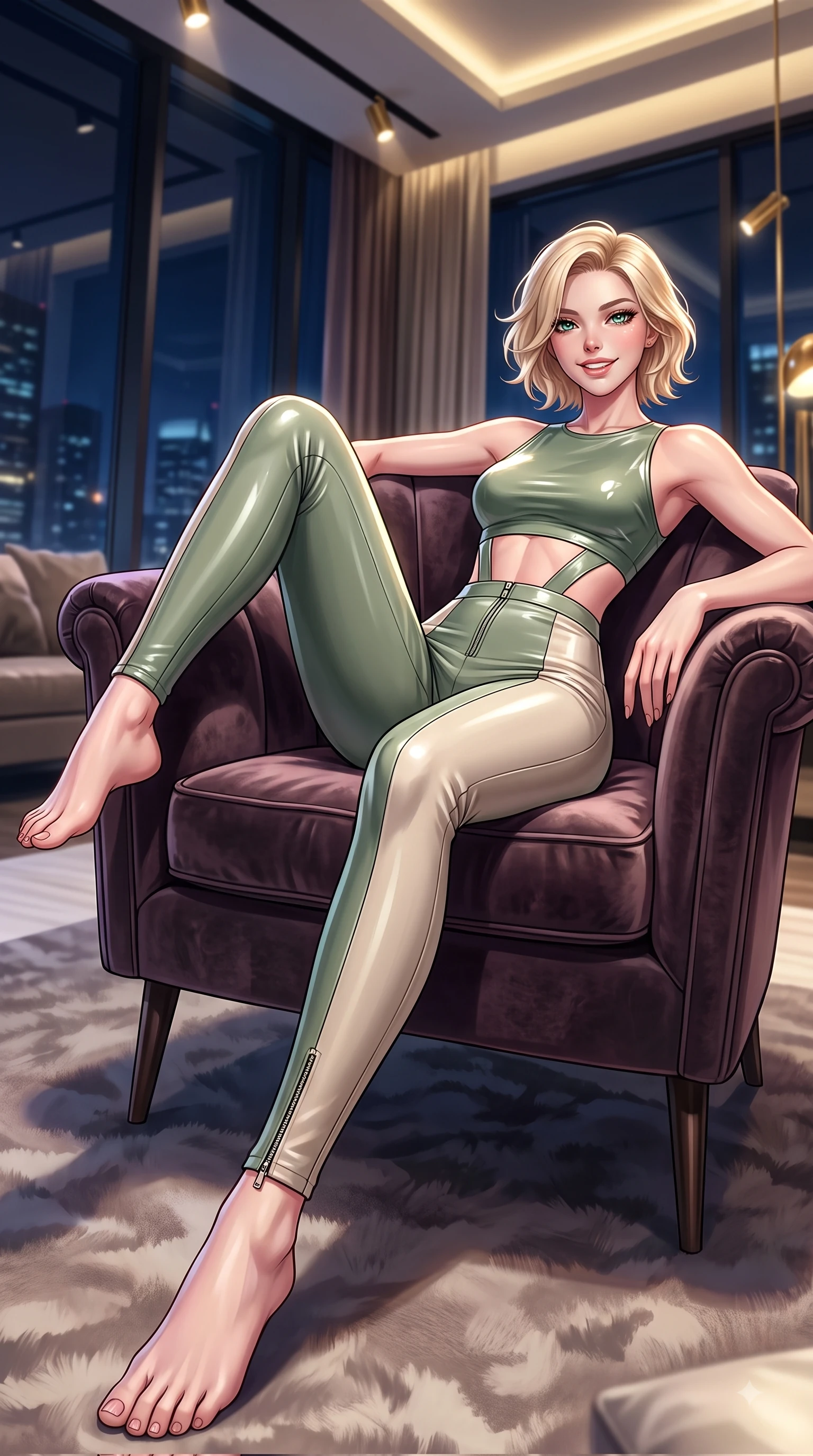 score_9, masterpiece, best quality, ultra-detailed, high-budget anime keyframe, editorial fashion photography, tasteful artistic composition, Caucasian woman. low angle full-body shot from head to toe showing her feet, filling the entire 9:16 vertical frame with her statuesque presence, stretching her vertical silhouette. forging dynamically through the scene with a fresh infectious smile, her ultra-slim waist creating a sweeping curve while lounging in a velvet armchair inside a high-end designer showroom with a smoldering smile, cool evening breeze fluttering her chic trendy outfit into fluid motions. She has an absolutely perfect, statuesque 8.5-heads proportion, an exceptionally tall and slender model-like female figure with impossibly long slender legs and an ultra-slim waist. sharp v-shaped jawline, high-bridge nose, intricate jewel-like eyes with depth, thick eyelashes, glossy lips with a natural sheen, flawlessly proportioned anatomical accuracy, natural body alignment, perfectly sculpted elegant limbs, clean dynamic posture without body distortion. wearing a glossy vinyl crop top and high-waist tailored leggings with sleek zippers in sage green and oatmeal, crafted from smooth liquid silk, featuring clean architectural cutouts along her slender torso, the glove-like fit emphasizing her statuesque silhouette during motion. bathed in dramatic high-contrast urban night lights and sleek golden spotlights. highly saturated vibrant anime colors, detailed shading with soft gradients, rich glossy textures, high-contrast stereoscopic depth, volumetric dynamic lighting, master piece, 9:16 ratio