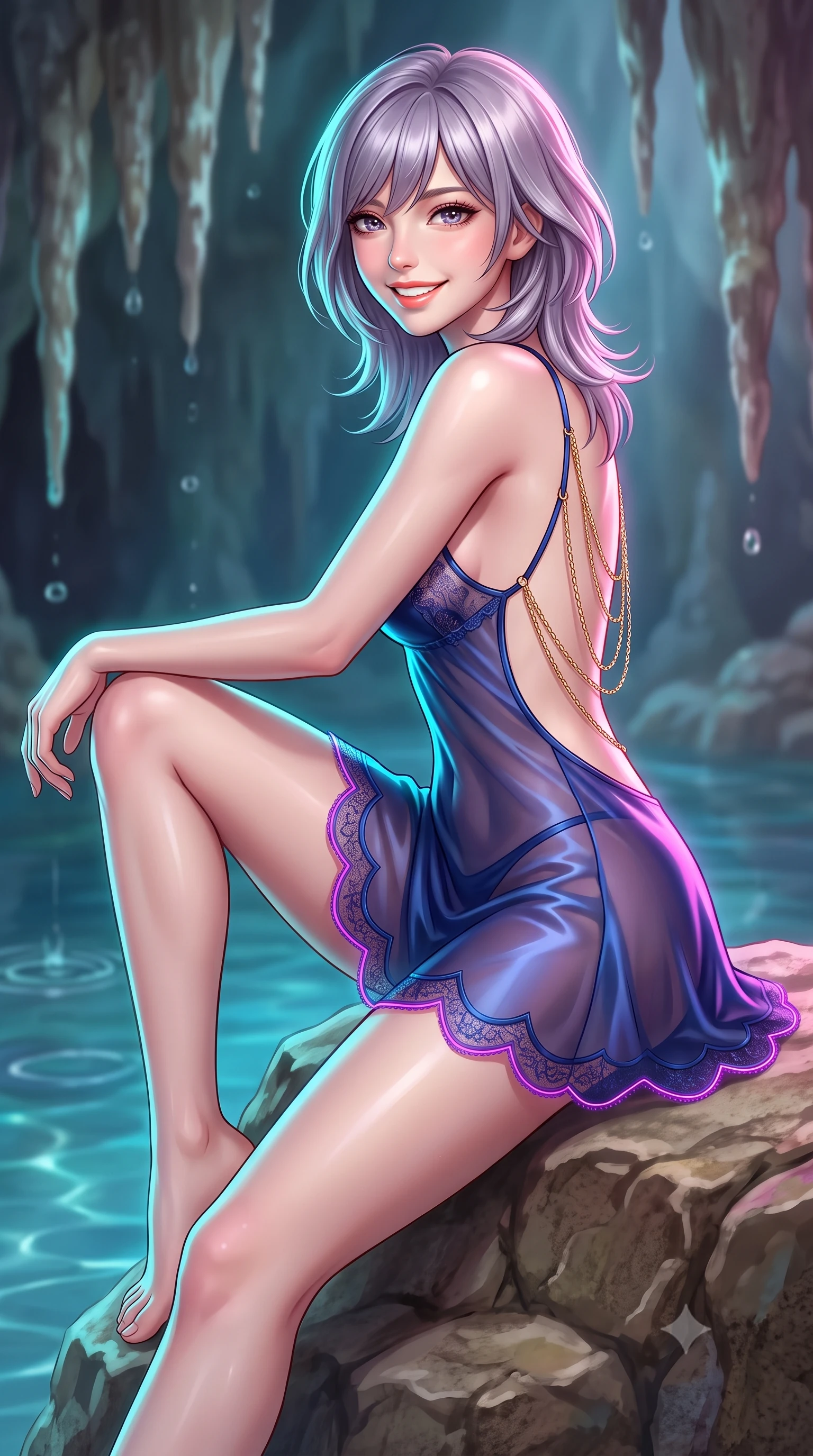 score_9, masterpiece, best quality, ultra-detailed, high-budget anime keyframe, semi-realistic 3D game render, editorial fashion photography, tasteful artistic composition, Japanese woman. close-up cowboy shot from the waist and thighs up, the character dominates the composition, filling the frame with her large presence. perched sideways on the lounge seat, one knee drawn up to showcase her slender leg line while her arched back accentuates her feminine hip curve while lounging in the natural rock pool with torso propped on one elbow with legs extended, displaying her long slender limbs and statuesque hourglass silhouette. The background shows a soft-focus dripping stalactite water rings softened in mythical Mediterranean siren grotto shallow focus. She has an exceptionally elegant, slender, and willowy female figure with an ultra-slim waist, flat toned midriff, narrow ribcage, and sculpted feminine hips creating an alluring, slim hourglass silhouette without bulk. sharp v-shaped jawline, high-bridge nose, intricate jewel-like sparkling eyes with depth, thick eyelashes, glossy parted lips with a natural peach sheen, bright cheerful beaming smile with an enchanting and coquettish sensual glint, exuding both youthful cute charm and seductive allure, flawlessly proportioned anatomical accuracy, strict slender model proportions, natural body alignment, perfectly sculpted long slender limbs, ultra-slim waistline, clean dynamic posture without body distortion. wearing a translucent liquid-latex trimmed sheer lace babydoll with delicate fiber-optic trim along the scalloped hem in Huangpu midnight sapphire and neon magenta, crafted from fluid liquid silk satin that clings smoothly to her narrow waist and rounded hips with a dewy sheen, accented with an open-back drape framed by falling strands of delicate gold chains, the precision-cut side openings and low-back scoop framing her graceful spine and the sensual sweep of her slim, toned hips. illuminated by cave water caustics bounce and sharp electric-cyan and rose rim lights sculpting her cheekbones, flat midriff, and curvaceous hips. highly saturated vibrant anime colors, detailed shading with soft gradients, rich glossy textures, high-contrast stereoscopic depth, volumetric dynamic lighting, master piece, 9:16 ratio