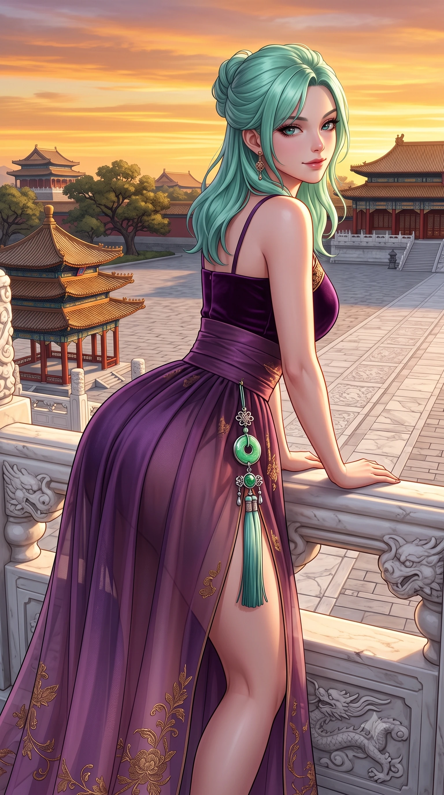 score_9, masterpiece, best quality, ultra-detailed, high-budget anime keyframe, semi-realistic 3D game render, editorial fashion photography, tasteful artistic composition, Japanese woman. close-up cowboy shot from the waist and thighs up, the character dominates the composition, filling the frame with her large presence. leaning forward over the carved veranda balustrade while arching her lower back to accentuate her curvy hips, looking into the camera with an enchanting coquettish smile and bedroom-eyes while leaning against a carved white marble dragon balustrade with hips cocked back, looking over a bare shoulder with an intoxicating, imperial gaze. The surrounding environment is rendered in vivid detail and crisp panoramic clarity: detailed gold-threaded silk gown sheen, jewelry gleam, and classical Chinese imperial architecture in high resolution. She has an exceptionally elegant, slender, and willowy female figure with an ultra-slim waist, flat toned midriff, narrow ribcage, and sculpted feminine hips creating an alluring, slim hourglass silhouette without bulk. sharp v-shaped jawline, high-bridge nose, intricate jewel-like dark sparkling almond eyes with depth, thick lashes, glossy parted lips with a natural rose-plum sheen, bright alluring and coquettish smile with bedroom-eyes, exuding both timeless oriental elegance and sovereign high-fashion allure, flawlessly proportioned anatomical accuracy, strict slender model proportions, natural body alignment, perfectly sculpted long slender limbs, ultra-slim waistline, clean dynamic posture without body distortion. wearing a modern fusion hanbok dress with a structured velvet bodice and cascading sheer ombre organza skirt with front slit in rich plum violet and gilded bronze embroidery, tailored from fine crisp cotton-linen with clean structural lines, finished with an ornate modern norigae tassel with polished jade and chrome charms resting on her curvy hips, the high-waisted wrap tailoring accentuating her ultra-slim waistline and the enchanting curve of her feminine hips with alluring oriental charm. bathed in dramatic twilight golden hour light streaming horizontally across the vast marble plaza. highly saturated vibrant anime colors, detailed shading with soft gradients, rich glossy textures, high-contrast stereoscopic depth, volumetric dynamic lighting, master piece, 9:16 ratio