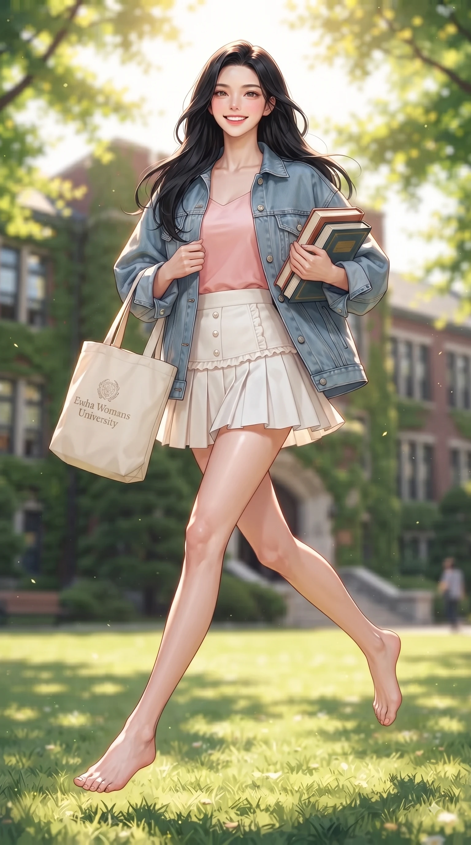 score_9, masterpiece, best quality, ultra-detailed, high-budget anime keyframe, editorial fashion photography, tasteful artistic composition, Korean woman. low angle full-body shot from head to toe showing her feet, filling the entire 9:16 vertical frame with her statuesque presence, stretching her vertical silhouette. leaping with pure youthful energy through the scene with a radiant bright smile, her long slender legs balanced gracefully while walking happily across a sunlit university campus lawn carrying a canvas tote bag and books. The composition keeps background elements in soft focus with dreamy bokeh. ivy-covered red-brick academic halls and sunlit maple canopies blurring into soft green and gold bokeh. She has an absolutely perfect, statuesque 8.5-heads proportion, an exceptionally tall and slender model-like female figure with impossibly long slender legs and an ultra-slim waist. sharp v-shaped jawline, high-bridge nose, intricate jewel-like eyes with depth, thick eyelashes, glossy lips with a natural sheen, flawlessly proportioned anatomical accuracy, natural body alignment, perfectly sculpted elegant limbs, clean dynamic posture without body distortion. wearing a trendy oversized denim jacket over a soft pastel pink camisole and white pleated mini skirt in warm coral pink and champagne ivory, tailored from crisp cotton poplin, finished with subtle ruffle trims and delicate pearl buttons, the chic real-way fashion cut emphasizing her effortless charm. surrounded by an uplifting, fresh, and youthful academic atmosphere. ultra-reflective glossy finish, specular highlights, metallic sheen, high-contrast stereoscopic depth, volumetric dynamic lighting, 2k, ultra detail, master piece, 9:16 ratio