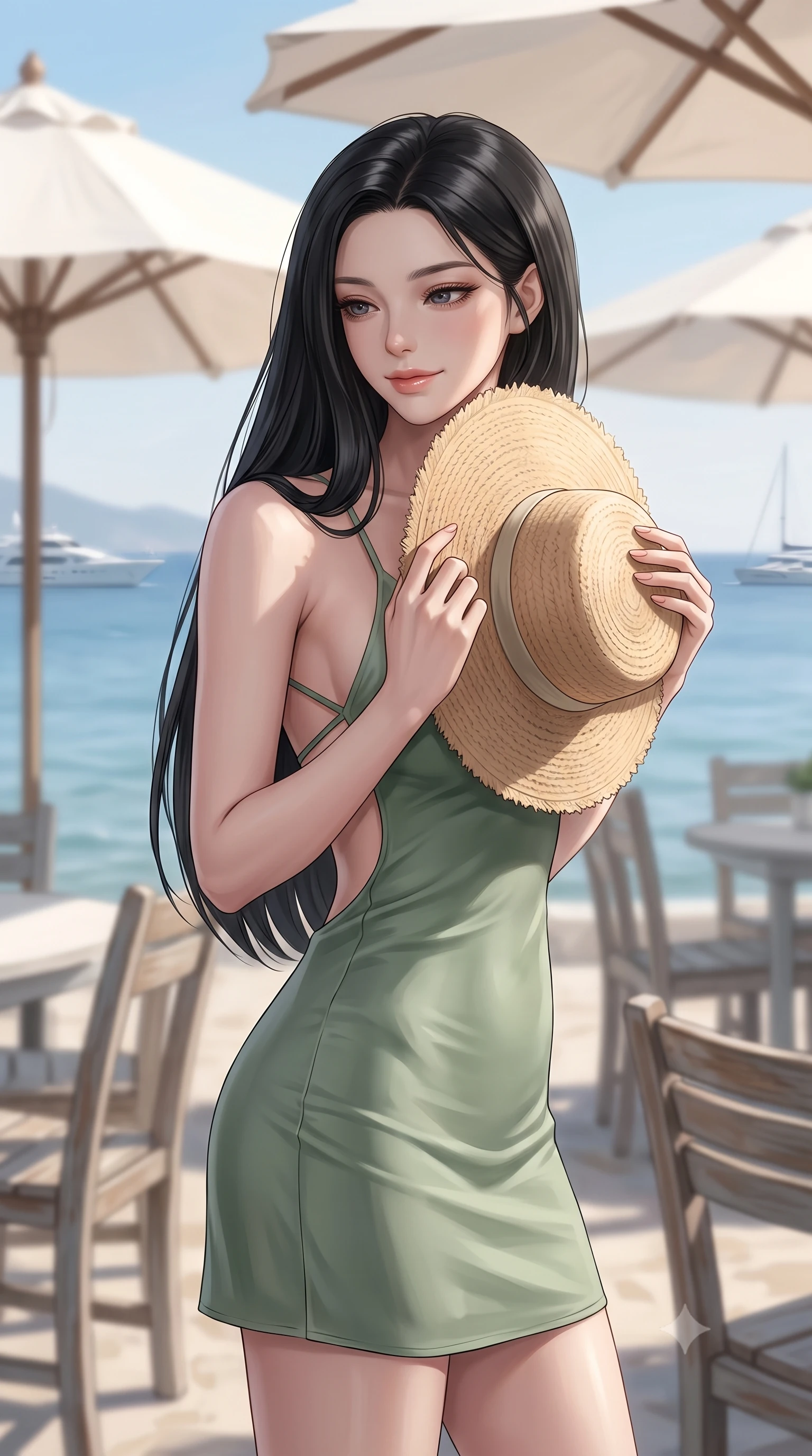 score_9, masterpiece, best quality, ultra-detailed, high-budget anime keyframe, editorial fashion photography, tasteful artistic composition, Korean woman woman. close-up cowboy shot from the waist and thighs up, the character dominates the composition, filling the frame with her large presence, background elements kept in soft focus. holding a wide-brimmed straw hat with both hands against the breeze, looking down with a soft smile the background shows a soft-focus a seaside café terrace with white parasols and wooden chairs, looking out at a calm sea. She has an exceptionally elegant, slender, and willowy female figure with an ultra-slim waist, a gracefully sculpted slender torso, and a refined silhouette. sharp v-shaped jawline, high-bridge nose, intricate jewel-like eyes with depth, thick eyelashes, glossy lips with a natural sheen. wearing a body-hugging backless summer dress in sage green silk with thin straps crossing her bare back. soft diffused morning sunlight, casting gentle shadows. 2k, ultra detail, master piece, 9:16 ratio