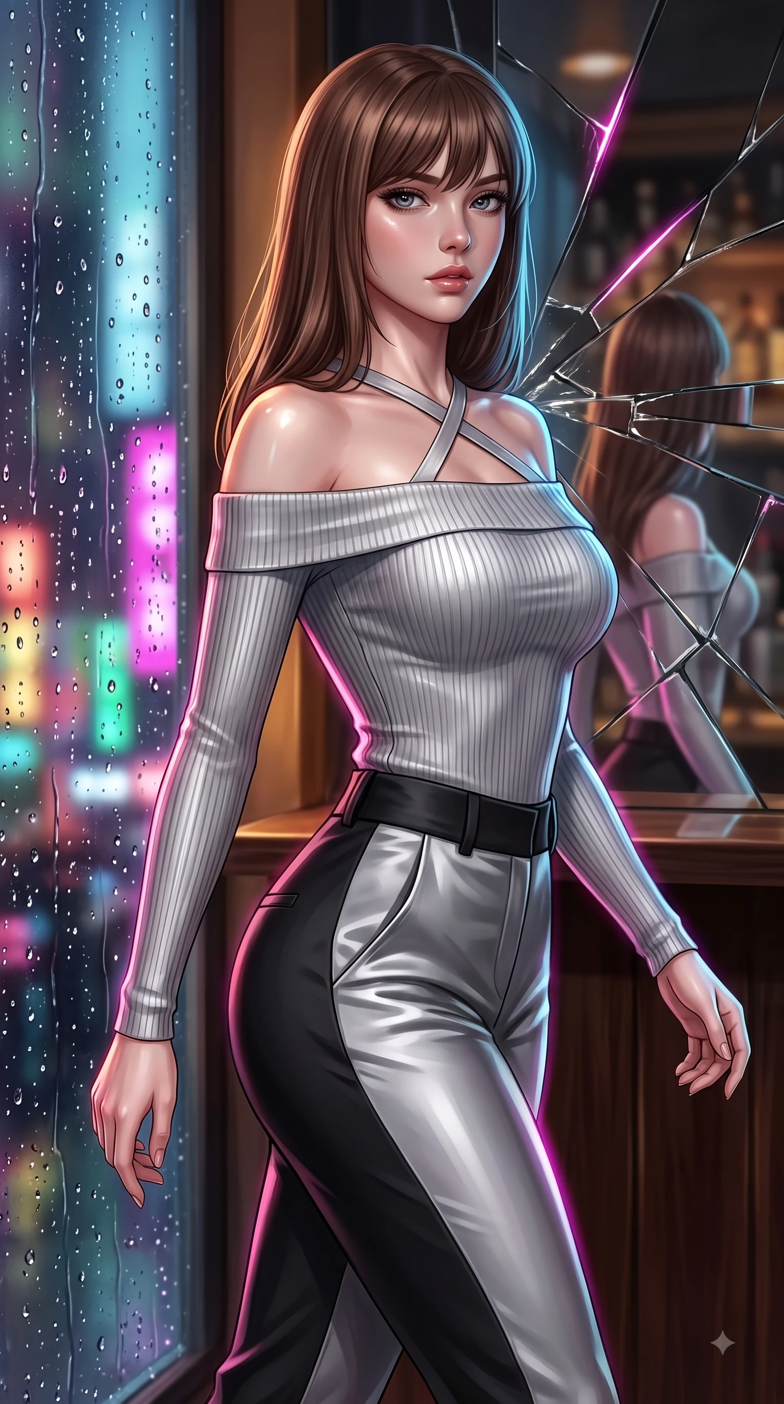 score_9, masterpiece, best quality, ultra-detailed, high-budget anime keyframe, editorial fashion photography, tasteful artistic composition, Korean woman. close-up cowboy shot from the waist and thighs up, the character dominates the composition, filling the frame with her large presence, background elements kept in soft focus. Gazing past the lens with smoldering intensity as her torso curves dynamically in mid-stride while pivoting dynamically in front of a shattered mirror bar as magenta neon reflections trace her curves, rain droplets glistening on the window glass with colorful neon city reflections. She has an exceptionally elegant, slender, and willowy female figure with an ultra-slim waist, a gracefully sculpted slender torso, and a refined silhouette. sharp v-shaped jawline, high-bridge nose, intricate jewel-like eyes with depth, thick eyelashes, glossy lips with a natural sheen, flawlessly proportioned anatomical accuracy, natural body alignment, perfectly sculpted elegant limbs, clean dynamic posture without body distortion. wearing a sleek off-shoulder ribbed knit top paired with high-waist tailored pants in matte black and polished silver, crafted from smooth liquid silk, complemented by criss-cross back straps highlighting her bare shoulders, the elegant draped fit framing her graceful clavicle and slender torso. illuminated by warm indoor bar amber light and cool rainy blue neon rim light. ultra-reflective glossy finish, specular highlights, metallic sheen, high-contrast stereoscopic depth, volumetric dynamic lighting, 2k, ultra detail, master piece, 9:16 ratio