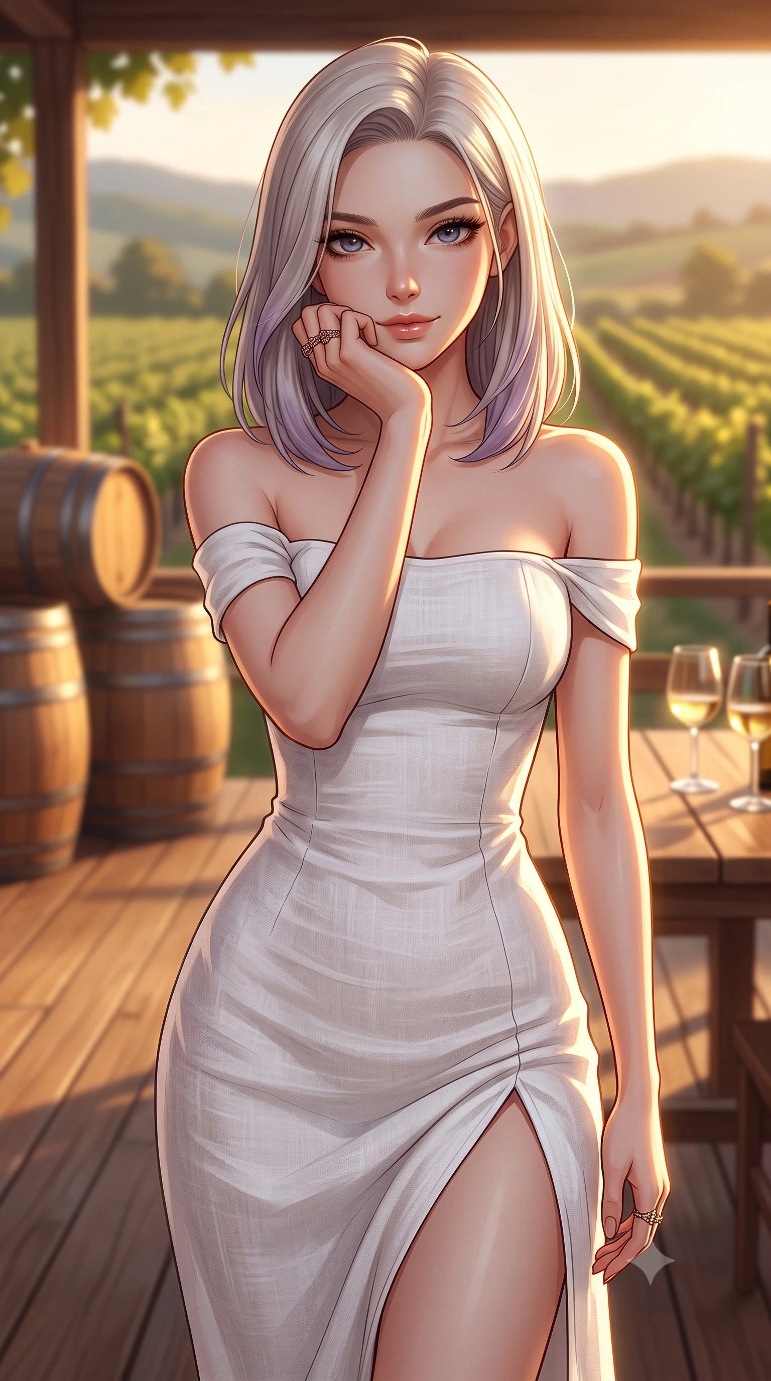 score_9, masterpiece, best quality, ultra-detailed, high-budget anime keyframe, editorial fashion photography, tasteful artistic composition, Caucasian woman woman. close-up cowboy shot from the waist and thighs up, the character dominates the composition, filling the frame with her large presence, background elements kept in soft focus. resting her chin on her hand, looking out at the beautiful scenery with a soft smile the background shows a soft-focus a wooden terrace of a vineyard winery, with wooden barrels and grapevines in soft focus. She has an exceptionally elegant, slender, and willowy female figure with an ultra-slim waist, a gracefully sculpted slender torso, and a refined silhouette. sharp v-shaped jawline, high-bridge nose, intricate jewel-like eyes with depth, thick eyelashes, glossy lips with a natural sheen. wearing a form-contouring off-shoulder white linen summer dress featuring a high side slit ascending to mid-thigh. warm golden hour light tracing the grapevines and wine glasses in a golden rim light. 2k, ultra detail, master piece, 9:16 ratio