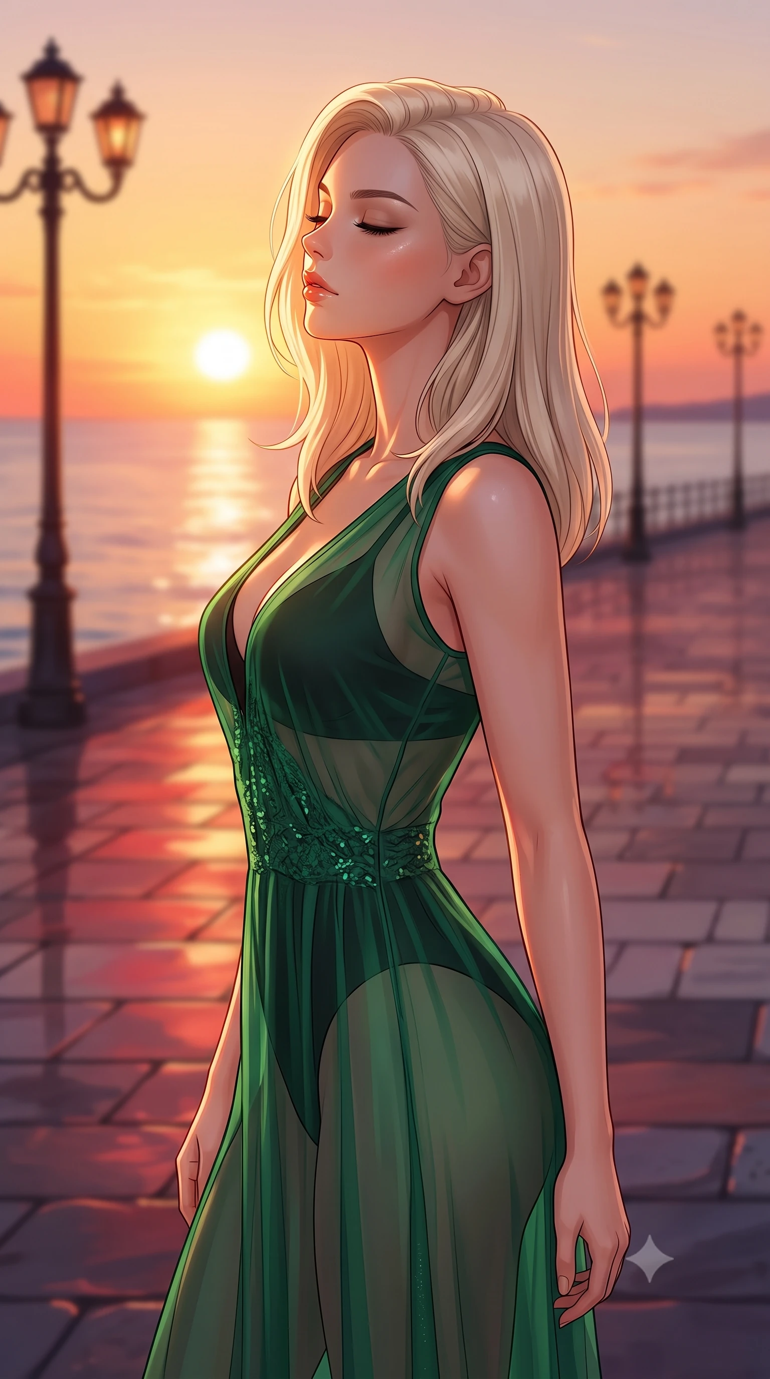 score_9, masterpiece, best quality, ultra-detailed, high-budget anime keyframe, editorial fashion photography, tasteful artistic composition, Caucasian woman woman. close-up cowboy shot from the waist and thighs up, the character dominates the composition, filling the frame with her large presence, background elements kept in soft focus. turning her face in profile to catch the warm sunlight on her cheek, eyes softly closed the background shows a soft-focus a paved promenade with classic lamp posts overlooking a calm sea at sunset. She has an exceptionally elegant, slender, and willowy female figure with an ultra-slim waist, a gracefully sculpted slender torso, and a refined silhouette. sharp v-shaped jawline, high-bridge nose, intricate jewel-like eyes with depth, thick eyelashes, glossy lips with a natural sheen. wearing a form-contouring sheer chiffon cover-up dress in emerald green, worn over a black swimsuit. the warm red and violet glow of twilight reflecting on the pavement. 2k, ultra detail, master piece, 9:16 ratio