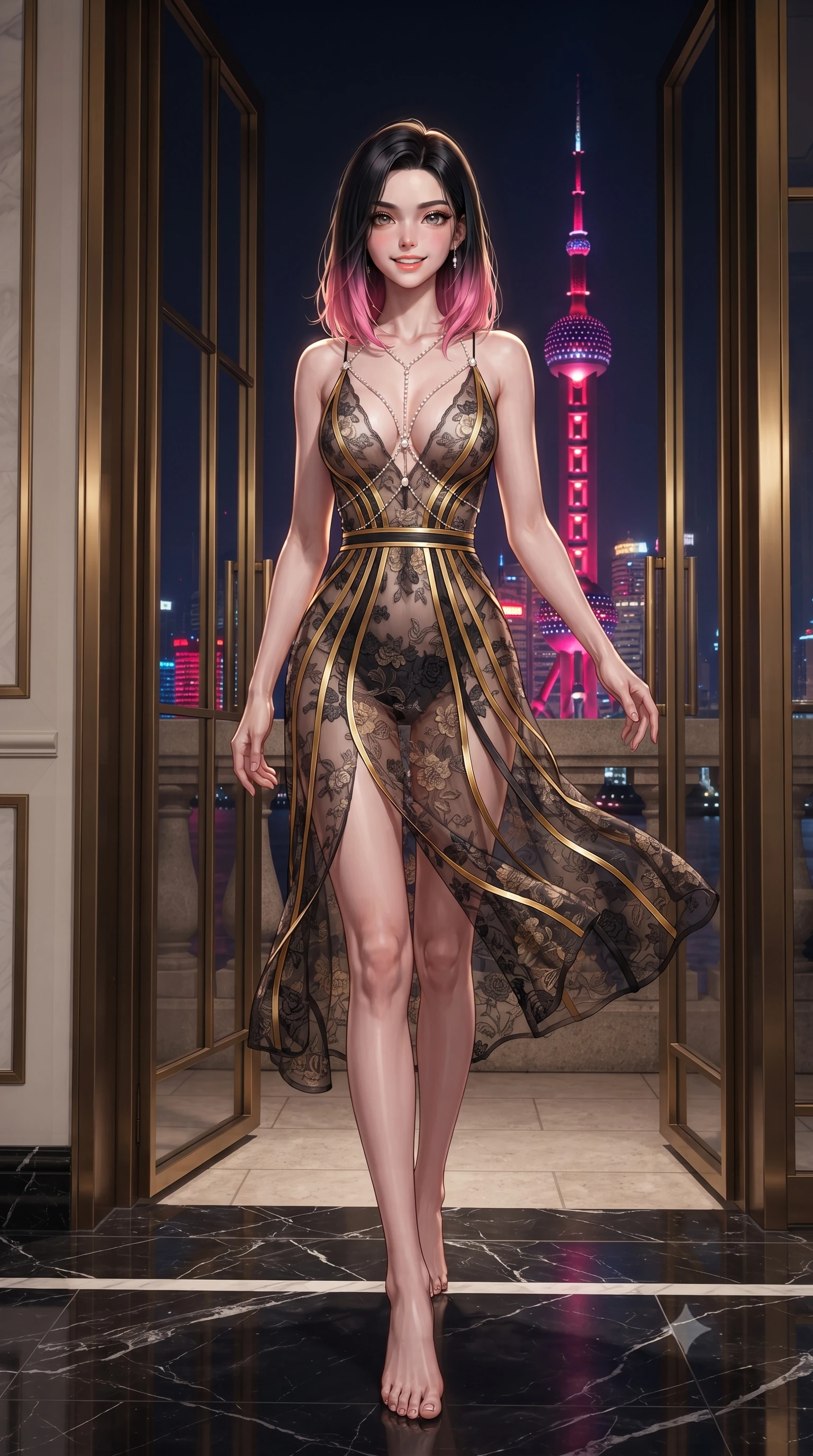 score_9, masterpiece, best quality, ultra-detailed, high-budget anime keyframe, editorial fashion photography, tasteful artistic composition, Korean woman. low angle full-body shot from head to toe showing her feet, filling the entire 9:16 vertical frame with her statuesque presence, stretching her vertical silhouette. stepping slowly toward the camera with hypnotic grace, hips swaying in an alluring sensual rhythm that accentuates her curvy hourglass silhouette and long slender legs while standing poised beside the geometric brass-framed French doors leading to the private stone balcony, arching her lower back with magnetic femme-fatale allure as the neon-lit Oriental Pearl Tower blazes across the Huangpu River. The surrounding environment is rendered in vivid detail and crisp panoramic clarity: sharp stepped Art Deco brass moulding reliefs, black Nero Marquina marble floor veining, and bevelled mirror seams in deep focus. She has an exceptionally tall and slender model-like 8.5-heads proportion, an ultra-slim waist, a flat toned midriff, narrow delicate ribcage, and beautifully sculpted feminine hips creating a graceful, slim hourglass silhouette without any bulky heaviness, with impossibly long slender legs. sharp v-shaped jawline, high-bridge nose, intricate jewel-like sparkling eyes with depth, thick eyelashes, glossy parted lips with a natural peach sheen, bright cheerful beaming smile with an enchanting and coquettish sensual glint, exuding both youthful cute charm and seductive allure, flawlessly proportioned anatomical accuracy, strict slender model proportions, natural body alignment, perfectly sculpted long slender limbs, ultra-slim waistline, clean dynamic posture without body distortion. wearing a plunge-front sheer illusion tulle slip dress with liquid gold ribbon stripes hugging her curves in Hakone steaming sulfur amber and volcanic basalt black, made of delicate embroidered tulle lace with intricate floral motifs and soft transparency, accented with a pearl-drop body harness subtly framing her dewy collarbones and spine, the glove-like clinging cut tightly following the natural contour of her hips and long slender legs with youthful 8.5-heads elegance. illuminated by river reflection bounce and sharp platinum-gold rim lights sculpting her razor-sharp jawline, narrow waist, and curvy hips. ultra-reflective glossy finish, specular highlights, rich textural contrasts, high-contrast stereoscopic depth, volumetric dynamic lighting, 2k, ultra detail, master piece, 9:16 ratio