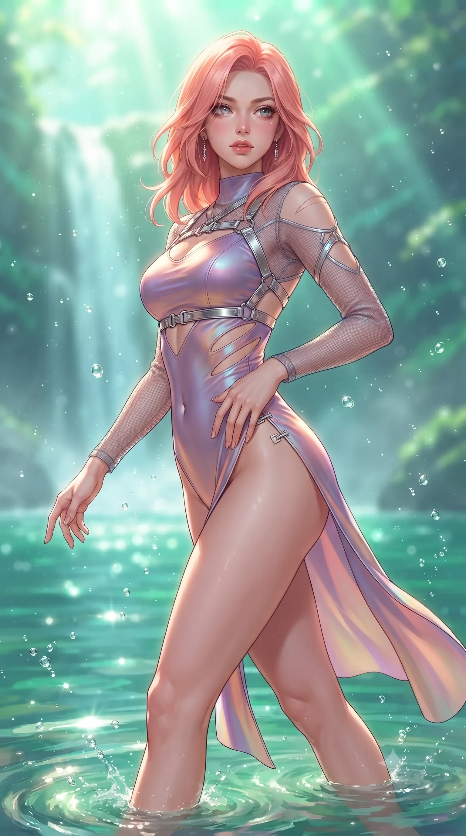 score_9, masterpiece, best quality, ultra-detailed, high-budget anime keyframe, editorial fashion photography, tasteful artistic composition, Japanese woman. close-up cowboy shot from the waist and thighs up, the character dominates the composition, filling the frame with her large presence. twisting her upper body in a dynamic S-curve with an alluring smolder, one hand trailing along her slender waist while stepping gracefully through shallow emerald water with an alluring, confident backward glance. The composition keeps background elements in soft focus with creamy bokeh. sparkling water droplets scattering bright morning sun motes across a serene backdrop. She has an exceptionally elegant, slender, and willowy female figure with an ultra-slim waist, a gracefully sculpted slender torso, toned flat midriff, and a refined slim silhouette. sharp v-shaped jawline, high-bridge nose, intricate jewel-like eyes with depth, thick eyelashes, glossy lips with a natural sheen, flawlessly proportioned anatomical accuracy, strict slender model proportions, natural body alignment, perfectly sculpted long slender limbs, ultra-slim waistline, clean dynamic posture without body distortion. wearing an ultra-sleek high-cut tech-bodysuit featuring dangerous diagonal slitted cutouts on the midriff and shoulders, reinforced by a metallic silver harness and sheer mesh sleeves in luminous lavender violet and rose gold, made of smooth iridescent silk chiffon that shifts colors with movement, finished with an ultra-high side slit secured by miniature magnetic clasps, the liquid-tight tailored fabric emphasizing every curve of her tall, slender model proportions and sculptured silhouette during dynamic movement. bathed in bright morning sunbeams penetrating waterfall mist with radiant green and cyan ambient glow. ultra-reflective glossy finish, specular highlights, metallic sheen, high-contrast stereoscopic depth, volumetric dynamic lighting, 2k, ultra detail, master piece, 9:16 ratio