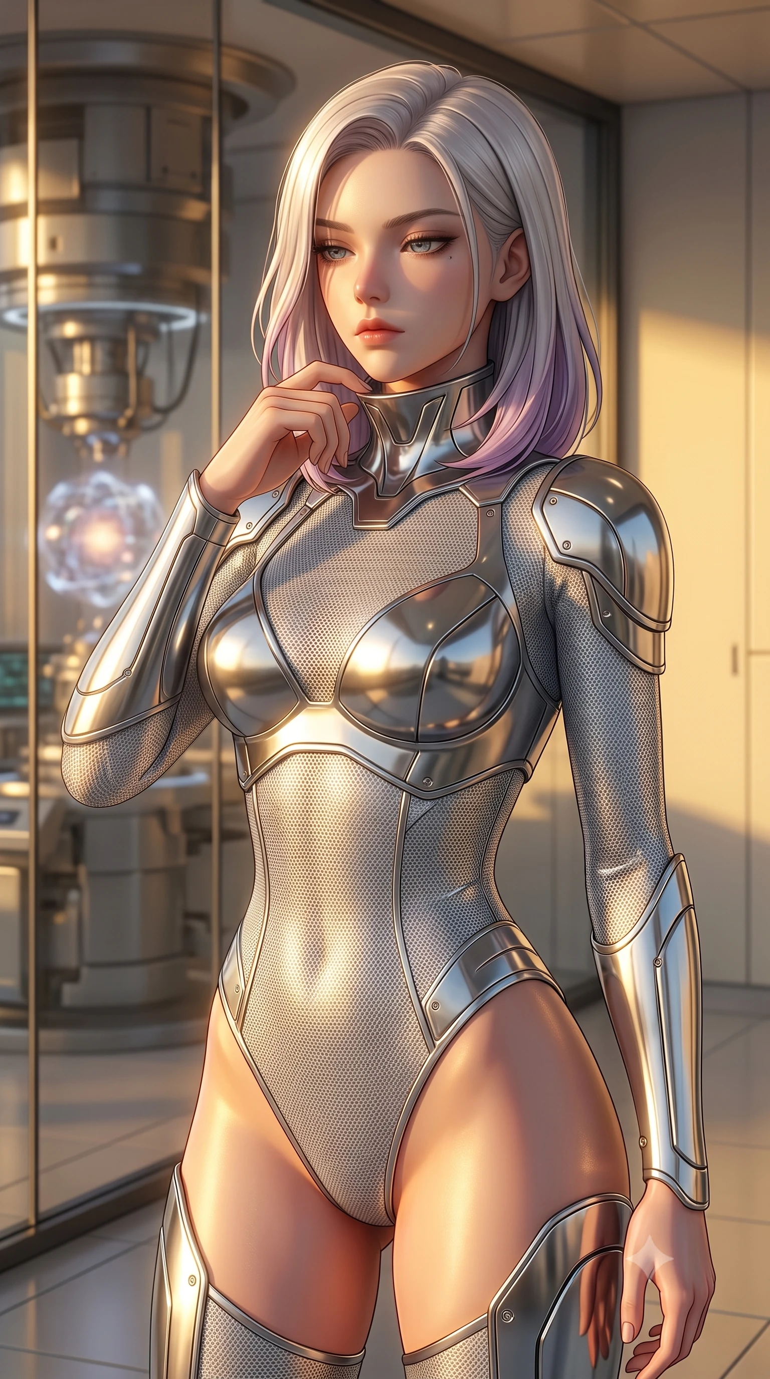 score_9, masterpiece, best quality, ultra-detailed, high-budget anime keyframe, editorial fashion photography, tasteful artistic composition, Caucasian woman. close-up cowboy shot from the waist and thighs up, the character dominates the composition, filling the frame with her large presence, background elements kept in soft focus. adjusting the high collar of her body-hugging suit, looking past the camera with quiet, sharp focus and a composed expression, the background shows a soft-focus a quantum core private research balcony in a laboratory facility at sunset. She has an exceptionally elegant, slender, and willowy female figure with an ultra-slim waist, a gracefully sculpted slender torso, and a refined silhouette. sharp v-shaped jawline, high-bridge nose, intricate jewel-like eyes with depth, thick eyelashes, glossy lips with a natural sheen. wearing a form-contouring delicate silver nano-mesh bodysuit with strategically placed chrome armor plate guards covering key curves. late afternoon sun casting a majestic golden glow over the clean walls. ultra-reflective glossy finish, specular highlights, metallic sheen, high-contrast stereoscopic depth, volumetric dynamic lighting, 2k, ultra detail, master piece, 9:16 ratio