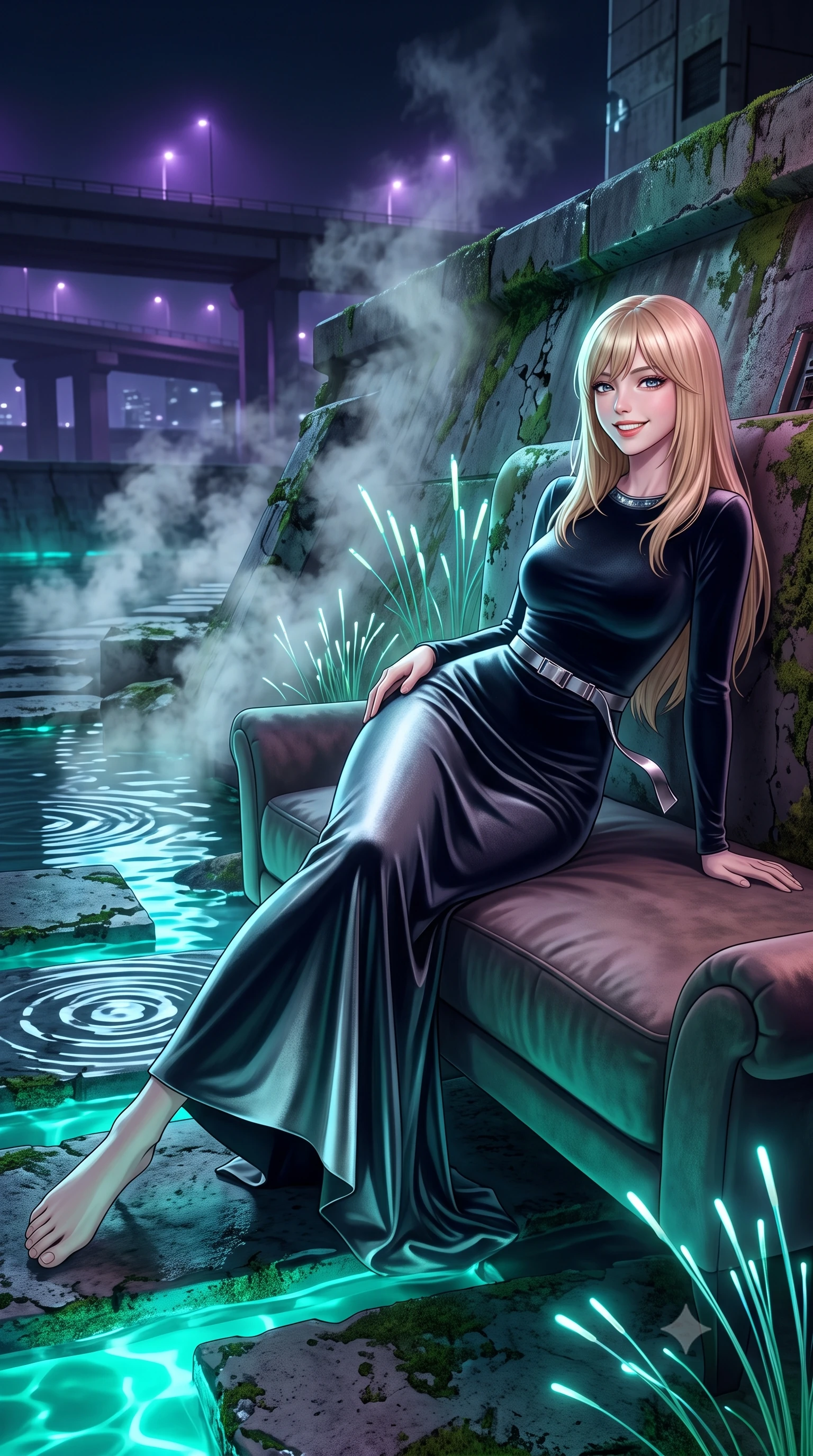 score_9, masterpiece, best quality, ultra-detailed, high-budget anime keyframe, semi-realistic 3D game render, editorial fashion photography, tasteful artistic composition, Japanese woman. low angle full-body shot from head to toe showing her feet, filling the entire 9:16 vertical frame with her statuesque presence, stretching her vertical silhouette. reclining gracefully across the plush chaise lounge with one leg extended, her sculpted silhouette and flat midriff radiating magnetic nocturnal glamour while leaning against the moss-covered cybernetic embankment with hips cocked back, looking upstream through rising steam plumes with heavy-lidded bedroom-eyes. The surrounding environment is rendered in vivid detail and crisp panoramic clarity: sharp water ripple reflections on stepping stones, weathered cyber-concrete textures, and fiber-optic reed stems in deep focus. She has an exceptionally tall and slender model-like 8.5-heads proportion, an ultra-slim waist, a flat toned midriff, narrow delicate ribcage, and beautifully sculpted feminine hips creating a graceful, slim hourglass silhouette without any bulky heaviness, with impossibly long slender legs. sharp v-shaped jawline, high-bridge nose, intricate jewel-like sparkling eyes with depth, thick eyelashes, glossy parted lips with a natural peach sheen, bright cheerful beaming smile with an enchanting and coquettish sensual glint, exuding both youthful cute charm and seductive allure, flawlessly proportioned anatomical accuracy, strict slender model proportions, natural body alignment, perfectly sculpted long slender limbs, ultra-slim waistline, clean dynamic posture without body distortion. wearing a refined long-sleeve cyber-velvet column gown with modest jewel neckline and metallic belt in liquid mercury chrome and deep midnight obsidian, crafted from bespoke double-faced cashmere with an exceptionally soft tactile finish, finished with sleek magnetic buckle closures fluttering in the breeze, the bespoke structured tailoring following the natural line of her 8.5-heads silhouette with refined elegance. bathed in vivid emerald-cyan underwater LEDs combined with ambient violet floodlights from the highway bridges. highly saturated vibrant anime colors, detailed shading with soft gradients, rich glossy textures, high-contrast stereoscopic depth, volumetric dynamic lighting, master piece, 9:16 ratio