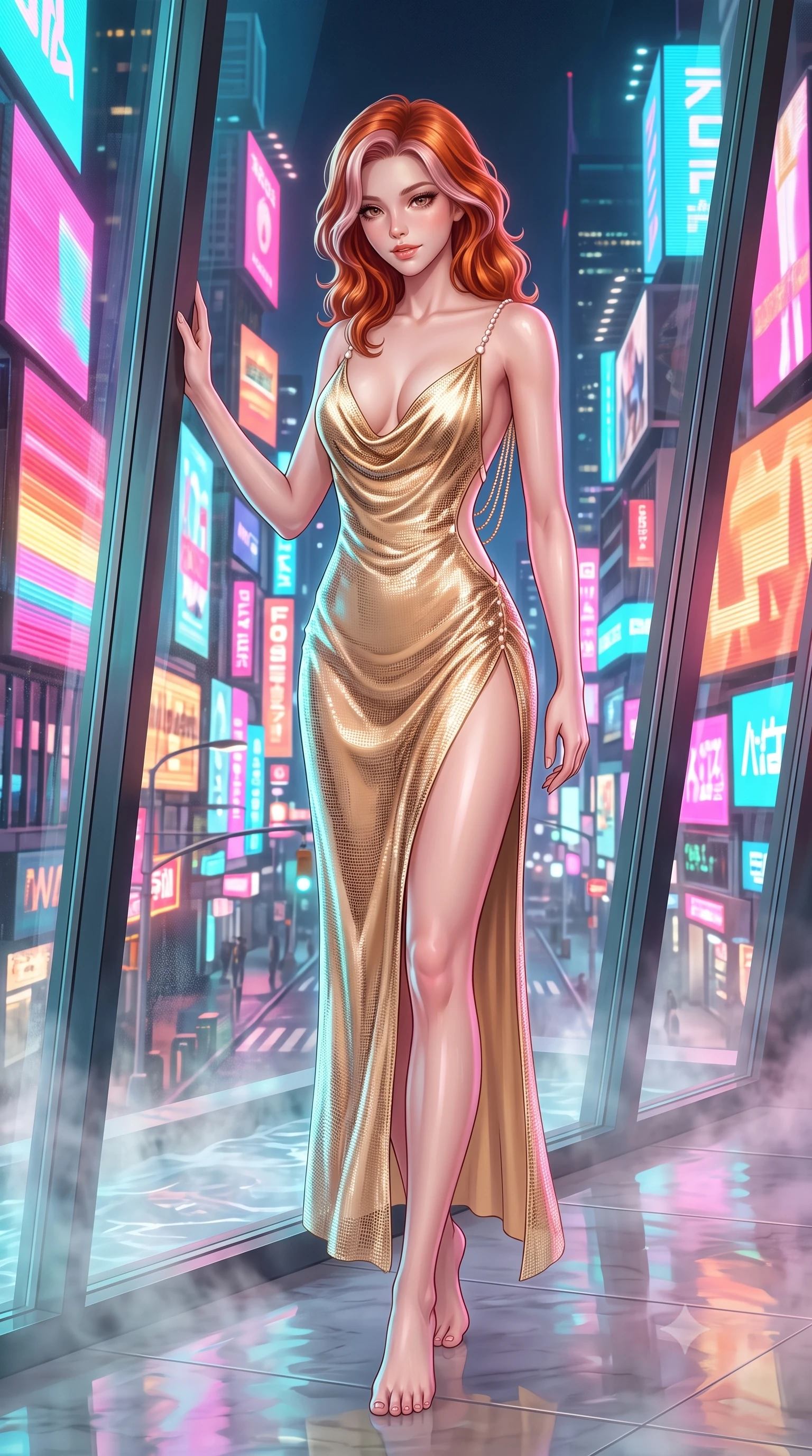 score_9, masterpiece, best quality, ultra-detailed, high-budget anime keyframe, semi-realistic 3D game render, editorial fashion photography, tasteful artistic composition, Caucasian woman. low angle full-body shot from head to toe showing her feet, filling the entire 9:16 vertical frame with her statuesque presence, stretching her vertical silhouette. stepping slowly toward the camera with hypnotic grace, hips swaying in an alluring sensual rhythm that accentuates her curvy hourglass silhouette and long slender legs while leaning against the outward-canted glass with hips cocked back, looking down through steaming thermal water at the bustling neon streets. The background shows a soft-focus rising thermal water vapor softened in cinematic cyberpunk luxury shallow focus. She has an absolutely perfect, statuesque 8.5-heads proportion, an exceptionally tall and slender model-like female figure with impossibly long slender legs, an ultra-slim waist, a flat toned midriff, narrow delicate ribcage, and beautifully sculpted feminine hips creating a graceful, slim hourglass silhouette without any bulky heaviness. sharp v-shaped jawline, high-bridge nose, sparkling eyes with hypnotic seductive depth, thick curled eyelashes, glossy parted lips with a natural dewy peach sheen, alluring bedroom-eyes with an enchanting coquettish smile, exuding magnetic siren charisma and sophisticated glamour, flawlessly proportioned anatomical accuracy, strict slender model proportions, natural body alignment, perfectly sculpted long slender limbs, ultra-slim waistline, clean dynamic posture without body distortion. wearing a plunging cowl-neck liquid silk satin slip gown with daring hip-high slit and delicate pearl spaghetti straps in desert gold and shimmering sand dune champagne, crafted from shimmering fluid chainmail mesh reflecting ambient lights, accented with an open-back drape framed by falling strands of delicate gold chains, the precision-cut side openings and low-back scoop framing her graceful spine and the sensual sweep of her slim, toned hips. bathed in dynamic shifting saturated neon pink, cyan, and amber light projected horizontally from monumental electronic billboards. highly saturated vibrant anime colors, detailed shading with soft gradients, rich glossy textures, high-contrast stereoscopic depth, volumetric dynamic lighting, master piece, 9:16 ratio