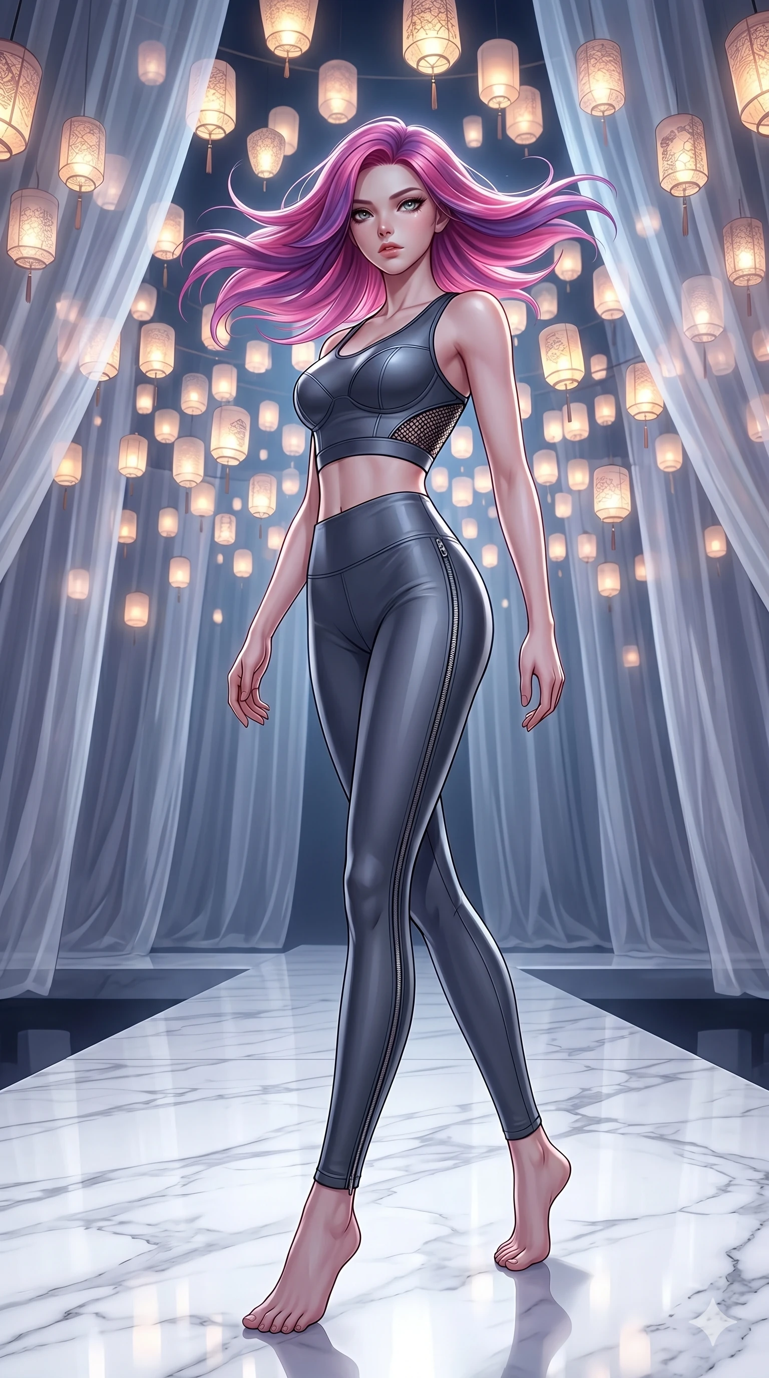 score_9, masterpiece, best quality, ultra-detailed, high-budget anime keyframe, editorial fashion photography, tasteful artistic composition, Caucasian woman, strictly human ears. low angle full-body shot from head to toe showing her feet, filling the entire 9:16 vertical frame with her statuesque presence, stretching her vertical silhouette. Pivoting sharply mid-step with hair sweeping dramatically behind on a runway of polished white marble under a canopy of thousands of floating luminous lanterns. She has an absolutely perfect 8-heads proportion, an exceptionally tall and slender female figure with impossibly long slender legs and an ultra-slim waist. V-shaped jawline, high-bridge nose, intricate jewel-like eyes with depth, thick eyelashes, glossy lips with a natural sheen. wearing a high-performance fitted crop sports top in deep chrome grey with sculpted structured cups and a bold graphic mesh insert at the sides, paired with matching high-waist compression leggings with side chrome zip details. bathed in cold silver moonlight filtered through translucent gossamer curtains casting soft shadows on her curves. 2k, ultra detail, master piece, 9:16 ratio