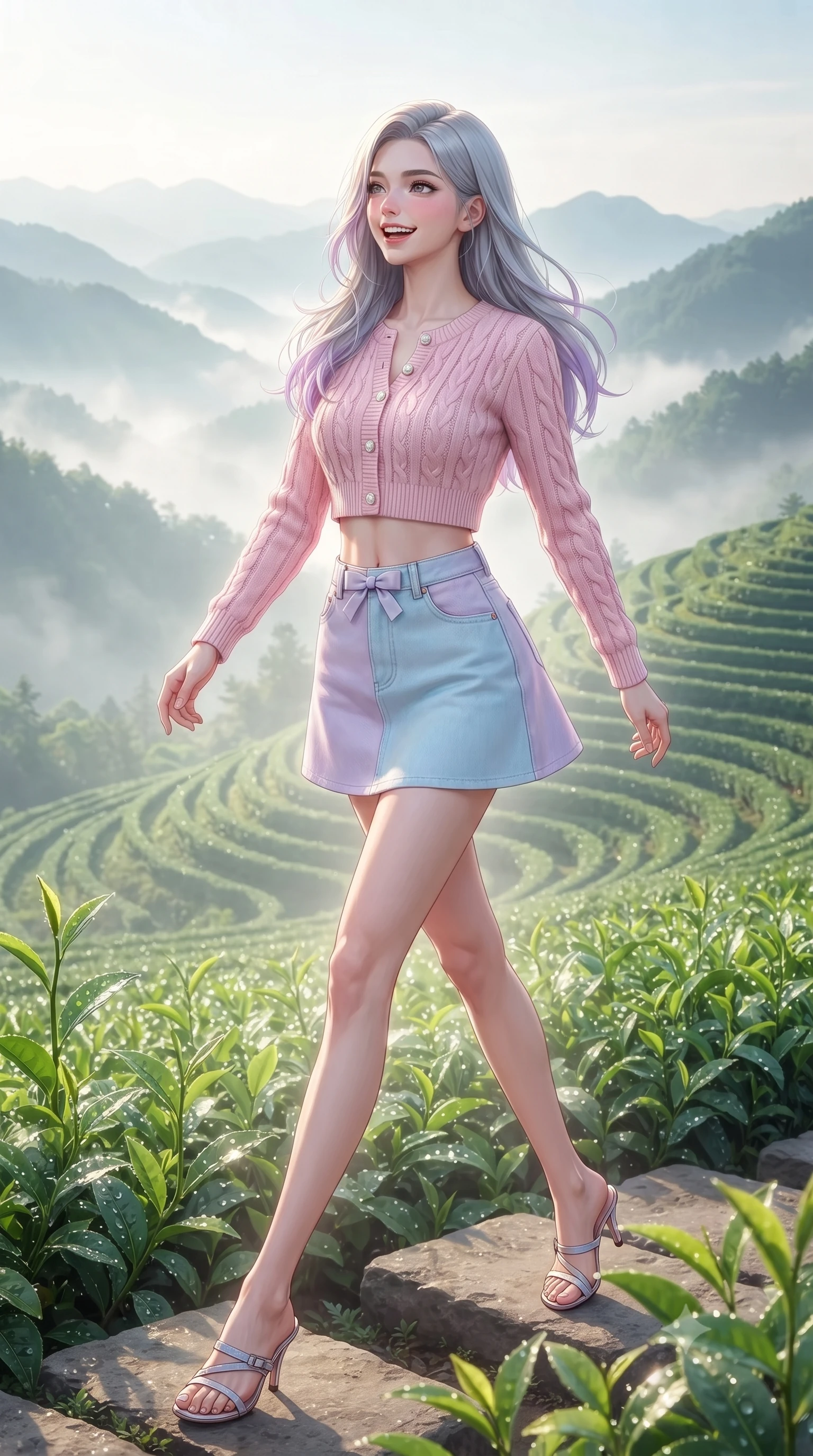 score_9, masterpiece, best quality, ultra-detailed, high-budget anime keyframe, editorial fashion photography, tasteful artistic composition, Caucasian woman. low angle full-body shot from head to toe showing her feet, filling the entire 9:16 vertical frame with her statuesque presence, stretching her vertical silhouette. stepping forward gracefully in mid-motion with a delighted cute laugh, displaying her tall slender model proportions while gazing across layers of misty mountain ridges with sparkling, hopeful eyes and a radiant expression. The surrounding environment is rendered in vivid detail and crisp panoramic clarity. glistening morning dewdrops on fresh tea leaves, neat curving terrace contours, and stone steps in sharp focus. She has an absolutely perfect, statuesque 8.5-heads proportion, an exceptionally tall and slender model-like female figure with impossibly long slender legs, a toned flat midriff, and an ultra-slim waist. sharp v-shaped jawline, high-bridge nose, intricate jewel-like eyes with depth, thick eyelashes, glossy lips with a natural sheen, pure and lovely fresh girlhood expression, flawlessly proportioned anatomical accuracy, strict slender model proportions, natural body alignment, perfectly sculpted long slender limbs, ultra-slim waistline, clean dynamic posture without body distortion. wearing a lovely baby-pink cropped knit cardigan paired with a high-waisted denim A-line mini skirt in soft pastel lavender and delicate sky blue, tailored from crisp organic cotton poplin, accented with a dainty ribbon bow at the waistline, the breezy lightweight fabric fluttering softly against her delicate collarbones, narrow waist, and feminine curves. surrounded by a peaceful, pristine, and deeply refreshing morning goddess aura. ultra-reflective glossy finish, specular highlights, rich natural textures, high-contrast stereoscopic depth, volumetric dynamic lighting, 2k, ultra detail, master piece, 9:16 ratio