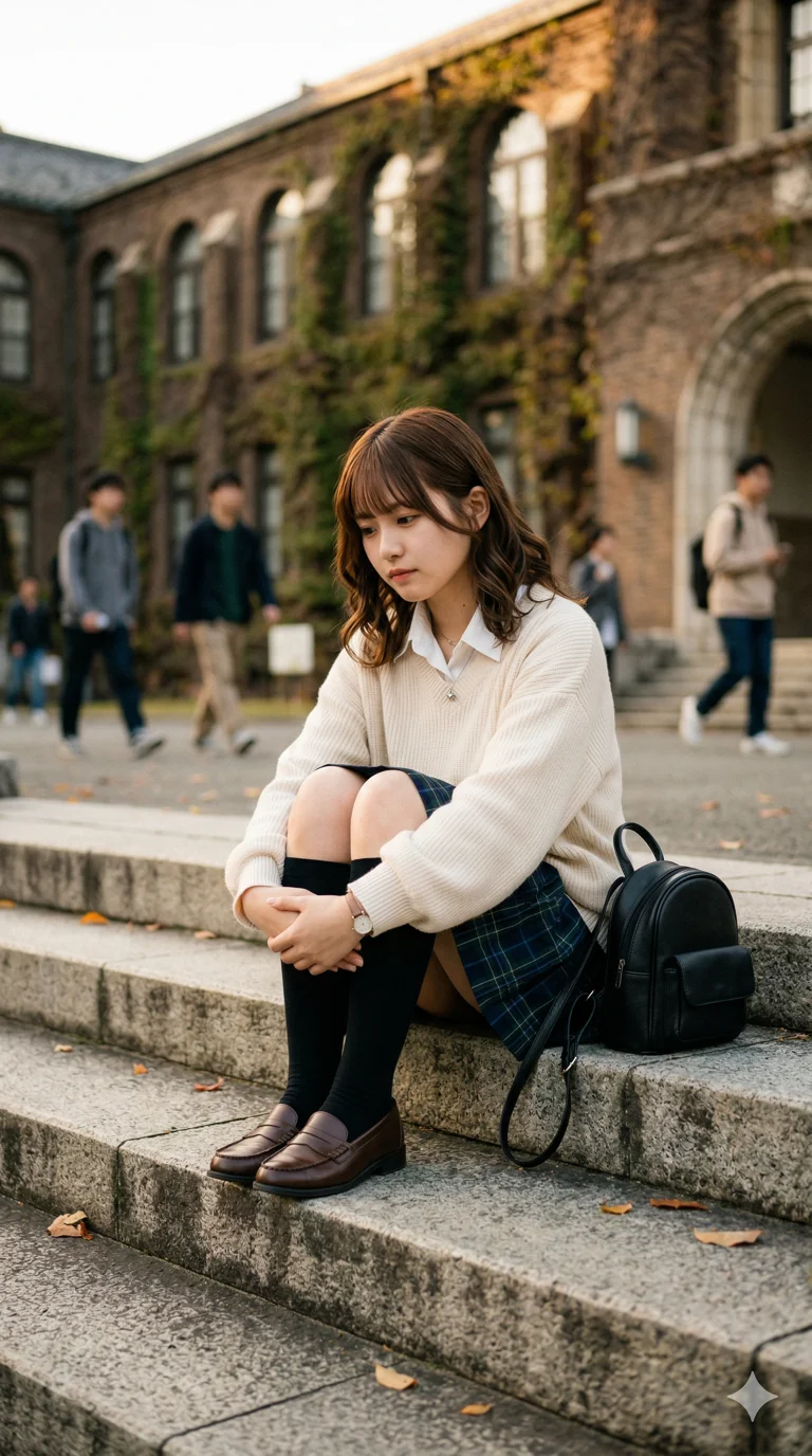 A female college student idol sitting with her knees hugged. 4k, ultra detail, master piece, 9:16 ratio 4k, ultra detail, master piece, 9:16 ratio