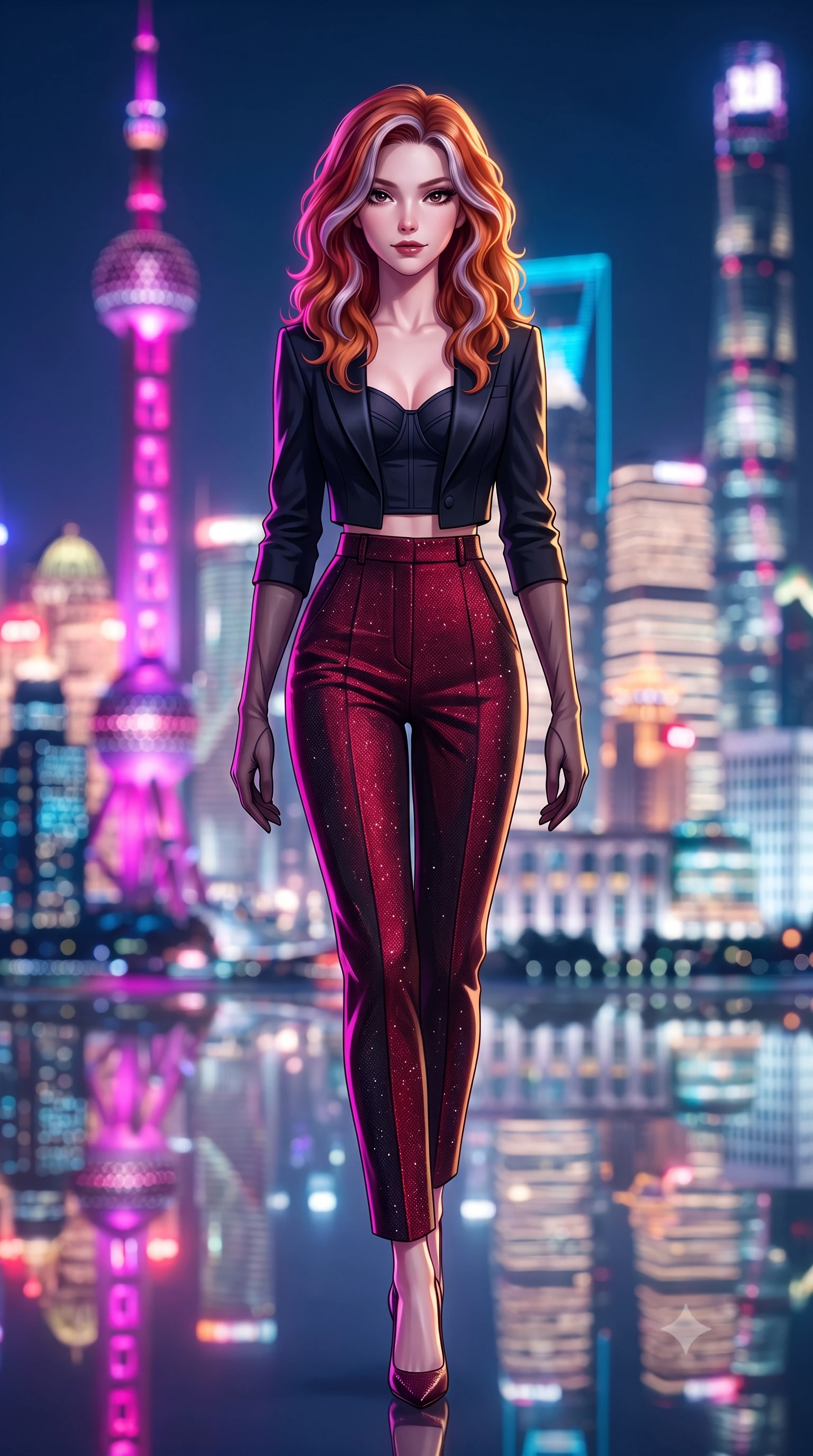 score_9, masterpiece, best quality, ultra-detailed, high-budget anime keyframe, semi-realistic 3D game render, editorial fashion photography, tasteful artistic composition, Caucasian woman. low angle full-body shot from head to toe showing her feet, filling the entire 9:16 vertical frame with her statuesque presence, stretching her vertical silhouette. striding forward gracefully across the reflective floor with sovereign supermodel poise, hips swaying in an alluring kinetic rhythm that accentuates her curvy hourglass silhouette and long slender legs while twisting her slender torso in an alluring S-curve, cool midnight river breezes fluttering her tailored outfit around her curvy hips and long slender legs. The composition keeps background elements in soft focus with dreamy creamy bokeh. the futuristic illuminated towers of Pudong and historic Bund granite facades blurred into dazzling magenta, cyan, and champagne bokeh. She has an exceptionally tall and slender model-like 8.5-heads proportion, an ultra-slim waist, a flat toned midriff, narrow delicate ribcage, and beautifully sculpted feminine hips creating a graceful, slim hourglass silhouette without any bulky heaviness, with impossibly long slender legs. sharp v-shaped jawline, high-bridge nose, intricate jewel-like dark sparkling eyes with dangerous depth, thick curled eyelashes, glossy parted lips with a rich wine sheen, smoldering seductive half-smile with bedroom-eyes, exuding effortless superiority and intoxicating dark allure, flawlessly proportioned anatomical accuracy, strict slender model proportions, natural body alignment, perfectly sculpted long slender limbs, ultra-slim waistline, clean dynamic posture without body distortion. wearing a tailored cropped midnight-black tuxedo blazer worn over a structured bustier top and high-waisted cigarette trousers in ruby crimson and muted shadow black, woven from metallic lurex thread casting subtle starlight glints across the fabric, complemented by sheer dark opera gloves reaching past her elbows, the glove-like silhouette tightly following the natural contour of her hips and long slender legs with youthful 8.5-heads elegance. illuminated by crisp electric magenta and warm gold rim lights sharply carving her razor-sharp jawline, narrow waist, and curvy hips. highly saturated vibrant anime colors, detailed shading with soft gradients, rich glossy textures, high-contrast stereoscopic depth, volumetric dynamic lighting, master piece, 9:16 ratio