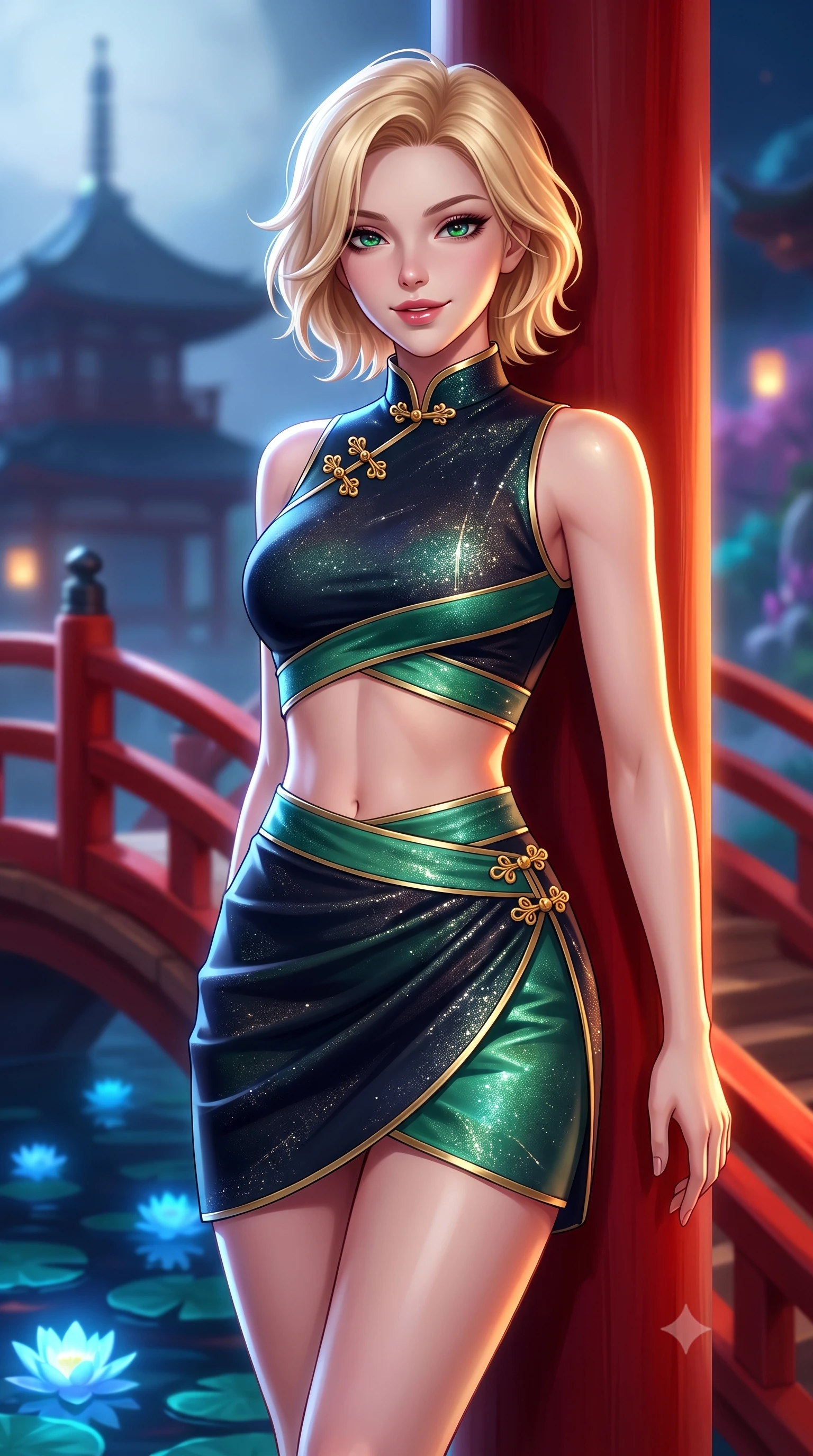 score_9, masterpiece, best quality, ultra-detailed, high-budget anime keyframe, semi-realistic 3D game render, editorial fashion photography, tasteful artistic composition, Caucasian woman. close-up cowboy shot from the waist and thighs up, the character dominates the composition, filling the frame with her large presence. leaning back against the red lacquer pillar with relaxed seductive grace, her flat midriff and narrow waist highlighted as warm lantern light traces her curves while standing poised on the high arched vermilion moon bridge above glowing blue water lilies, arching her spine with celestial oriental grace. The background shows a soft-focus a quiet pagoda silhouette in the distance softened in magical oriental fantasy shallow focus. She has an exceptionally elegant, slender, and willowy female figure with an ultra-slim waist, flat toned midriff, narrow ribcage, and sculpted feminine hips creating an alluring, slim hourglass silhouette without bulk. sharp v-shaped jawline, high-bridge nose, intricate jewel-like dark sparkling almond eyes with depth, thick lashes, glossy parted lips with a natural rose-plum sheen, bright alluring and coquettish smile with bedroom-eyes, exuding both timeless oriental elegance and sovereign high-fashion allure, flawlessly proportioned anatomical accuracy, strict slender model proportions, natural body alignment, perfectly sculpted long slender limbs, ultra-slim waistline, clean dynamic posture without body distortion. wearing a sleek two-piece set featuring an asymmetric cross-over crop top and a wrap-around micro skirt tracing her hips in deep midnight obsidian and luminous imperial jade green, woven from metallic gold and silver thread casting subtle starlight glints, accented with intricate gold frog buttons and a delicate mandarin collar, the high-waisted wrap tailoring accentuating her ultra-slim waistline and the enchanting curve of her feminine hips with alluring oriental charm. illuminated by soft moonlight and sharp platinum rim lights defining her sculpted collarbones, ultra-slim waist, and curvy hips. highly saturated vibrant anime colors, detailed shading with soft gradients, rich glossy textures, high-contrast stereoscopic depth, volumetric dynamic lighting, master piece, 9:16 ratio