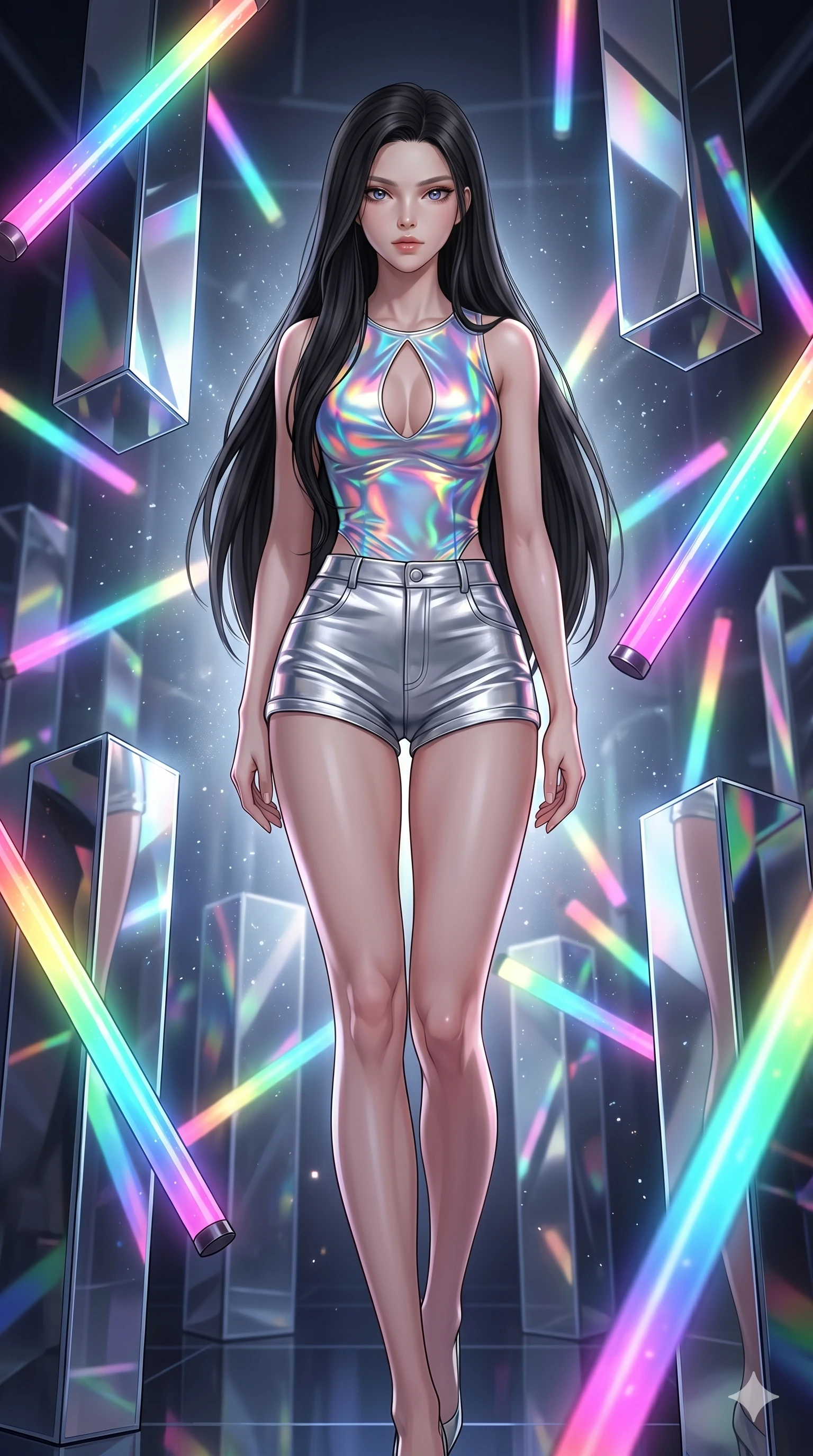 score_9, masterpiece, best quality, ultra-detailed, high-budget anime keyframe, Korean woman. low angle full-body shot filling the entire 9:16 frame with her statuesque presence, stretching the vertical silhouette. navigating a kinetic light-sculpture mirror maze, passing between floating chromium mirror pillars and rotating LED sticks. She has an absolutely perfect 8-heads proportion, an exceptionally tall and slender female figure with impossibly long slender legs and an ultra-slim waist. V-shaped jawline, high-bridge nose, intricate jewel-like eyes with depth, thick eyelashes, glossy lips with a natural sheen.. wearing a holographic liquid silk vest and silver metallic micro-shorts, featuring a keyhole cutout and form-fitting silhouette. illuminated by dramatic chiaroscuro casting soft shadows along her curves, with vibrant backlighting highlighting the dust particles. 2k, ultra detail, master piece, 9:16 ratio