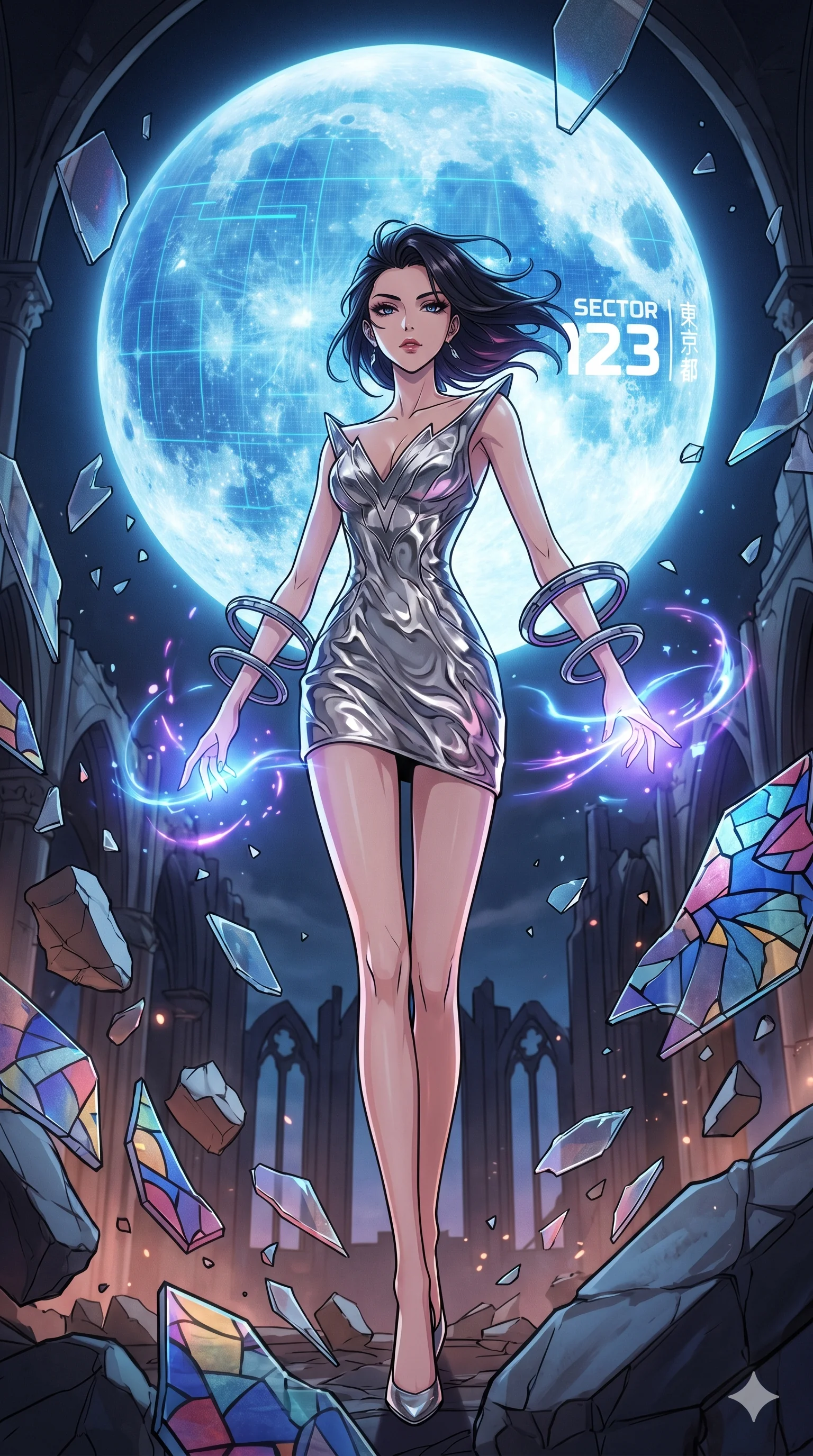 score_9, masterpiece, best quality, ultra-detailed, Set A: High-budget Anime Keyframe, Japanese woman. Low angle cowboy shot filling the entire 9:16 frame with her statuesque presence. Casting a spell through a shattered glass cathedral, with a massive holographic moon rising behind her marked as sector 123 and surrounded by shattered glass fragments. She has an absolutely perfect 8-heads proportion, an exceptionally tall and slender female figure with impossibly long slender legs and an ultra-slim waist. Sharp v-shaped jawline, high-bridge nose, intricate jewel-like eyes with depth, thick eyelashes, glossy lips with a natural sheen. Wearing Molten silver texture dress with a sharp V-neckline and floating mechanical rings. Cinematic lighting, vibrant colors, dramatic shadows, 2k, ultra detail, master piece, 9:16 ratio
