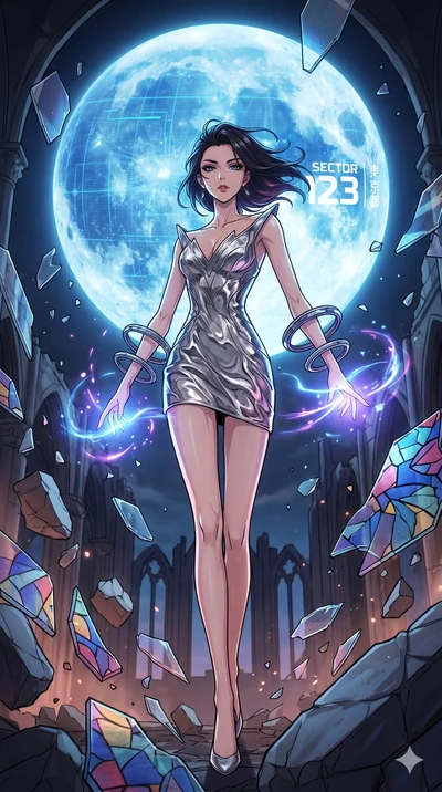 score_9, masterpiece, best quality, ultra-detailed, Set A: High-budget Anime Keyframe, Japanese woman. Low angle cowboy shot filling the entire 9:16 frame with her statuesque presence. Casting a spell through a shattered glass cathedral, with a massi