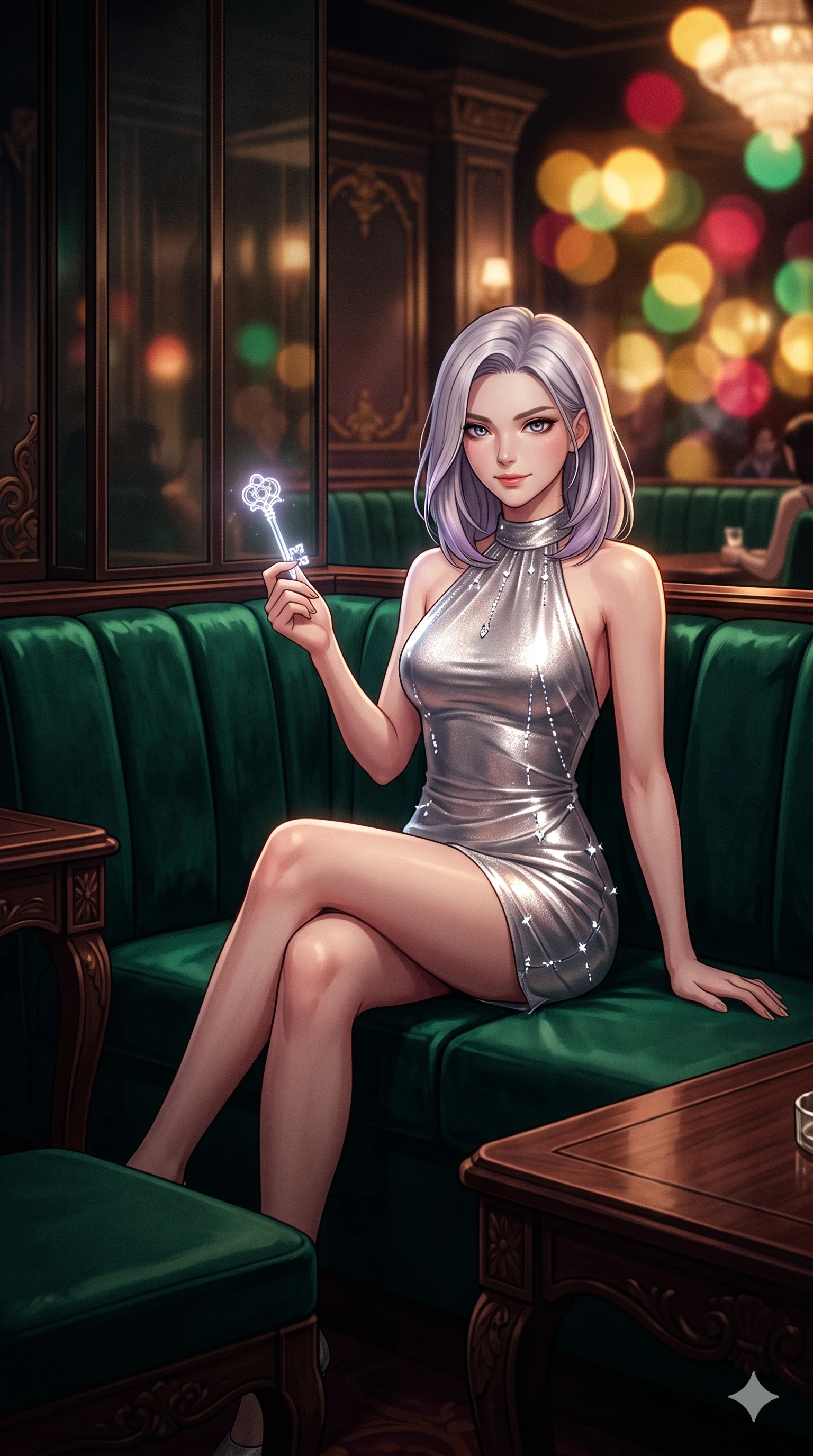 score_9, masterpiece, best quality, ultra-detailed, high-budget anime keyframe, semi-realistic 3D game render, editorial fashion photography, tasteful artistic composition, Caucasian woman. close-up cowboy shot from the waist and thighs up, the character dominates the composition, filling the frame with her large presence. tilting her head with a teasing half-smile, running one hand slowly down the side of her hip in a flirtatious S-curve as ambient light caresses her silhouette while sitting poised in a plush emerald velvet booth with legs crossed, holding a glowing cryptographic key while flashing a subtle, dangerous smile. The background shows a soft-focus carved rosewood tables with ivory and jade tiles, smoked glass sliding panels, and velvet drapes blurred into emerald, ruby, and dark rosewood bokeh. She has an exceptionally elegant, slender, and willowy female figure with an ultra-slim waist, flat toned midriff, narrow ribcage, and sculpted feminine hips creating an alluring, slim hourglass silhouette without bulk. sharp v-shaped jawline, high-bridge nose, intricate jewel-like sparkling eyes with depth, thick eyelashes, glossy parted lips with a natural sheen, intensely captivating and seductive bedroom-eyes expression, exuding both youthful cute charm and sovereign luxury allure, flawlessly proportioned anatomical accuracy, strict slender model proportions, natural body alignment, perfectly sculpted long slender limbs, ultra-slim waistline, clean dynamic posture without body distortion. wearing an alluring backless metallic lamé halterneck mini dress with deep scoop back down to her lower spine and thigh-high slit in shimmering silver mercury and pearl white, woven from buttery-soft stretch lambskin leather adhering to her body like a second skin, finished with delicate crystal-encrusted thigh garter straps glinting in the dim light, the form-contouring material adhering flawlessly to her sculpted flat midriff and slender torso, emphasizing her long leg lines and perfectly proportioned willowy build. bathed in low-key, high-contrast chiaroscuro lighting with narrow green and amber spotlights on the gaming table. highly saturated vibrant anime colors, detailed shading with soft gradients, rich glossy textures, high-contrast stereoscopic depth, volumetric dynamic lighting, master piece, 9:16 ratio