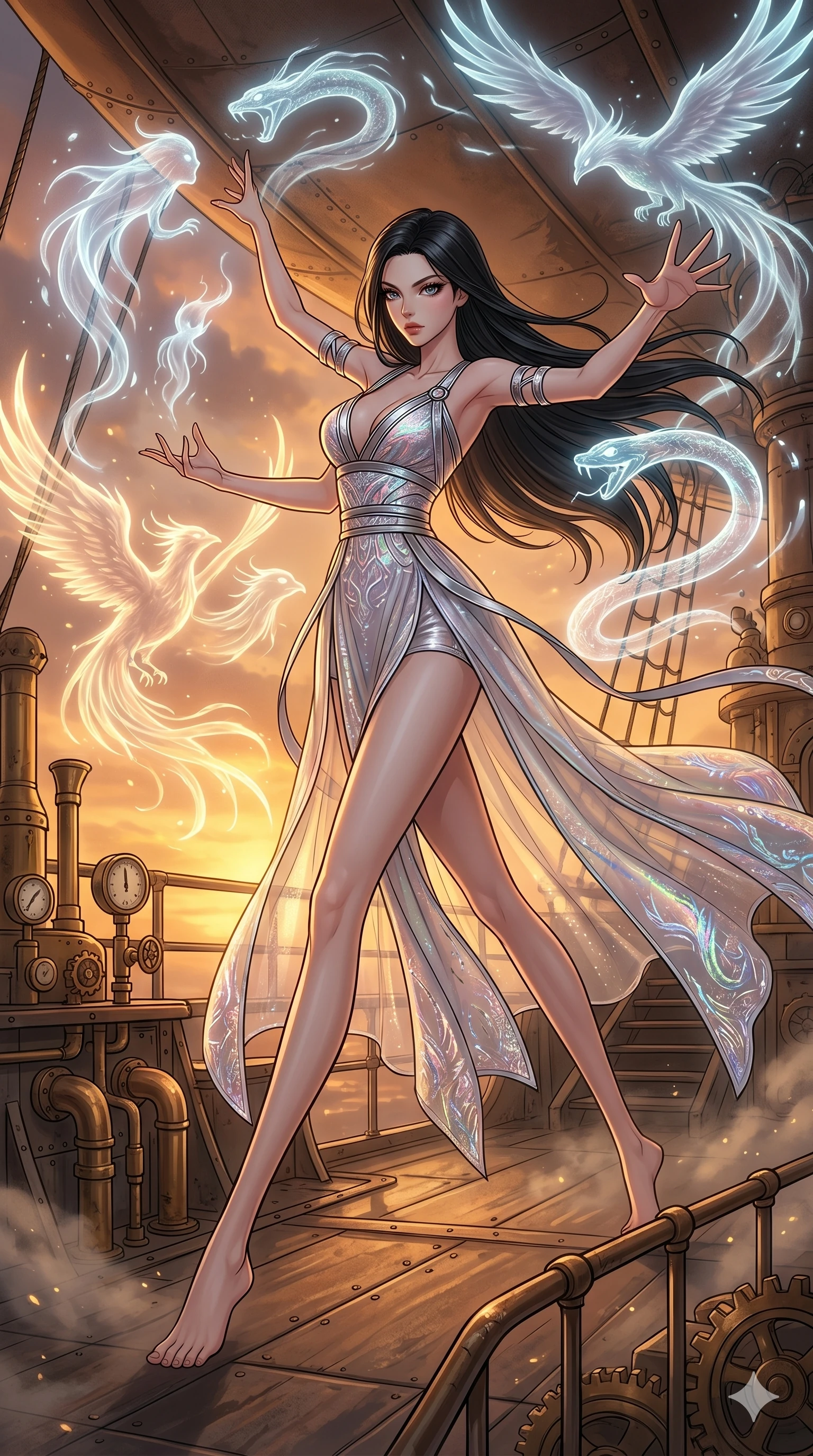 score_9, masterpiece, best quality, ultra-detailed, high-budget anime movie keyframe, cinematic anime lighting, intricate line art, Caucasian (strictly human ears) woman. Dynamic full-body shot stretching the vertical silhouette across the 9:16 frame. summoning mystical spirits in a steampunk airship deck during a golden sunset. She has an absolutely perfect 8-heads proportion, an exceptionally tall and slender female figure with an ultra-slim waist and impossibly long slender legs. sharp v-shaped jawline, high-bridge nose, intricate jewel-like eyes, thick eyelashes, glossy lips. Wearing modernized deep-plunging silk hanbok-fusion with metallic straps, a high-slit sheer skirt over micro-shorts, and holographic embroidered patterns. The scene is illuminated by dramatic atmospheric lighting and vibrant color palettes. , 2k, ultra detail, master piece, 9:16 ratio