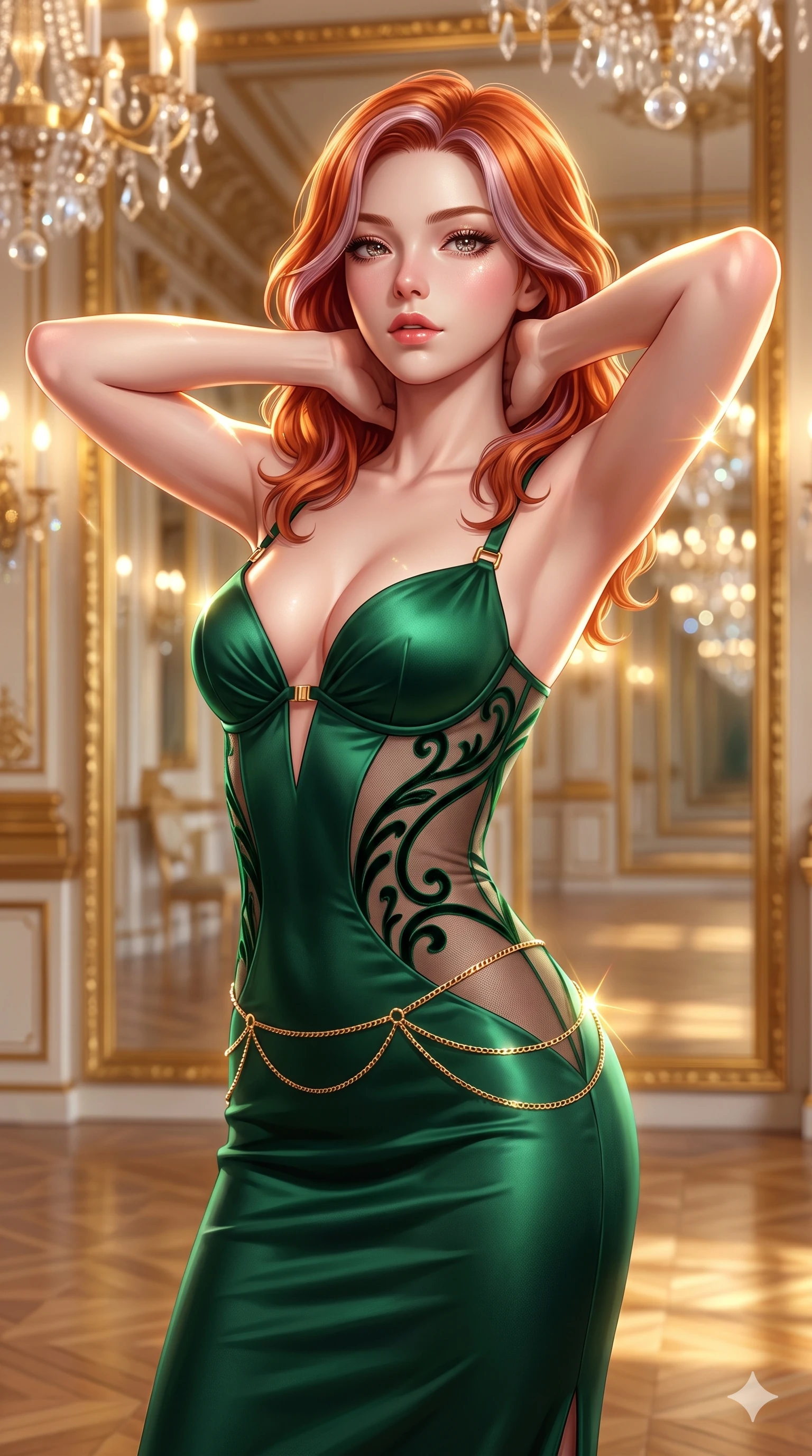 score_9, masterpiece, best quality, ultra-detailed, high-budget anime keyframe, semi-realistic 3D game render, editorial fashion photography, tasteful artistic composition, Caucasian woman. close-up cowboy shot from the waist and thighs up, the character dominates the composition, filling the frame with her large presence. resting both hands lightly behind her neck with elbows raised, arching her spine to highlight her narrow waist, flat midriff, and breathtaking collarbones while twisting her slender torso in an alluring contrapposto stance, crystal sconce refractions and gilded frame reflections tracing her flat midriff and hourglass curves. The background shows a soft-focus infinite receding gilded mirror reflections, multi-tiered crystal chandeliers, and polished parquet flooring blurred into gold, crystal, and champagne bokeh. She has an exceptionally elegant, slender, and willowy female figure with an ultra-slim waist, flat toned midriff, narrow ribcage, and sculpted feminine hips creating an alluring, slim hourglass silhouette without bulk. sharp v-shaped jawline, high-bridge nose, intricate jewel-like sparkling eyes with depth, thick eyelashes, glossy parted lips with a natural sheen, intensely captivating and seductive bedroom-eyes expression, exuding both youthful cute charm and sovereign luxury allure, flawlessly proportioned anatomical accuracy, strict slender model proportions, natural body alignment, perfectly sculpted long slender limbs, ultra-slim waistline, clean dynamic posture without body distortion. wearing an alluring plunging sweetheart bodice dress with sheer mesh side-waist cutouts contouring her ribs in deep emerald green satin and gold hardware accents, made of sheer contouring power-mesh with velvet flocking patterns, accented with a dainty gold belly chain resting across her flat midriff and curving hips, the form-contouring cut accentuating her sculpted flat midriff, narrow delicate ribcage, and gracefully curvy hips with intoxicating allure. illuminated by mirrored wall bounce and sharp diamond-gold rim lights carving her sculpted collarbones, ultra-slim waist, and curvy hips. highly saturated vibrant anime colors, detailed shading with soft gradients, rich glossy textures, high-contrast stereoscopic depth, volumetric dynamic lighting, master piece, 9:16 ratio