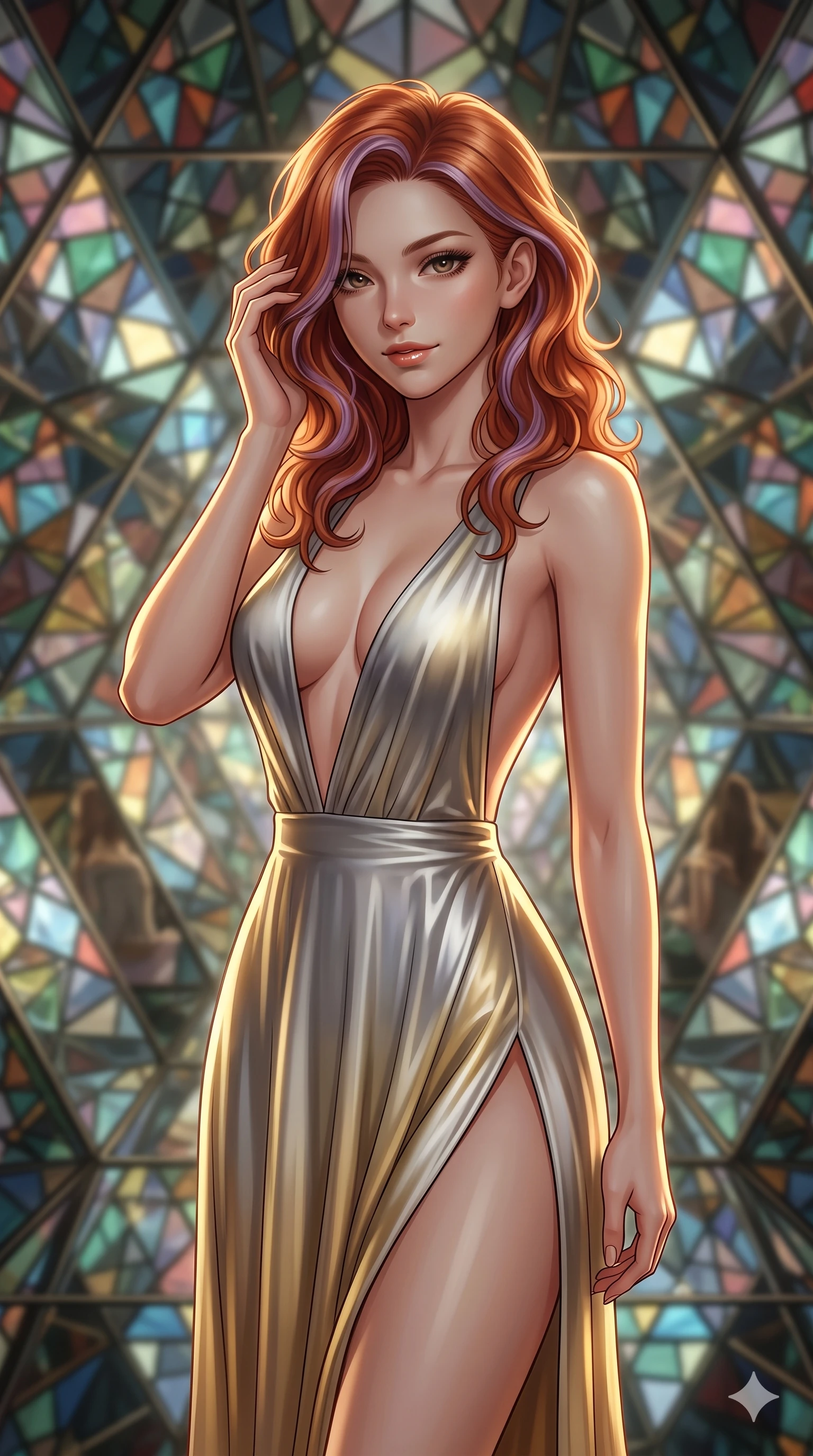 score_9, masterpiece, best quality, ultra-detailed, high-budget anime keyframe, editorial fashion photography, tasteful artistic composition, Caucasian woman, strictly human ears. close-up cowboy shot from the waist and thighs up, the character dominates the composition, filling the frame with her large presence, background elements kept in soft focus. Gently brushing hair from her face with an enigmatic half-smile. set against a soft-focus background of walking through the interior of a building-sized kaleidoscope where angled mirrors multiply geometric patterns of colored glass into infinite symmetrical fractals stretching in every direction. She has an exceptionally elegant and slender, willowy female figure with an ultra-slim waist, a gracefully sculpted slender torso, and a refined slim physique. sharp v-shaped jawline, high-bridge nose, intricate jewel-like eyes with depth, thick eyelashes, glossy lips with a natural sheen. wearing a deep plunging-V neck maxi dress in a liquid silver and gold gradient, featuring a bold open-back and a daring high slit ascending to mid-thigh. dramatic chiaroscuro with a single golden key light sculpting her silhouette. 2k, ultra detail, master piece, 9:16 ratio