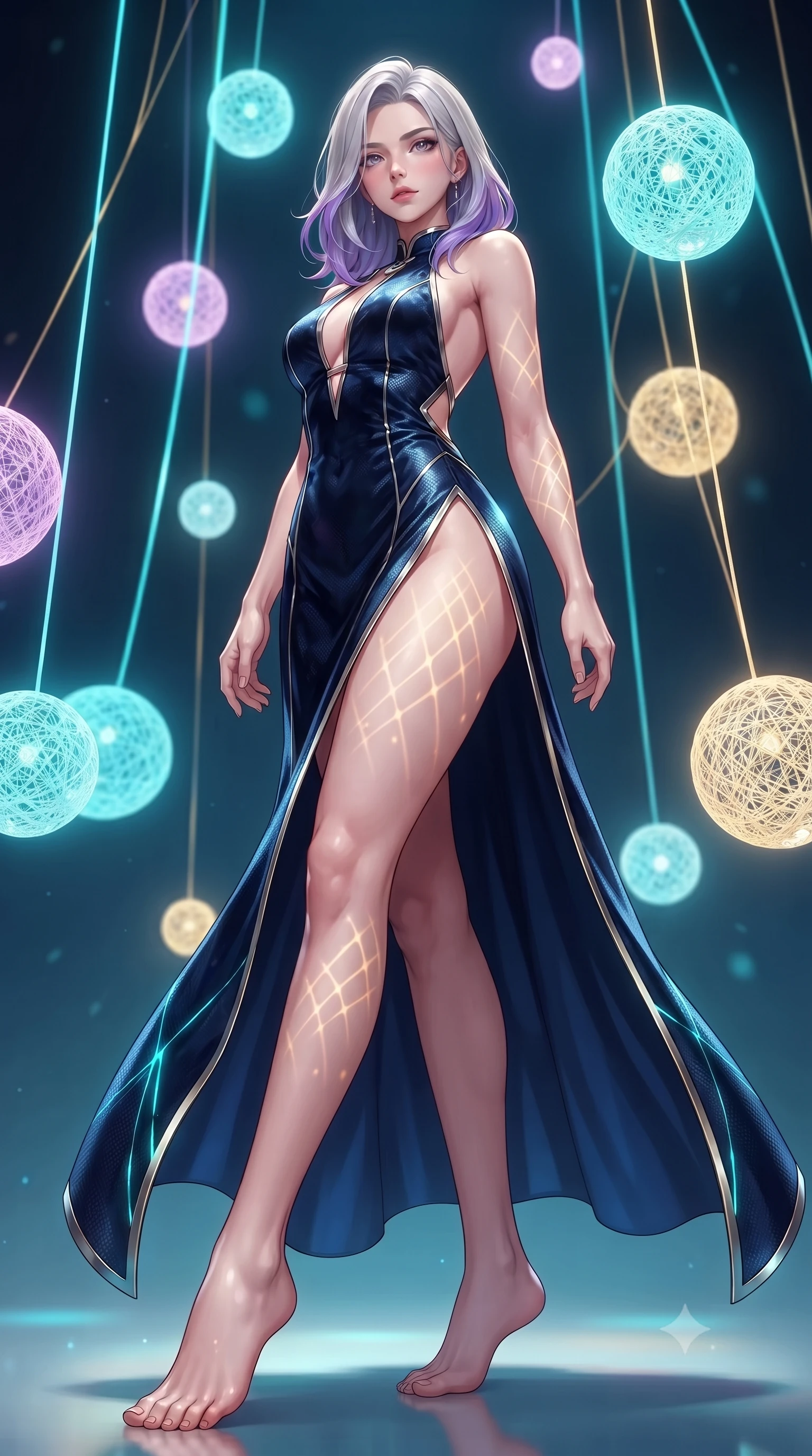 score_9, masterpiece, best quality, ultra-detailed, high-budget anime keyframe, editorial fashion photography, tasteful artistic composition, Caucasian woman. low angle full-body shot from head to toe showing her feet, filling the entire 9:16 vertical frame with her statuesque presence, stretching her vertical silhouette. navigating the luminous space with effortless poise, displaying her perfect model proportions resting amidst suspended illuminated yarn spheres glowing with pastel tones, intricate geometric lattice patterns of light projected onto her skin. She has an absolutely perfect, statuesque 8.5-heads proportion, an exceptionally tall and slender model-like female figure with impossibly long slender legs and an ultra-slim waist. sharp v-shaped jawline, high-bridge nose, intricate jewel-like eyes with depth, thick eyelashes, glossy lips with a natural sheen. wearing a backless crushed velvet gown with a deep V-neckline and high thigh slit in midnight navy blue and chrome trim, made of fine carbon-fiber weave and soft matte leather, accented with a Tasteful chest slit framing her clavicle gracefully, the sleek second-skin texture accentuating her magnetic presence. illuminated by the brilliant glow of cyan and gold luminescent threads. highly saturated vibrant anime colors, detailed shading with soft gradients, rich glossy textures, high-contrast stereoscopic depth, volumetric dynamic lighting, master piece, 9:16 ratio