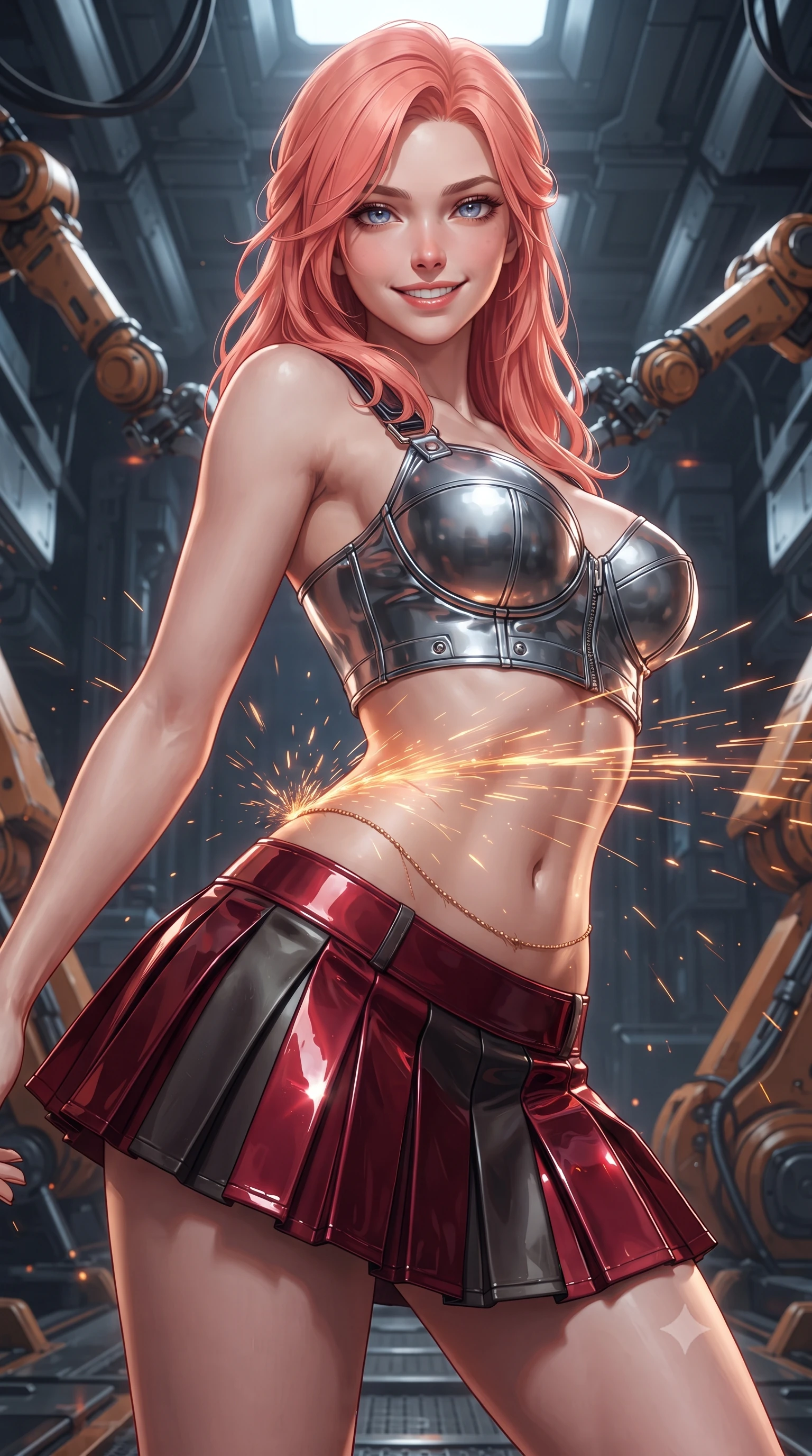 score_9, masterpiece, best quality, ultra-detailed, high-budget anime keyframe, editorial fashion photography, tasteful artistic composition, Japanese woman. close-up cowboy shot from the waist and thighs up, the character dominates the composition, filling the frame with her large presence. leaning forward while arching her lower back to accentuate her curvy hips, looking into the camera with an intoxicating smoldering gaze and bedroom-eyes while twisting her slender torso in an alluring contrapposto stance, cascades of welding sparks painting dynamic molten gold light ribbons across her narrow waist and hips. The surrounding environment is rendered in vivid detail and crisp panoramic clarity: sharp ablative armor plate seams, hydraulic robotic arm joints, and crisp glowing weld beads in deep focus. She has an exceptionally elegant, slender, and willowy female figure with an ultra-slim waist, flat toned midriff, narrow ribcage, and sculpted feminine hips creating an alluring, slim hourglass silhouette without bulk. sharp v-shaped jawline, high-bridge nose, intricate jewel-like sparkling eyes with depth, thick eyelashes, glossy parted lips with a natural peach sheen, bright cheerful beaming smile with an enchanting and coquettish sensual glint, exuding both youthful cute charm and seductive allure, flawlessly proportioned anatomical accuracy, strict slender model proportions, natural body alignment, perfectly sculpted long slender limbs, ultra-slim waistline, clean dynamic posture without body distortion. wearing a chrome-plated tactical combat bustier top with reinforced underwire paired with a low-rise pleated micro combat skirt in deep crimson hazard red and matte dark titanium, tailored from high-gloss patent leather with mirror-like specular highlights, accented with a dainty gold belly chain resting across her flat midriff and curving hips, the impeccably tailored cut draping gracefully along her slender figure with aristocratic poise. illuminated by dark hull reflection bounce and sharp molten-gold rim lights sculpting her razor-sharp jawline, narrow waist, and curvy hips. ultra-reflective glossy finish, specular highlights, rich textural contrasts, high-contrast stereoscopic depth, volumetric dynamic lighting, 2k, ultra detail, master piece, 9:16 ratio