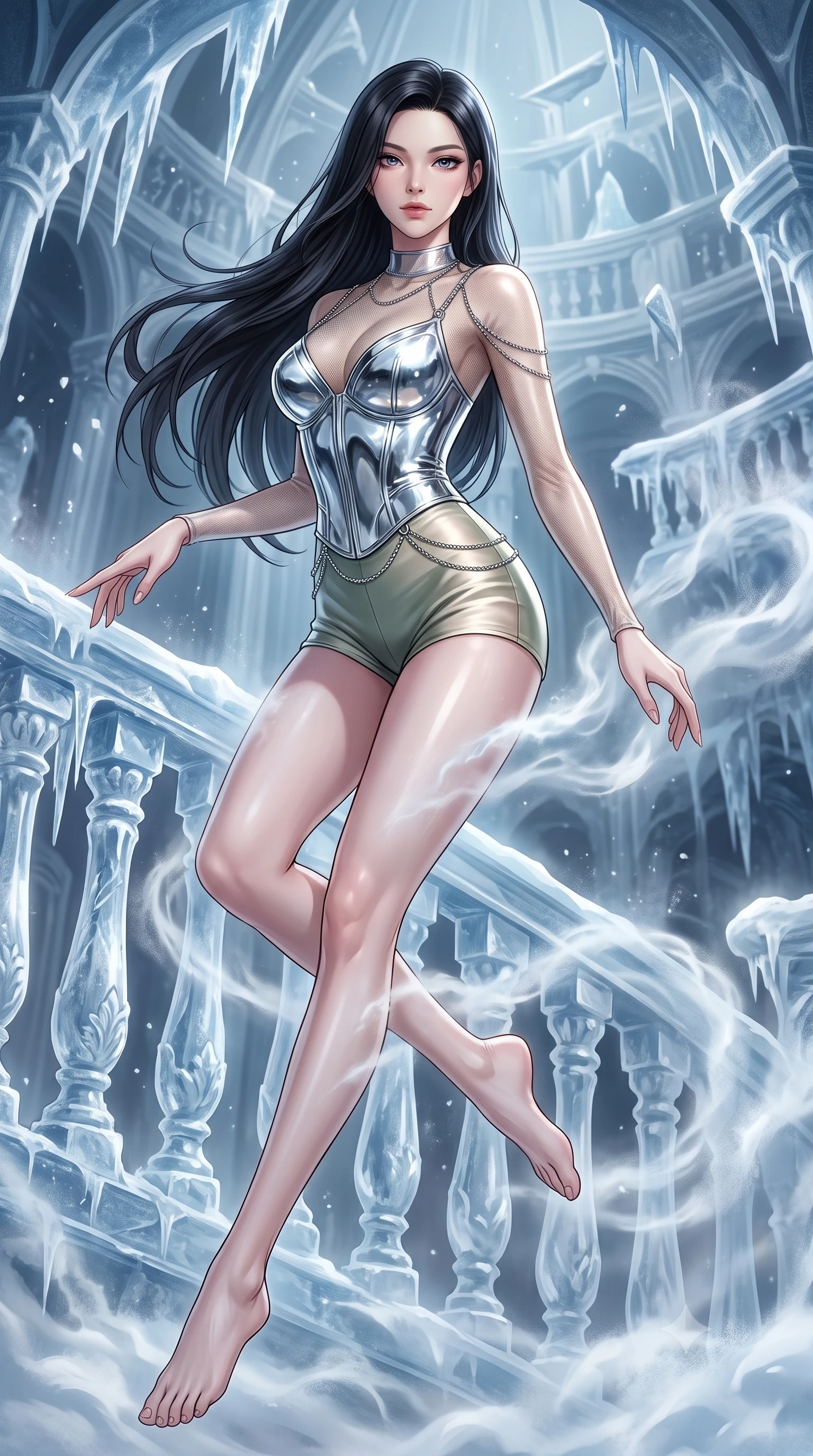score_9, masterpiece, best quality, ultra-detailed, high-budget anime keyframe, editorial fashion photography, tasteful artistic composition, Korean woman. low angle full-body shot from head to toe showing her feet, filling the entire 9:16 vertical frame with her statuesque presence, stretching her vertical silhouette. pivoting dynamically in zero-gravity with fluid body alignment, displaying her perfect model proportions while resting her fingers gracefully near a carved ice balustrade as frosty mist drifts nearby, sub-zero mist swirling gently around her long slender legs and athletic build. She has an absolutely perfect, statuesque 8.5-heads proportion, an exceptionally tall and slender model-like female figure with impossibly long slender legs and an ultra-slim waist. sharp v-shaped jawline, high-bridge nose, intricate jewel-like eyes with depth, thick eyelashes, glossy lips with a natural sheen, flawlessly proportioned anatomical accuracy, natural body alignment, perfectly sculpted elegant limbs, clean dynamic posture without body distortion. wearing a chrome-plated structured bodice worn over a sheer mesh top and micro-shorts in sage green and oatmeal, crafted from smooth liquid silk, adorned with delicate metallic chain straps along the neckline, the form-contouring material highlighting her ultra-slim waist and long lines. illuminated by dramatic opera key lights with ultra-bright specular highlights. highly saturated vibrant anime colors, detailed shading with soft gradients, rich glossy textures, high-contrast stereoscopic depth, volumetric dynamic lighting, master piece, 9:16 ratio