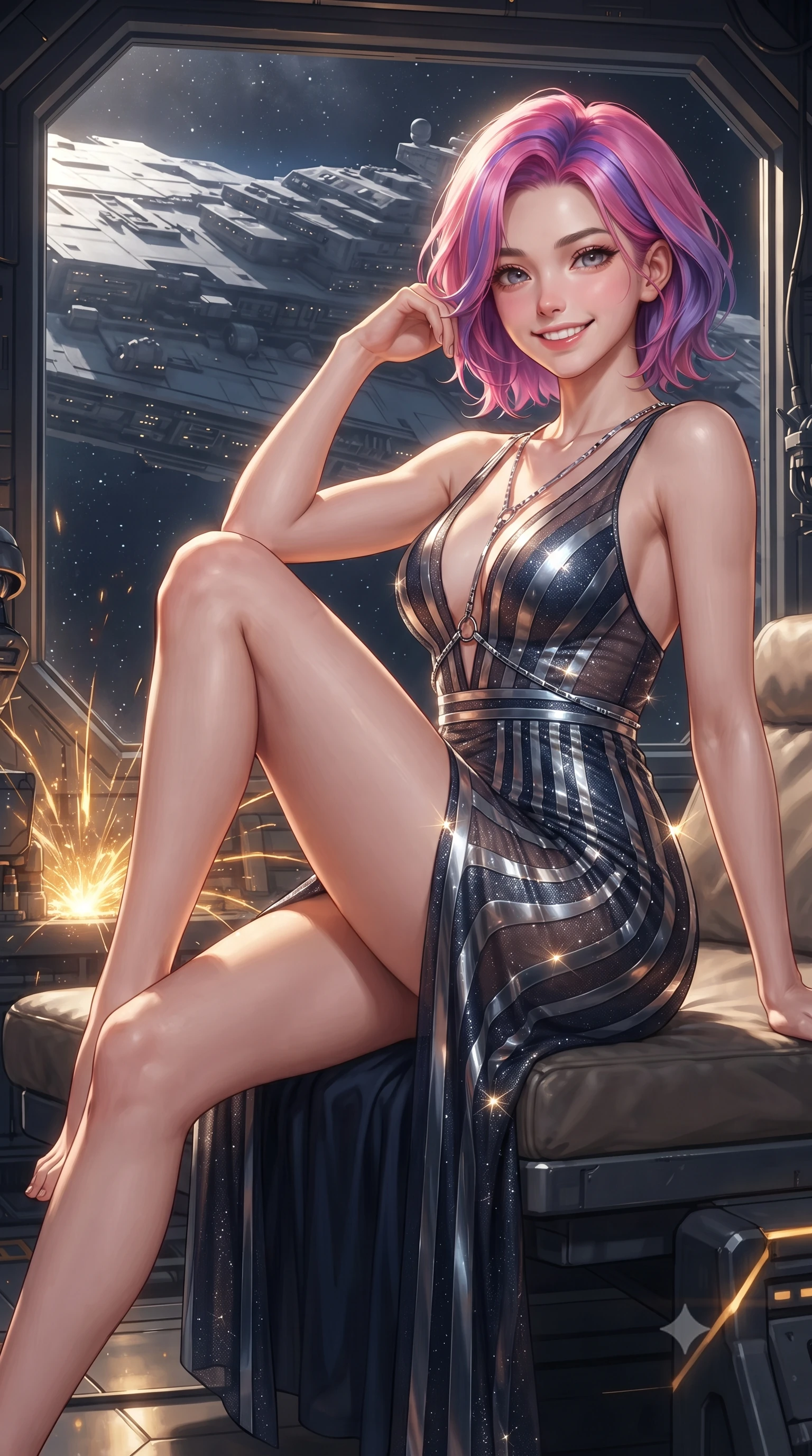 score_9, masterpiece, best quality, ultra-detailed, high-budget anime keyframe, editorial fashion photography, tasteful artistic composition, Caucasian woman. close-up cowboy shot from the waist and thighs up, the character dominates the composition, filling the frame with her large presence. perched sideways on the lounge seat, one knee drawn up to showcase her slender leg line while her arched back accentuates her feminine hip curve while lounging gracefully across the floating inspection platform propped on one elbow with legs extended, displaying her long slender limbs and statuesque hourglass silhouette against the colossal starship hull. The surrounding environment is rendered in vivid detail and crisp panoramic clarity: detailed haute-couture tactical jumpsuit texture, liquid fabric drape, and colossal starship construction engineering in razor-sharp precision. She has an exceptionally elegant, slender, and willowy female figure with an ultra-slim waist, flat toned midriff, narrow ribcage, and sculpted feminine hips creating an alluring, slim hourglass silhouette without bulk. sharp v-shaped jawline, high-bridge nose, intricate jewel-like sparkling eyes with depth, thick eyelashes, glossy parted lips with a natural peach sheen, bright cheerful beaming smile with an enchanting and coquettish sensual glint, exuding both youthful cute charm and seductive allure, flawlessly proportioned anatomical accuracy, strict slender model proportions, natural body alignment, perfectly sculpted long slender limbs, ultra-slim waistline, clean dynamic posture without body distortion. wearing a plunge-front sheer illusion tulle combat slip dress with liquid platinum ribbon stripes hugging her curves in midnight carbon navy and polished chrome, woven from stretch metallic lurex jersey casting radiant starlight glints across her curves, accented with a chrome-drop body harness subtly framing her dewy collarbones and spine, the second-skin tailored fabric adhering flawlessly to her sculpted flat midriff and slender torso, emphasizing her long leg lines and perfectly proportioned willowy build. bathed in high-contrast golden welding arcs contrasted with deep obsidian shadow gradients and starlight. ultra-reflective glossy finish, specular highlights, rich textural contrasts, high-contrast stereoscopic depth, volumetric dynamic lighting, 2k, ultra detail, master piece, 9:16 ratio