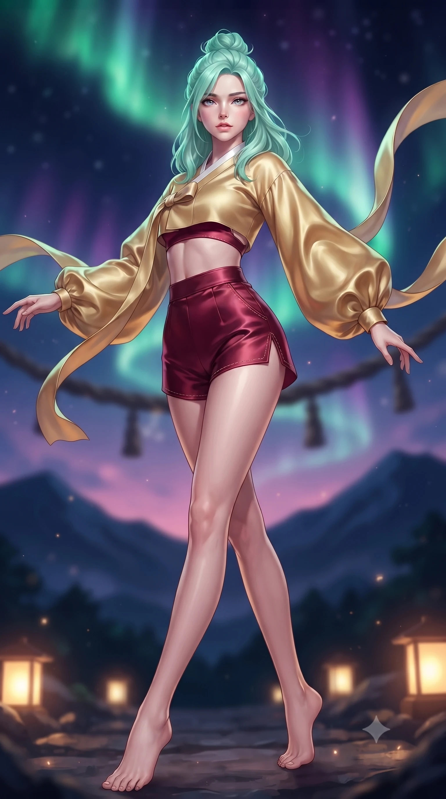 score_9, masterpiece, best quality, ultra-detailed, high-budget anime keyframe, editorial fashion photography, tasteful artistic composition, Japanese woman. low angle full-body shot from head to toe showing her feet, filling the entire 9:16 vertical frame with her statuesque presence, stretching her vertical silhouette. pivoting dynamically with supreme athletic balance and poise, her impossibly long slender legs creating a breathtaking line while pivoting dynamically as sacred shimenawa ropes sway in the mountain wind, her flowing silk sleeves catching the celestial glow. The composition keeps background elements in soft focus with creamy bokeh. swirling emerald and violet aurora ribbons and dark mountain silhouettes blurred into deep indigo, magenta, and teal bokeh. She has an absolutely perfect, statuesque 8.5-heads proportion, an exceptionally tall and slender model-like female figure with impossibly long slender legs, a toned flat midriff, and an ultra-slim waist. sharp v-shaped jawline, high-bridge nose, intricate jewel-like eyes with depth, thick eyelashes, glossy lips with a natural sheen, captivating and magnetic expression, flawlessly proportioned anatomical accuracy, strict slender model proportions, natural body alignment, perfectly sculpted long slender limbs, ultra-slim waistline, clean dynamic posture without body distortion. wearing a modern shortened cyber-hanbok crop top with wide billowing sleeves and high-waist silk shorts in imperial gold and deep crimson silk, tailored from traditional lustrous satin with delicate hand-stitched borders, complemented by long flowing silk arm ribbons that float weightlessly in the air, the precision-cut daring openings accentuating her delicate midriff, graceful bare collarbones, and ultra-slim feminine waistline. bathed in vibrant emerald and violet aurora light overhead and warm golden lantern uplights from below. ultra-reflective glossy finish, specular highlights, rich textural contrasts, high-contrast stereoscopic depth, volumetric dynamic lighting, 2k, ultra detail, master piece, 9:16 ratio