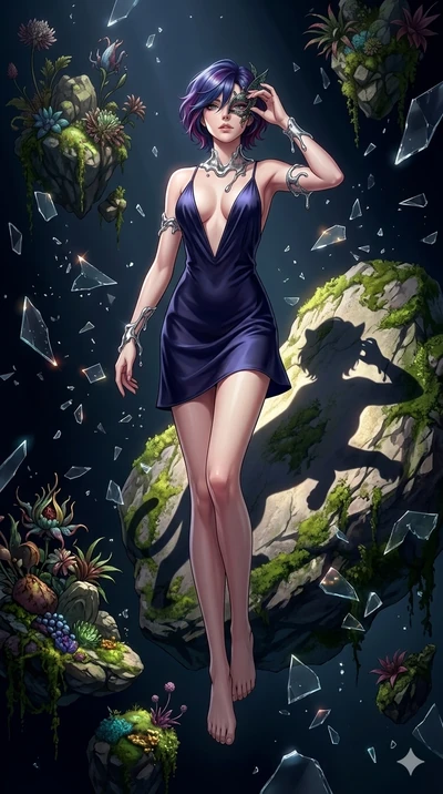 score_9, masterpiece, best quality, ultra-detailed, Set A: High-budget Anime Keyframe, Japanese woman. Low angle cowboy shot filling the entire 9:16 frame with her statuesque presence. Adjusting a mask through a floating botanical garden, while her s