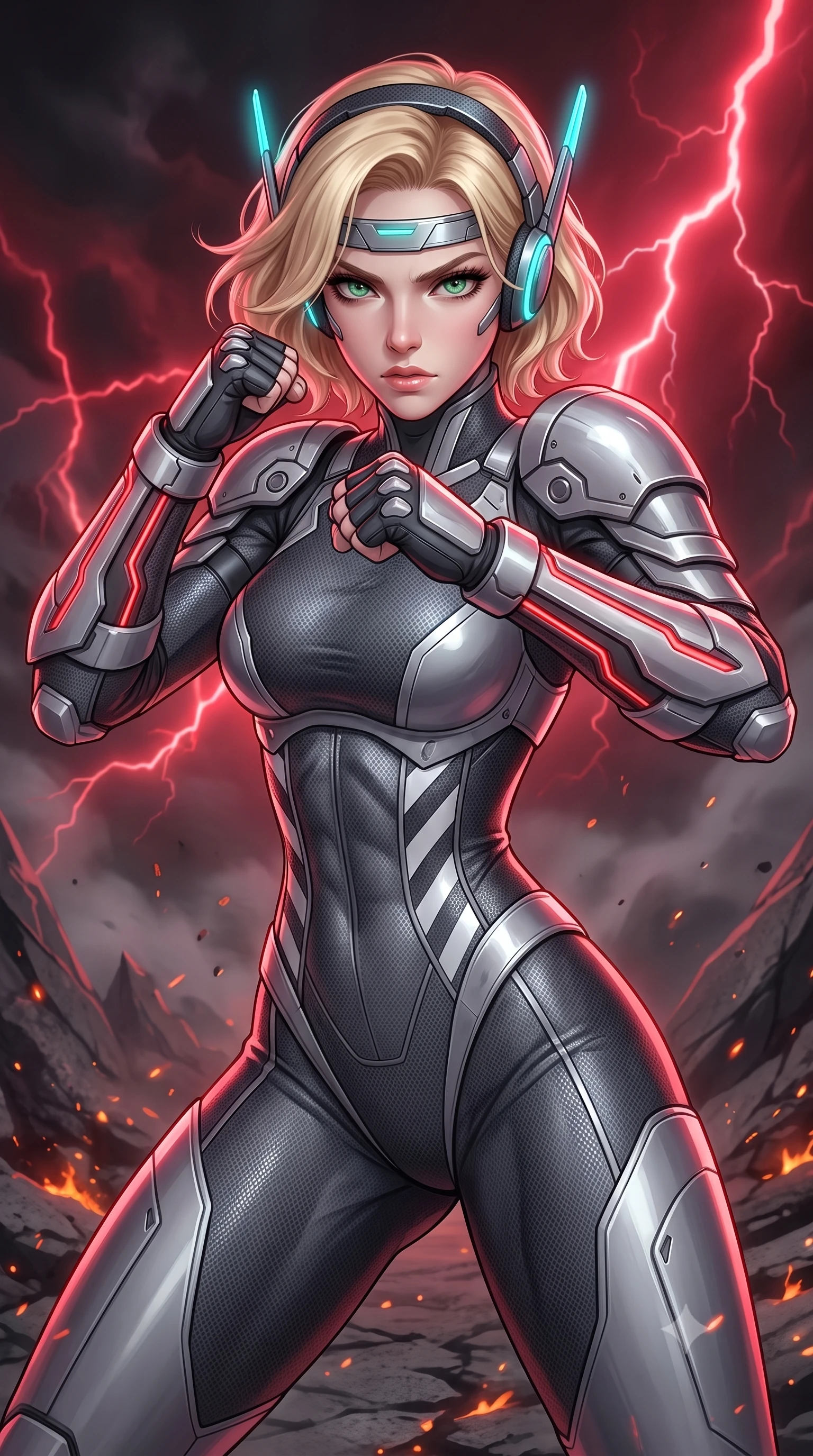 score_9, masterpiece, best quality, ultra-detailed, high-budget anime keyframe, semi-realistic 3D game render, editorial fashion photography, tasteful artistic composition, Caucasian woman. close-up cowboy shot from the waist and thighs up, the character dominates the composition, filling the frame with her large presence. in a razor-sharp Panzer Kunst fighting guard with raised fists, captivating jewel-like eyes locked onto the viewer with fierce, resolute determination while arching her spine in a fluid motion as she parries an unseen shockwave with her reinforced kinetic forearm bracers. The surrounding environment is rendered in vivid detail and crisp panoramic clarity. sharp carbon pauldron edge bevels, glowing red conduit lines, and textured ash ground in deep focus. She has an exceptionally elegant, slender, and willowy female figure with an ultra-slim waist, a gracefully sculpted slender torso, toned flat midriff, and a refined slim silhouette. sharp v-shaped jawline, high-bridge nose, intricate jewel-like eyes with depth, thick eyelashes, glossy lips with a natural sheen, fierce and resolute heroine expression, flawlessly proportioned anatomical accuracy, strict slender model proportions, natural body alignment, perfectly sculpted long slender limbs, ultra-slim waistline, clean dynamic posture without body distortion. wearing a lightweight carbon-fiber tactical sensory headpiece with glowing cyan ear-antennae and an ultra-thin forehead HUD brow-band, paired with a statuesque high-fashion cyber-warrior armor suit with platinum bevels, heavy articulated shoulder guards, and an ultra-slim waist-cinching corset in storm-grey carbon mesh with high-contrast white hazard stripes, made of liquid carbon-jersey fabric accentuating every curve of her tall, slender model proportions, featuring a sleek aerodynamic collar framed by subtle glowing cybernetic status LEDs, the glove-like aerodynamic second-skin fit tightly clinging to her ultra-slender waist and athletic curves without adding bulk, accentuating her razor-sharp statuesque lines and slim hourglass silhouette. bathed in eerie crimson lightning storm backlighting and ominous dark ash ambient fill. rich saturated anime colors with glowing neon highlights, detailed shading with soft gradients, rich glossy textures, high-contrast stereoscopic depth, volumetric dynamic lighting, master piece, 9:16 ratio