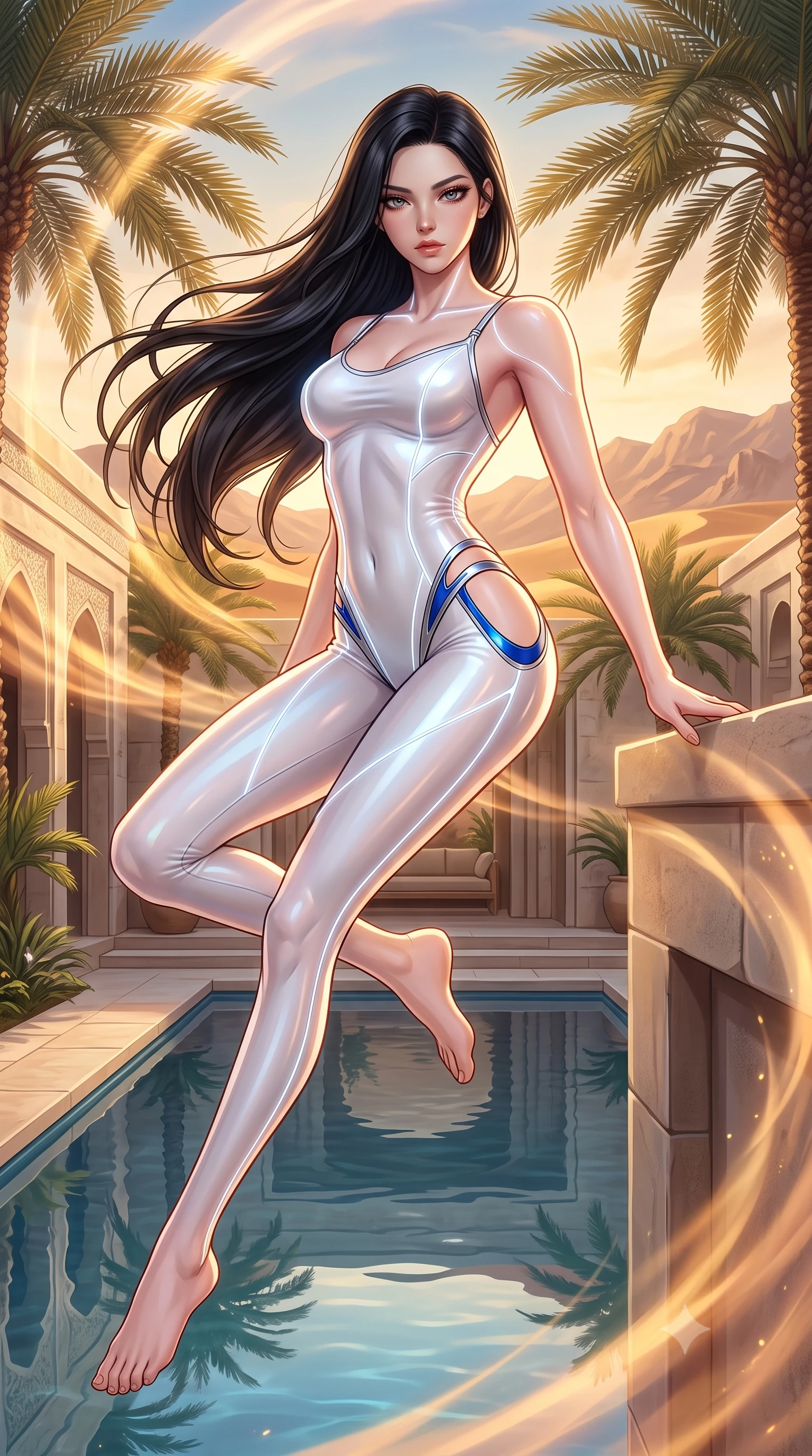 score_9, masterpiece, best quality, ultra-detailed, high-budget anime keyframe, semi-realistic 3D game render, editorial fashion photography, tasteful artistic composition, Korean woman. low angle full-body shot from head to toe showing her feet, filling the entire 9:16 vertical frame with her statuesque presence, stretching her vertical silhouette. performing an alluring mid-air vault with flawless poise, looking directly into the camera with smoldering intensity while stretching her slender torso in an alluring back-arch as desert breezes swirl warm golden light around her. The surrounding environment is rendered in vivid detail and crisp panoramic clarity. intricate modern limestone villa textures, swaying date palm fronds, and calm pool reflections in deep focus. She has an absolutely perfect, statuesque 8.5-heads proportion, an exceptionally tall and slender model-like female figure with impossibly long slender legs, a toned flat midriff, and an ultra-slim waist. sharp v-shaped jawline, high-bridge nose, intricate jewel-like eyes with depth, thick eyelashes, glossy lips with a natural sheen, flawlessly proportioned anatomical accuracy, strict slender model proportions, natural body alignment, perfectly sculpted long slender limbs, ultra-slim waistline, clean dynamic posture without body distortion. wearing a second-skin white liquid-mercury micro-bodysuit sculpted tightly to her slender build, featuring razor-thin metallic straps and hip cutouts in liquid electric cobalt blue and polished silver, tailored from semi-translucent cybernetic vinyl with glowing micro-filaments, accented with glowing fiber-optic seams tracing her collarbones and hip curves, the liquid-tight tailored fabric emphasizing every curve of her tall, slender model proportions and sculptured silhouette during dynamic movement. surrounded by an exotic, romantic, and intensely magnetic golden desert luxury aura. highly saturated vibrant anime colors, detailed shading with soft gradients, rich glossy textures, high-contrast stereoscopic depth, volumetric dynamic lighting, master piece, 9:16 ratio