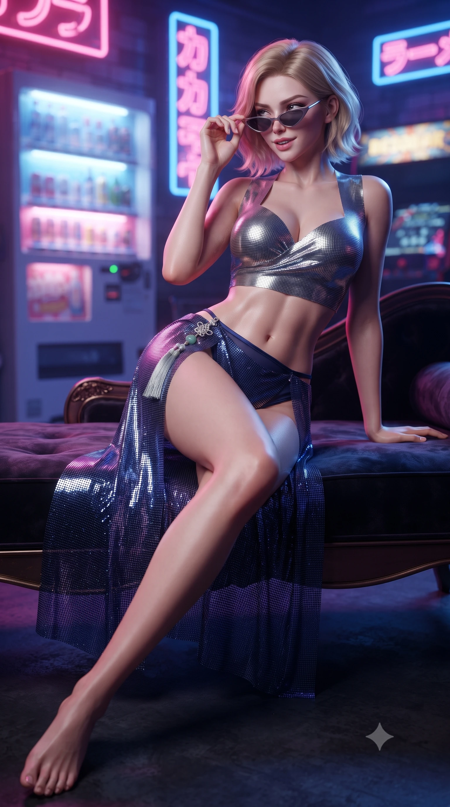 score_9, masterpiece, best quality, ultra-detailed, high-budget anime keyframe, editorial fashion photography, tasteful artistic composition, Caucasian woman. low angle full-body shot from head to toe showing her feet, filling the entire 9:16 vertical frame with her statuesque presence, stretching her vertical silhouette. lounging on the lavish daybed with legs crossed and hips angled toward the camera, displaying her toned midriff and long slender limbs with effortless siren poise while twisting her slender torso in an alluring contrapposto stance beneath hanging neon signs, fingers adjusting her retro sunglasses with a smirk. The background shows a soft-focus vending machine glows softened in nostalgic retro city shallow focus. She has an absolutely perfect, statuesque 8.5-heads proportion, an exceptionally tall and slender model-like female figure with impossibly long slender legs, an ultra-slim waist, a flat toned midriff, narrow delicate ribcage, and beautifully sculpted feminine hips creating a graceful, slim hourglass silhouette without any bulky heaviness. sharp v-shaped jawline, high-bridge nose, sparkling eyes with hypnotic seductive depth, thick curled eyelashes, glossy parted lips with a natural dewy peach sheen, alluring bedroom-eyes with an enchanting coquettish smile, exuding magnetic siren charisma and sophisticated glamour, flawlessly proportioned anatomical accuracy, strict slender model proportions, natural body alignment, perfectly sculpted long slender limbs, ultra-slim waistline, clean dynamic posture without body distortion. wearing a plunging sweetheart-neckline silk jeogori crop top paired with an ultra-high-slit translucent chima wrap skirt and satin briefs in metallic liquid silver and deep sapphire navy, crafted from shimmering fluid chainmail mesh reflecting ambient neon lights, accented with an intricate silver norigae tassel swaying gracefully along her curving hip line, the form-contouring silhouette accentuating her sculpted flat midriff, narrow delicate ribcage, and gracefully curvy hips with intoxicating allure. bathed in saturated neon pink and cobalt blue light spilling horizontally from arcade marquees. ultra-reflective glossy finish, specular highlights, rich textural contrasts, high-contrast stereoscopic depth, volumetric dynamic lighting, 2k, ultra detail, master piece, 9:16 ratio